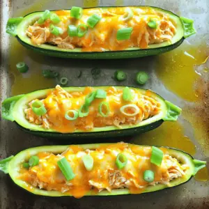 - 4 medium zucchinis - 2 cups cooked shredded chicken - 1/2 cup buffalo sauce - 1/2 cup cream cheese, softened - 1 cup shredded cheddar cheese, divided - 1/2 cup green onions, sliced - Salt and pepper to taste - Olive oil for drizzling I love this recipe because it uses simple, fresh ingredients. First, we need zucchinis. They act as the boat for our filling. Next, cooked shredded chicken gives a great source of protein. Buffalo sauce adds that spicy kick we crave. Cream cheese makes everything creamy and rich. Don’t forget the cheddar cheese! It melts beautifully on top. Green onions add a nice crunch and fresh flavor. Finally, you’ll need salt and pepper to balance everything out. A drizzle of olive oil will help with browning the tops. Gather these ingredients before you start cooking. This way, you will have everything ready to create a delicious meal. 1. Preheat your oven to 375°F (190°C). This is key for even cooking. 2. Rinse the zucchinis under cold water. Slice them in half lengthwise. 3. Use a spoon to scoop out the flesh. This creates the boat shape for the filling. Leave about 1/4 inch of skin to hold the filling. Set the flesh aside for later use. 1. In a mixing bowl, combine cooked shredded chicken, buffalo sauce, cream cheese, half of the cheddar cheese, and sliced green onions. 2. Mix everything well using a spatula. Taste the filling and season with salt and pepper to your liking. 1. If you want, finely chop the reserved zucchini flesh and add it to the filling. This adds flavor and moisture. 2. Carefully spoon the buffalo chicken filling into each zucchini boat. Pack it in gently, so it holds shape. 3. Place the stuffed zucchini boats on a baking sheet lined with parchment paper. Drizzle a light coat of olive oil over the tops. This helps them get crispy. 4. Bake the zucchini boats for 20-25 minutes. About five minutes before they are done, sprinkle the remaining cheddar cheese on top. Return to the oven until the cheese melts and bubbles. - How to ensure zucchinis are cooked perfectly Start by preheating your oven to 375°F (190°C). This sets the right heat for cooking. Slice the zucchinis in half lengthwise and scoop out the flesh, but leave a bit of skin. This helps keep the shape. Bake them for 20-25 minutes. They should be tender but not mushy. - Best practices for filling the zucchini boats Mix shredded chicken, buffalo sauce, cream cheese, half the cheddar, and green onions in a bowl. Taste the mixture and add salt and pepper as needed. For a moist filling, add chopped zucchini flesh. Spoon the filling into the boats, packing gently. Leave some space on top for more cheese. - Presentation tips for serving Place the baked zucchini boats on a pretty platter. Drizzle extra buffalo sauce on top for color and flavor. Garnish with sliced green onions for a fresh look. This makes the dish pop and looks fun! - Pairing ideas with sides or dips Serve with a cool ranch dip or celery sticks for a crunchy side. You can also pair with a fresh salad or some crispy tortilla chips. These sides balance the heat from the buffalo sauce and add more texture. Enjoy! {{image_4}} To make buffalo chicken stuffed zucchini boats gluten-free, check your buffalo sauce. Some sauces may contain gluten. Look for brands that are labeled gluten-free. You can also use gluten-free bread crumbs in the filling for added texture. For vegetarian or vegan options, swap the chicken with a mix of beans or lentils. Use vegan cream cheese and nutritional yeast for a cheesy flavor. This way, you still get a tasty, hearty dish without meat or dairy. Using different types of cheese can change the flavor of your dish. Try pepper jack cheese for a spicy kick or mozzarella for a milder taste. You can mix two or more cheeses to create a unique blend. Adding vegetables to your filling can boost flavor and nutrition. Finely chopped bell peppers, spinach, or mushrooms work great. You can even mix in the reserved zucchini flesh for extra moisture and taste. To store leftovers, place the zucchini boats in an airtight container. Make sure to cool them first. These will stay fresh for up to three days in the fridge. Always check for any signs of spoilage before eating. If they look or smell off, it’s best to toss them. To freeze stuffed zucchini boats, wrap each one tightly in plastic wrap. You can also place them in a freezer-safe bag. They will keep well for up to three months. When you're ready to eat, thaw them in the fridge overnight. For reheating, place the thawed boats in an oven at 350°F (175°C). Bake for about 20 minutes. This helps restore their texture and taste. Enjoy your tasty meal! Can I use raw chicken instead of cooked? No, you should not use raw chicken. Using cooked chicken keeps the dish safe and tasty. Cooked chicken adds flavor and helps the filling mix well with the other ingredients. How long do stuffed zucchini boats last in the fridge? Stuffed zucchini boats can last about 3 days in the fridge. Make sure to store them in an airtight container. This keeps them fresh and ready for you to enjoy later! Can I prepare zucchini boats ahead of time? Yes, you can prepare zucchini boats ahead. You can scoop the zucchinis and make the filling in advance. Just store them separately until you are ready to bake. This saves time on busy days. What can I use instead of buffalo sauce? If you want a milder taste, try using barbecue sauce or ranch dressing. You can also make a homemade sauce using hot sauce mixed with butter. This gives you control over the heat and flavor! This post covered making delicious Buffalo Chicken Stuffed Zucchini Boats. We discussed ingredients, step-by-step instructions, and tips for cooking. You learned about variations and how to store leftovers. Try these boats for a tasty meal. They are simple to make and can please many taste buds. Enjoy creating your own version with the tips shared here. Cooking can be fun and rewarding!