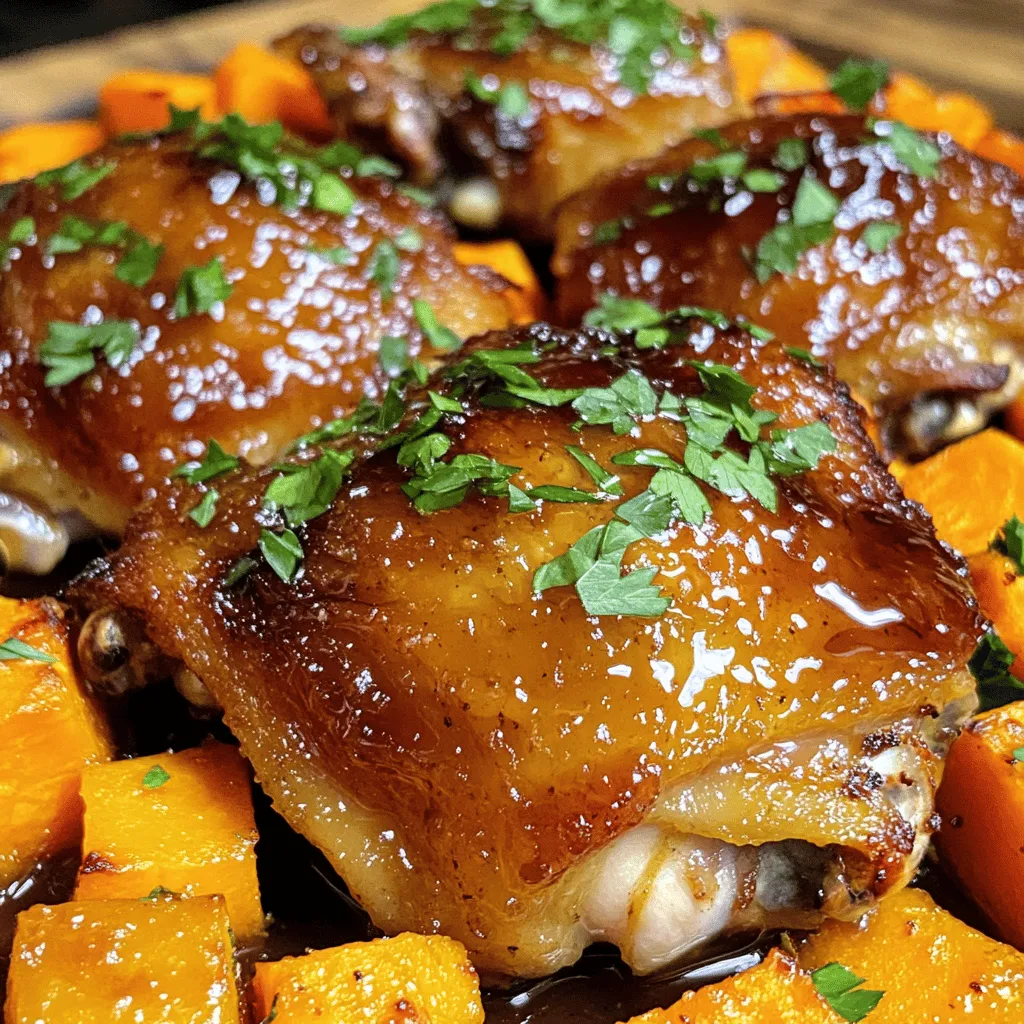 To make Honey Garlic Chicken & Sweet Potatoes Sheet Pan, you will need these simple ingredients: - 4 chicken thighs (bone-in, skin-on) - 2 large sweet potatoes, peeled and cut into 1-inch cubes - ¼ cup honey - 4 cloves garlic, minced - 2 tablespoons low-sodium soy sauce - 1 tablespoon olive oil (for the marinade) - 1 tablespoon olive oil (for sweet potatoes) - ½ teaspoon ground ginger - ½ teaspoon smoked paprika - Salt and pepper to taste - Fresh parsley, chopped (for garnish) Each ingredient plays a key role in making this dish full of flavor. The chicken thighs bring rich taste, while sweet potatoes offer a sweet contrast. Honey and garlic create a sticky glaze that makes every bite delicious. The soy sauce adds depth to the marinade. Olive oil helps everything cook evenly, and spices like ginger and smoked paprika add warmth and complexity. Salt and pepper enhance all the flavors, and fresh parsley gives a bright finish. Gather these ingredients to start your cooking adventure! - Preheat your oven to 400°F (200°C). - Line a large baking sheet with parchment paper for easy cleanup. - In a bowl, whisk together the honey, minced garlic, soy sauce, olive oil, ground ginger, smoked paprika, salt, and pepper. This marinade adds great flavor to the chicken. - Peel and cut the sweet potatoes into 1-inch cubes. Place them in a large bowl. Drizzle with 1 tablespoon olive oil and season with salt and pepper. Toss to coat evenly. - Spread the sweet potatoes on one half of the prepared baking sheet. Make sure they are in a single layer to cook well. - Pat the chicken thighs dry with a paper towel. This helps the skin get crispy. Place the chicken skin-side up on the other half of the baking sheet. - Generously brush the honey garlic marinade over the chicken thighs. Let some sauce drip onto the sweet potatoes for extra flavor. - Roast the baking sheet in the oven for 25-30 minutes. The chicken should reach an internal temperature of 165°F (75°C). The sweet potatoes will be tender and slightly caramelized. - At the halfway mark, stir the sweet potatoes. This helps them roast evenly. - When done, take the baking sheet out of the oven. Let it rest for 5 minutes. This keeps the chicken juicy. - Before serving, sprinkle fresh chopped parsley on top. This adds color and flavor to your dish. - Achieving crispy chicken skin: Pat the chicken thighs dry with a paper towel. The drier the skin, the crispier it gets. Brush on the honey garlic marinade generously for flavor and color. - Ensuring even cooking for sweet potatoes: Cut the sweet potatoes into 1-inch cubes. This size ensures they cook evenly. Spread them in a single layer on the baking sheet. Stir them halfway through the cooking time for perfect roasting. - Adding spices or herbs: Try adding a pinch of cayenne pepper for heat. Fresh thyme or rosemary brings a nice earthy flavor. Just sprinkle them over your chicken and sweet potatoes. - Adjusting sweetness or saltiness: If you prefer a sweeter taste, add more honey. For a saltier kick, add a splash of soy sauce. Taste the marinade before using it to find your perfect balance. - Best side dishes to complement the meal: A simple green salad pairs well with this dish. You can also serve it with steamed broccoli or green beans for a colorful plate. - Presentation ideas: Plate the chicken thighs with sweet potatoes on the side. Drizzle any extra honey garlic sauce over everything. Top it with fresh parsley for a pop of color. {{image_4}} You can switch up proteins in this recipe. Try using chicken breasts for a leaner option. Tofu makes a great plant-based substitute. It absorbs the honey garlic flavor well. For vegetables, sweet potatoes are perfect, but you can use other options too. Carrots, bell peppers, or broccoli work nicely. They add color and taste to your dish. If you need gluten-free options, use tamari instead of soy sauce. It offers the same taste without gluten. For a low-carb version, skip the sweet potatoes. Instead, try cauliflower or zucchini. Both options are tasty and healthy. You can adapt this recipe for an air fryer. Cook the chicken and sweet potatoes at 375°F for about 20 minutes. This method makes the chicken extra crispy. You can also grill or use the stovetop. For grilling, cook the chicken on medium heat. Sauté the sweet potatoes in a pan with a little olive oil until tender. This gives a nice smoky flavor. To keep your honey garlic chicken and sweet potatoes fresh, follow these steps: - Let the dish cool to room temperature. - Store leftovers in an airtight container. - Refrigerate within two hours after cooking. - Use within three to four days for best taste. Using clear containers helps you see what's inside. Label them with the date. This way, you won't forget when you made the dish. Reheating your meal properly keeps it tasty. Here are my top tips: - Use an oven to reheat. Preheat it to 350°F (175°C). - Place the chicken and sweet potatoes on a baking sheet. - Heat for about 15-20 minutes until warm. If you want to freeze leftovers, pack them in freezer-safe bags. Remove as much air as possible. They can last up to three months in the freezer. When ready to eat, thaw in the fridge overnight before reheating. This keeps the texture nice and fresh. How long do I need to cook the chicken? You should cook the chicken for 25-30 minutes. Make sure the internal temperature reaches 165°F (75°C). This ensures the chicken is safe to eat and juicy. Can I use boneless chicken thighs? Yes, you can use boneless chicken thighs. They will cook faster, so check them at around 20 minutes. Adjust the cooking time based on the thickness of the meat. What is the best way to know when the sweet potatoes are done? The sweet potatoes are done when they are tender and caramelized. You can test this by poking them with a fork. They should be easy to pierce. Is it possible to make this dish ahead of time? Yes, you can prep the chicken and sweet potatoes ahead of time. Marinate the chicken and cut the sweet potatoes. Store them in the fridge for up to 24 hours before cooking. What can I serve with honey garlic chicken and sweet potatoes? You can serve a fresh salad or steamed green beans. Both pair well with the sweet and savory flavors of this dish. Can I add more vegetables to the recipe? Absolutely! You can add veggies like broccoli, bell peppers, or carrots. Just cut them into similar sizes for even cooking. This blog post covered a tasty recipe using chicken thighs and sweet potatoes. I shared step-by-step instructions and cooking tips that help you make this dish perfectly. You can also customize it with different veggies or proteins to suit your needs. Storing leftovers and reheating methods ensure this meal stays delicious. Remember, cooking can be fun and rewarding. Experiment with flavors and enjoy your time in the kitchen. Happy cooking!
