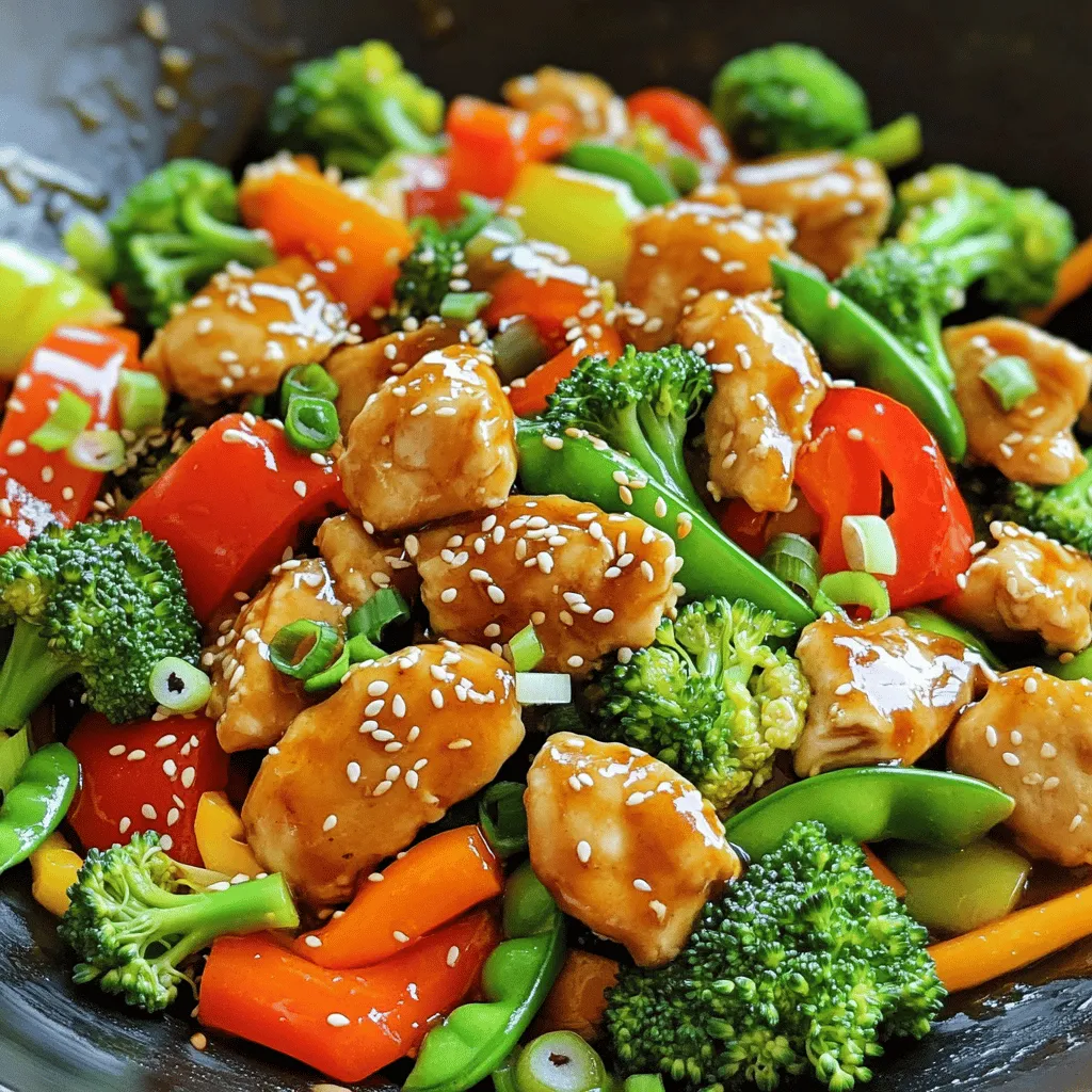 - 1 lb boneless, skinless chicken breasts, cut into bite-sized cubes - 2 tablespoons olive oil - 1 bell pepper, sliced into strips - 1 cup fresh broccoli florets - 1 medium carrot, peeled and julienned - 1 cup sugar snap peas - 3 green onions, chopped (keep whites and greens separate) - 1 tablespoon fresh ginger, finely minced - 3 cloves garlic, finely minced - 1/4 cup low-sodium soy sauce - 2 tablespoons honey - 1 tablespoon toasted sesame oil - 1 teaspoon cornstarch mixed with 2 tablespoons cold water - Toasted sesame seeds for garnish You can add more color and flavor with these garnishes: - Chopped green onion greens - Additional toasted sesame seeds - A sprinkle of chili flakes for heat To make this dish, gather these tools: - A large pan or wok - A sharp knife for cutting - A cutting board - Measuring spoons and cups - A small bowl for mixing the cornstarch slurry - A whisk or fork for mixing sauces Start by cutting the chicken into small cubes. This helps it cook evenly. Heat 2 tablespoons of olive oil in a large pan or wok over medium-high heat. Once the oil is hot and shimmering, add the chicken pieces. Cook for about 4-5 minutes. Make sure to stir often so the chicken cooks on all sides. It's ready when it's brown and no longer pink inside. Next, add minced garlic and ginger to the pan. Stir well and cook for another minute until you smell a nice aroma. Be careful not to burn the garlic, as it can taste bitter. Now it’s time to add the vegetables. Toss in sliced bell pepper, broccoli florets, julienned carrot, and sugar snap peas. Stir-fry them for 3-4 minutes. You want them to be crisp and bright in color. This keeps them tasty and healthy. As you cook, keep an eye on the heat. You can increase it slightly for a better stir-fry. When the veggies are vibrant and tender, they are ready for the next step. In a small bowl, mix together 1/4 cup of low-sodium soy sauce, 2 tablespoons of honey, and 1 tablespoon of toasted sesame oil. Whisk until everything is well combined. Pour this sauce over the chicken and vegetables in the pan. Let the mixture simmer for 1-2 minutes. This helps the flavors come together. Then, add the cornstarch slurry. This will thicken the sauce. Stir quickly to blend it all in and get a shiny sauce. Finally, add the chopped green onion whites and mix everything together. Cook for one more minute to heat it through. Now your Teriyaki Chicken Stir Fry is ready to serve. Enjoy it with toasted sesame seeds on top for a nice crunch! To make a great stir fry, you need high heat. This cooks the food quickly and keeps it crisp. Use a large pan or wok. It gives you enough room to move the food around. Keep your ingredients ready before you start. This helps you work fast and keep everything fresh. Cook the chicken first. It takes about 4-5 minutes to brown. Stir it often to cook all sides evenly. After the chicken is done, add garlic and ginger. They only need a minute to bring out their flavors. Next, add the veggies. Cook them for 3-4 minutes. You want them vibrant and still crunchy. Don’t overcrowd the pan. If you add too much food, it will steam instead of fry. This makes everything soggy. Watch the heat; if it’s too low, your food will cook slowly. Also, don’t forget the cornstarch slurry. It thickens the sauce and gives it a nice shine. Lastly, don’t skip the garnish. Toasted sesame seeds add a nice crunch and flavor. {{image_4}} You can swap chicken for many proteins in this stir fry. Try shrimp for a quick cook. Pork is another tasty choice. For a plant-based option, use firm tofu. Just remember, cook shrimp for 3-4 minutes until pink. Pork needs about 5-6 minutes. Tofu should brown nicely for about 4-5 minutes on each side. Feel free to mix up the veggies in this stir fry. Broccoli can be swapped for bok choy. Zucchini adds a nice crunch too. You can use snow peas instead of sugar snap peas. If you like mushrooms, add them for extra flavor. Carrots can be replaced with bell pepper strips or snap peas. The key is to keep the colors bright and fresh. You can change the sauce to fit your taste. Swap honey for maple syrup if you want a vegan option. For more heat, add chili sauce or red pepper flakes. Try adding a splash of rice vinegar for tang. You can also mix in hoisin sauce for a sweeter flavor. Experimenting with sauces makes it fun and unique! You can store leftover teriyaki chicken stir fry in the fridge. First, let it cool down. Then, place it in an airtight container. This dish stays fresh for up to three days. When ready to eat, check for any off smells or colors before reheating. Freezing is a great option for this stir fry. Portion the dish into freezer bags or containers. Make sure to remove as much air as possible to prevent freezer burn. The stir fry can last up to three months in the freezer. Label your bags with the date for easy tracking. To reheat, you can use a microwave or stovetop. If using a microwave, put the stir fry in a microwave-safe bowl. Heat on high for 1-2 minutes, stirring halfway through. For stovetop, heat a pan over medium heat. Add a splash of water to help steam it. Stir for about 5 minutes until hot. Enjoy your quick meal! Yes, you can make this recipe ahead of time. Cook the chicken and veggies, then cool them down. Store the stir fry in an airtight container in the fridge. It can last for up to three days. When ready to eat, just reheat it in a pan until warm. You can also make the sauce ahead and store it separately. You have many tasty options! Here are some great sides: - Fluffy jasmine rice - Cooked noodles - Steamed rice or cauliflower rice - A fresh green salad - Crispy egg rolls These options add flavor and texture to your meal. Choose what you love best! To make this stir fry gluten-free, simply swap the soy sauce. Use gluten-free soy sauce or tamari instead. Most other ingredients are naturally gluten-free, so you can enjoy this dish without worry. Always check labels to be safe! This blog post covers Teriyaki Chicken Stir Fry from start to finish. You learned the key ingredients, options to add flavor, and how to prepare the dish. We also discussed tips for the perfect stir fry and ways to customize it. Storage tips help keep your leftovers fresh, and FAQs offer quick answers to common questions. Experiment with the variations to make this dish uniquely yours. Enjoy your cooking journey and have fun in the kitchen!