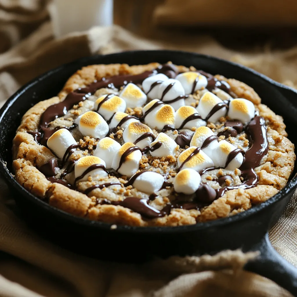 - 1 cup all-purpose flour - 1/2 teaspoon baking soda - 1/4 teaspoon salt - 1/2 cup unsalted butter, softened to room temperature - 1/2 cup brown sugar, tightly packed - 1/2 cup granulated sugar - 1 teaspoon pure vanilla extract - 1 large egg, at room temperature - 1 cup semi-sweet chocolate chips - 1 cup graham cracker crumbs - 1 cup mini marshmallows Gathering the right ingredients is key to a great skillet cookie. Each part plays a role in creating that gooey, delicious treat. Flour is the base, giving structure. Baking soda helps it rise. Salt enhances flavor. Butter adds richness. The sugars sweeten and keep it moist. Vanilla brings warmth. The egg binds everything. Chocolate chips add melty goodness. Graham cracker crumbs give that classic s'mores taste. Finally, mini marshmallows top it off, making it a true delight. With these ingredients in hand, you're ready to create something special. Each bite will remind you of campfires and sweet memories. Enjoy the process! 1. Preheat your oven to 350°F (175°C). This step warms the oven for baking. 2. In a medium bowl, whisk together 1 cup of all-purpose flour, 1/2 teaspoon of baking soda, and 1/4 teaspoon of salt. Set this mix aside for later use. 3. In a large bowl, combine 1/2 cup of softened unsalted butter, 1/2 cup of packed brown sugar, and 1/2 cup of granulated sugar. Cream these together until they are light and fluffy. 1. Add 1 teaspoon of pure vanilla extract and 1 large room-temperature egg to the butter mix. Stir until fully mixed and smooth. 2. Gradually add the flour mixture to the wet ingredients. Mix just until combined to keep the cookie soft. 3. Fold in 1 cup of semi-sweet chocolate chips and 1 cup of graham cracker crumbs. Use a spatula to ensure even mixing. 1. Prepare a 10-inch cast-iron skillet by greasing it lightly. Use non-stick spray or butter. 2. Spread the cookie dough evenly in the skillet. Smooth the top with a spatula. 3. Press 1 cup of mini marshmallows gently into the top of the dough. 4. Bake in the preheated oven for 25-30 minutes. Monitor the cookie until the edges turn golden brown and the center is soft. - Achieving the perfect texture: For a soft and chewy center, mix the dough just until combined. Overmixing can make it tough. - Preventing overflow during baking: Use a 10-inch skillet to give the dough space to spread. This helps avoid overflow. - Testing for doneness: Look for golden edges and a soft center. A toothpick should come out with a few moist crumbs, not wet dough. - Presentation ideas for serving: Serve the cookie right in the skillet. This gives it a cozy, rustic look that everyone loves. - Adding chocolate sauce or extra toppings: Drizzle warm chocolate sauce on top. You can also sprinkle more graham cracker crumbs for extra crunch. - Best temperature for serving: Serve the cookie warm. This keeps the chocolate and marshmallows gooey and delicious, enhancing the overall experience. {{image_4}} - Dairy-free options: Use coconut oil or dairy-free butter instead of unsalted butter. You can also try dairy-free chocolate chips. - Gluten-free flour alternatives: Use a gluten-free flour blend. This will keep the texture similar and still taste great. - Different types of chocolate: Swap semi-sweet chocolate chips for dark chocolate or milk chocolate. Each type adds a unique flavor. - Adding nuts: You can mix in chopped pecans or walnuts. Nuts add crunch and flavor. - Incorporating flavored extracts: Try adding almond or orange extract. This gives your cookie a fun twist. - Making it a s'mores brownie skillet cookie: Add cocoa powder to the dough. This turns it into a rich chocolate brownie cookie. Don't forget to layer in more marshmallows and graham cracker crumbs for that s'mores vibe! To keep your s'mores chocolate chip skillet cookie fresh for a short time, store any leftovers at room temperature. Use an airtight container to cover the cookie. This way, it stays soft and chewy, just like the first bite. Avoid placing it in the fridge, as cold air can dry it out. For long-term storage, freezing the skillet cookie is a great option. Let it cool completely, then wrap it tightly in plastic wrap. Place the wrapped cookie in a freezer-safe bag for extra protection. It can last for up to three months in the freezer. When you’re ready to enjoy it again, simply reheat the cookie. Preheat your oven to 350°F (175°C). Place the cookie in the oven for about 10-15 minutes. This warms it up nicely and keeps the texture just right. Enjoy the gooey goodness again! How do I know when my skillet cookie is done? Your skillet cookie is ready when the edges are golden brown. The center should be soft but not gooey. A toothpick inserted in the middle should come out with a few crumbs, not wet dough. Can I make this cookie dough in advance? Yes, you can prepare the dough ahead of time. Just store it in the fridge for up to 24 hours. When you're ready to bake, let it sit out for a few minutes to soften before spreading it in the skillet. What can I substitute for graham cracker crumbs? If you don’t have graham cracker crumbs, use crushed cookies like vanilla wafers or digestive biscuits. You can also use crushed oats or a mix of flour and sugar for a similar texture. Why did my cookie spread too much? If your cookie spread too much, it may be due to warm butter. Make sure your butter is softened but not melted. Also, chilling the dough for 30 minutes helps prevent spreading. How can I make my cookie chewier? To achieve a chewier texture, use more brown sugar than granulated sugar. You can also add an extra egg yolk to enhance the chewiness. Avoid overmixing the dough, as this can make it tough. Can I use a different skillet for baking? Yes, you can use any oven-safe skillet. Cast iron is best, but a metal or ceramic skillet works too. Just make sure to adjust the baking time, as different materials heat differently. This blog post covered the key ingredients and steps for making a delicious skillet cookie. We explored tips for texture, storage, and even fun variations to try. Remember, baking is about experimenting. Don’t hesitate to adjust ingredients based on your taste. Whether you enjoy it plain or with toppings, this treat will impress. Enjoy your baking and the smiles it brings!