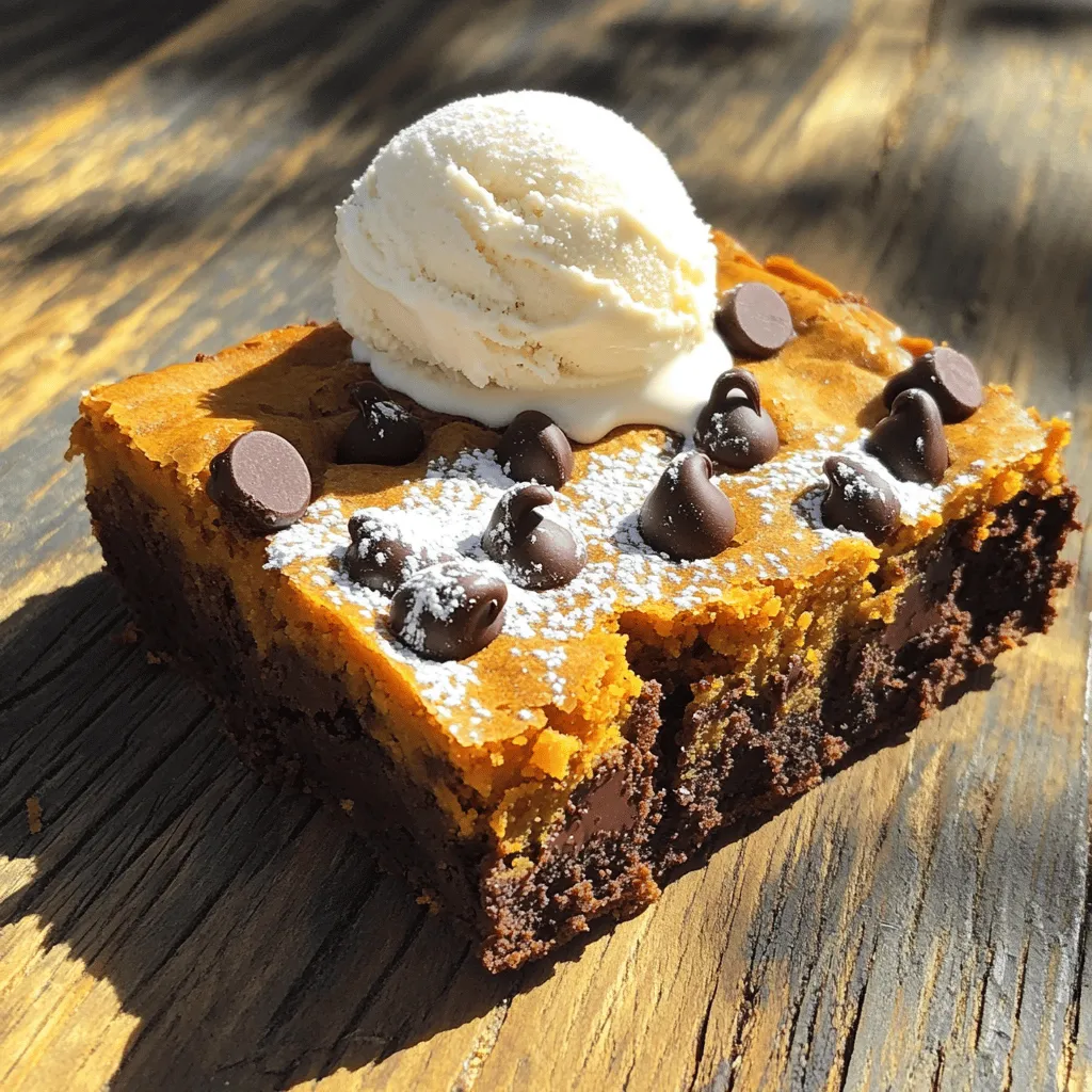 To make these tasty blondies, you need a few key ingredients: - 1 cup pumpkin puree - 1 cup brown sugar - 1/2 cup granulated sugar - 1/2 cup unsalted butter, melted - 2 large eggs - 1 teaspoon vanilla extract - 1 1/2 cups all-purpose flour - 1 teaspoon baking powder - 1/2 teaspoon baking soda - 1/2 teaspoon salt - 1 teaspoon ground cinnamon - 1/2 teaspoon ground nutmeg - 1 cup semi-sweet chocolate chips These ingredients work together to create a soft and chewy texture. The pumpkin gives it a nice flavor and moistness. For added texture and taste, consider using: - 1/2 cup chopped walnuts - A sprinkle of sea salt on top - A drizzle of chocolate glaze These optional ingredients can enhance the flavor and make your blondies even more delightful. If you have allergies, here are some easy swaps: - Use coconut oil instead of butter. - Replace eggs with 1/4 cup applesauce per egg. - Use gluten-free flour for a gluten-free option. These substitutions can help you enjoy the blondies without worry. Start by preheating your oven to 350°F (175°C). Next, grab an 8x8 inch baking pan. Line it with parchment paper. Leave some paper hanging over the edges. This helps you lift the blondies out later. In a large bowl, whisk together 1 cup of pumpkin puree, 1 cup of brown sugar, and 1/2 cup of granulated sugar. Slowly add in 1/2 cup of melted unsalted butter while whisking. Keep whisking until the mix is smooth. Next, add 2 large eggs, one at a time. Mix well after each egg. Finally, stir in 1 teaspoon of vanilla extract for a nice flavor boost. In another bowl, mix 1 1/2 cups of all-purpose flour, 1 teaspoon of baking powder, 1/2 teaspoon of baking soda, 1/2 teaspoon of salt, 1 teaspoon of ground cinnamon, and 1/2 teaspoon of ground nutmeg. Stir these dry ingredients into the wet mix. Be careful not to overmix; this keeps the blondies tender. Fold in 1 cup of semi-sweet chocolate chips and, if you like, 1/2 cup of chopped walnuts. Pour the batter into the lined pan and smooth the top. Bake for 25-30 minutes. Check with a toothpick; it should come out clean or with a few moist crumbs. After baking, let the blondies cool in the pan for about 10 minutes. Use the parchment to lift them out and place them on a wire rack. Allow them to cool completely before cutting into 16 squares. To make great blondies, start with room temperature eggs. This helps mix them well. Use high-quality chocolate chips. They add rich flavor and texture. Always measure your flour correctly. Too much flour can make them dry. Spoon the flour into your measuring cup and level it off with a knife. Do not overmix the batter. This can lead to tough blondies. Mix just until you no longer see dry flour. Make sure your oven is preheated. A cold oven can change baking times and texture. Also, avoid opening the oven door too often. This can cause the blondies to sink. Add spices for depth. Try a pinch of ginger or cloves with cinnamon and nutmeg. For a more chewy texture, use brown sugar instead of white sugar. You can also add a pinch of sea salt on top before baking. This will balance the sweetness and enhance the flavor. Enjoy your blondies warm for the best taste! {{image_4}} You can mix up the chocolate chips in your blondies. Try dark chocolate chips for a richer taste. Milk chocolate chips add sweetness and creaminess. You can even use white chocolate chips if you want a different flavor. For a fun twist, go for peanut butter chips or butterscotch chips. Each type gives your blondies a unique twist. If you need nut-free blondies, just leave out the walnuts. You can still enjoy a great texture. For a gluten-free option, swap all-purpose flour with gluten-free flour. Many brands work well in baking. Check the packaging for one-to-one swaps. This way, everyone can enjoy these fall treats. Get creative with toppings and add-ins. You can sprinkle some sea salt on top for contrast. A drizzle of caramel can add extra sweetness. Try adding shredded coconut for a tropical touch. You can also mix in dried fruit like cranberries or raisins for added flavor. Customize these blondies to match your taste! To keep your chocolate chip pumpkin blondies fresh, store them in an airtight container. This prevents them from drying out. Place parchment paper between layers if you stack them. Keep the container at room temperature for up to three days. If you want to keep them longer, consider freezing. Freezing blondies is simple and effective. First, let them cool completely. Cut them into squares. Wrap each square in plastic wrap or foil. Then, place them in a freezer-safe bag. Label the bag with the date. They can stay frozen for up to three months. Thaw them at room temperature when you’re ready to enjoy. For the best taste, reheat your blondies gently. You can use a microwave or an oven. If using a microwave, heat for about 10-15 seconds. Check to avoid overheating. If using an oven, preheat to 350°F (175°C). Warm the blondies for 5-10 minutes. This will make them soft and delicious again. Enjoy them warm for a cozy treat! Yes, you can use fresh pumpkin. First, cook your pumpkin until soft. Then, mash it well. Make sure to drain any excess water. This will help keep your blondies from being too wet. Fresh pumpkin gives a nice flavor and texture too. Your blondies are done when a toothpick comes out clean. If you see a few moist crumbs on the toothpick, it’s still good. The edges should be slightly golden and the center should look set. Don’t overbake, or they may dry out. To cut blondies evenly, let them cool first. Use a sharp knife for clean cuts. If you want perfect squares, run the knife under hot water before cutting. Wipe it off between cuts to keep the edges neat. This makes your blondies look great and taste even better! You now have all the tips to make tasty chocolate chip pumpkin blondies. We covered the key ingredients, step-by-step instructions, and how to avoid common mistakes. Don't forget the fun variations and storage tips to keep them fresh. Take these ideas and make your blondies your own. Enjoy each bite and impress your friends and family with your baking skills. Happy baking!
