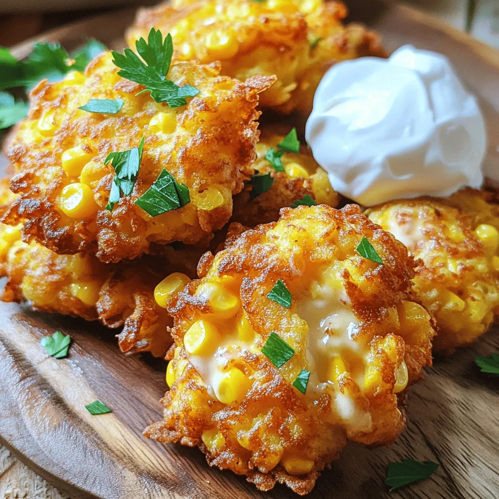 - 1 cup corn kernels - 1/2 cup shredded cheddar cheese - 1/4 cup grated Parmesan cheese - 2 large eggs - 1/2 cup milk The corn kernels are the star. You can use fresh or frozen. I love fresh corn when it’s in season. It adds a sweet crunch. The cheeses bring a rich flavor. Cheddar gives sharpness while Parmesan adds depth. Eggs and milk create a nice batter. They hold everything together well. - 1/4 cup finely chopped green onions - 1/2 teaspoon garlic powder Green onions add a fresh taste. Their mild flavor pairs perfectly with corn. Garlic powder gives a subtle warmth. You can adjust these ingredients based on your taste. - Mixing bowls - Skillet - Slotted spoon You need a few simple tools. Mixing bowls help combine all your ingredients. A skillet is essential for frying. The slotted spoon makes removing fritters easy. This setup keeps your cooking smooth. For the full recipe, check [Full Recipe]. First, gather your corn, cheese, and green onions. Take a large bowl and combine: - 1 cup corn kernels (fresh or frozen) - 1/2 cup shredded cheddar cheese - 1/4 cup grated Parmesan cheese - 1/4 cup finely chopped green onions Mix well. This step helps blend the flavors. All the ingredients should be evenly distributed. Next, you need to prepare the egg mixture. In a medium bowl, whisk together: - 2 large eggs - 1/2 cup milk Whisk until the mixture is smooth. This helps the eggs and milk mix well together. Now, let’s move on to the dry mix. In another bowl, combine: - 1 cup all-purpose flour - 1 teaspoon baking powder - 1/2 teaspoon salt - 1/4 teaspoon black pepper - 1/2 teaspoon garlic powder Whisk these dry ingredients together. This helps to ensure no lumps. Finally, it’s time to fry! Heat about 1/4 inch of oil in a skillet over medium heat. You can test if the oil is ready by dropping a bit of batter in. If it sizzles, it’s good to go. - Using a spoon, drop rounded spoonfuls of the batter into the hot oil. - Flatten them a little with the back of the spoon for even cooking. Fry for about 3-4 minutes on each side. Look for a golden brown color. Once done, use a slotted spoon to remove them. Place them on a paper towel to absorb extra oil. Keep frying the rest of the batter. Add more oil if needed. Enjoy your cooking! For the full recipe, check the details above. To make great corn fritters, you need a good batter. Avoiding overmixing is key. Overmixing makes your fritters tough. Instead, mix just until the dry and wet ingredients combine. This keeps your fritters light and fluffy. If you see some lumps, that’s okay! They will cook out during frying. Frying is where the magic happens. Oil temperature is crucial. If the oil is too cold, your fritters will absorb oil and become greasy. If it’s too hot, they will burn. Heat the oil until it shimmers. You can test it by dropping a small amount of batter in. If it sizzles, it’s ready! Fry in batches to avoid crowding the pan. This helps them cook evenly. Presentation makes a difference. Serve your warm fritters on a big platter. Garnish with chopped parsley or cilantro for color. Pair with a dollop of sour cream or spicy aioli for dipping. This adds flavor and looks great. You can also try serving them with a fresh salad for a nice touch. For the full recipe, check out the complete guide. {{image_4}} You can easily switch the cheese types in this recipe. If you love a stronger flavor, try using pepper jack or feta cheese. For a milder taste, mozzarella works well too. Mixing cheeses can add depth to your fritters. If you want extra creaminess, add some cream cheese to the mix. This small swap can make a big difference in flavor. Adding bell peppers or herbs can enhance the taste. Diced bell peppers bring sweetness and color to your fritters. Fresh herbs like cilantro, parsley, or chives can brighten up the dish. Just chop them finely and fold them into the batter. This adds freshness and makes your fritters more exciting. Pair your fritters with various sauces or sides. A spicy aioli or tangy salsa can add a zesty kick. You could also serve them with sour cream or Greek yogurt for creaminess. For a complete meal, add a simple salad or some roasted veggies on the side. These options can elevate your dish and please your guests. For the full recipe, check out the delicious cheesy corn fritters above. To store leftover fritters, first let them cool completely. Place them in an airtight container. Use parchment paper between layers to prevent sticking. They will last up to three days in the fridge. If you want them to stay fresh, do not stack them too high. This keeps them from becoming soggy. To reheat fritters, use the oven or a skillet. The oven helps retain crispiness. Preheat your oven to 375°F (190°C). Place fritters on a baking sheet for about 10 minutes. Flip them halfway through for even heating. If using a skillet, heat a little oil over medium heat. Cook each fritter for 2-3 minutes on both sides. This will restore their golden crisp. Enjoy your fritters warm and tasty! For the full recipe, check out the main article. You can tell when the fritters are cooked by looking at their color and texture. They should be golden brown and crispy on the outside. If you press them lightly, they should feel firm but not hard. The inside should be soft and warm. If you see no raw batter oozing out, your fritters are perfect! Yes, you can make the fritters ahead of time. Prepare the batter and store it in the fridge for up to two hours. This keeps the flavors fresh. Fry them just before serving for the best taste. You can also cook them, let them cool, and store them in the fridge. Reheat in a skillet to keep them crispy. Cheesy corn fritters pair well with many sides. Try serving them with a fresh salad for a light meal. A dollop of sour cream adds a nice creamy touch. You can also serve them with a spicy aioli for some kick. For a heartier option, pair them with grilled chicken or fish. In summary, cheesy corn fritters are easy and fun to make. With simple ingredients like corn, cheese, and eggs, you can whip up a tasty treat. The frying tips and variations let you customize them perfectly. Remember to store leftovers well and reheat for the best results. These fritters are great as snacks or sides. Enjoy your cooking adventure and share these yummy bites with friends and family!