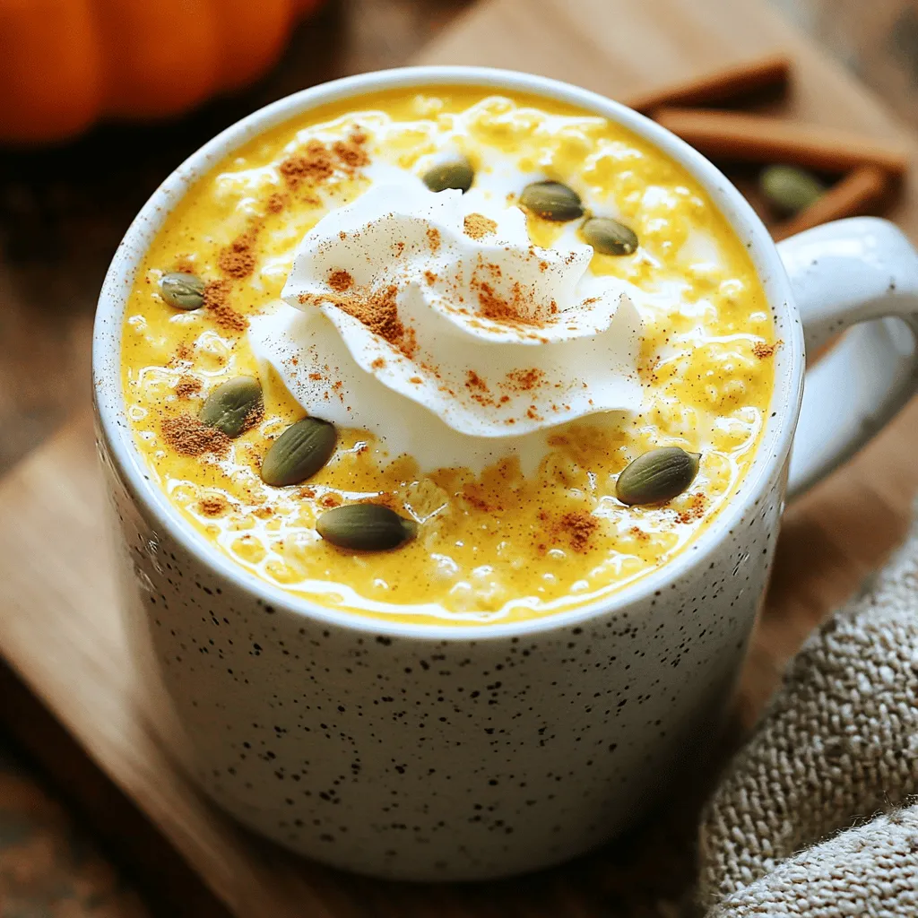 - 1 cup rolled oats - 2 cups water or milk - 1/2 cup pumpkin puree - 1 teaspoon pumpkin spice blend - 1 tablespoon maple syrup - 1/2 teaspoon vanilla extract - A pinch of salt In this delightful recipe, I use simple yet essential ingredients. The rolled oats serve as a hearty base. They add fiber and keep you full. Using water or milk changes the texture. Milk gives a creamier feel, while water keeps it light. Pumpkin puree is the star of the show. It adds rich flavor and a beautiful color. The pumpkin spice blend brings warmth and that cozy fall vibe. Maple syrup adds natural sweetness. If you prefer honey, that works too! Lastly, a pinch of salt balances the flavors. It enhances the sweetness and brings out the pumpkin taste. - Whipped cream - Cinnamon dusting - Toasted pumpkin seeds Topping your Pumpkin Spice Oatmeal Latte makes it even better! Whipped cream adds a luxurious touch. A dash of cinnamon on top gives it visual appeal and extra warmth. Toasted pumpkin seeds add crunch. They provide a nice contrast to the creamy latte. You can mix and match these toppings based on your taste. For full details on how to make this cozy drink, check the Full Recipe. - First, combine 1 cup of rolled oats, 2 cups of water or milk, and a pinch of salt in a saucepan. - Heat the mixture over medium heat until it starts to boil. - Once boiling, reduce the heat to low and let it simmer for about 5 minutes. - Stir occasionally to keep the oats from sticking. They should become creamy and fully cooked. - Next, add 1/2 cup of pumpkin puree, 1 teaspoon of pumpkin spice, 1 tablespoon of maple syrup, and 1/2 teaspoon of vanilla extract. - Stir everything well to mix the flavors. - Let it heat for 1-2 minutes. This helps the flavors blend nicely. - For a frothy latte-like texture, grab an immersion blender. - Blend the mixture until it becomes light and airy. - If you like a hearty oatmeal, you can skip this step. Now your pumpkin spice oatmeal latte is ready to enjoy! For the full recipe, refer to the beginning of this article. To make your Pumpkin Spice Oatmeal Latte extra creamy, use milk instead of water. Milk adds a rich texture that makes every sip delightful. If you prefer a lighter version, stick with water. Next, adjust the water-to-oat ratio. Using more milk will give you a creamier feel. For a heartier dish, keep the original ratio. When it comes to sweetness, you can choose maple syrup or honey. Maple syrup gives a rich flavor that pairs well with pumpkin spice. Honey adds a floral note but can be sweeter. If you want natural sweeteners, try agave syrup or coconut sugar. These will add a different taste but continue the healthy vibe of the dish. To take your latte to the next level, add more spices or flavors. Consider adding a little extra cinnamon or nutmeg for warmth. A splash of vanilla extract can also deepen the flavor. You can substitute pumpkin puree with other fruits like mashed banana or applesauce. These fruits will change the flavor but still keep things cozy and delicious. Try these tips to make your Pumpkin Spice Oatmeal Latte exactly how you like it! For the full details, check out the Full Recipe. {{image_4}} You can easily make this Pumpkin Spice Oatmeal Latte without dairy. Using almond or oat milk works great. These options give it a nice flavor and keep it creamy. Coconut milk adds a tropical twist too. It brings extra richness and a hint of sweetness. Just swap the milk in the recipe with your choice. Adding seasonal spices can change the taste. Try incorporating apple pie spice for a fun fall twist. This spice blend brings warmth and sweetness. You can also add cocoa for a mocha version. This gives a nice chocolate flavor that pairs well with pumpkin. It makes your latte feel special and different. Want a chilled drink? You can adapt the recipe for a cold brew. Start by making the pumpkin oatmeal as usual. Once it's cool, pour it over ice. You might want to blend it again for a smooth texture. This way, you keep the creamy taste while sipping on something refreshing. Enjoy it on a hot day or whenever you want a cool treat! To store leftover pumpkin spice oatmeal latte, let it cool first. Transfer it to an airtight container. It can stay fresh in your fridge for up to three days. When you're ready to enjoy it again, simply reheat it on the stove or in the microwave. If using the microwave, heat in short bursts, stirring in between for even warming. This keeps the texture nice and creamy. You can freeze portions of your pumpkin spice oatmeal latte for later use. Pour the cooled oatmeal into freezer-safe containers. Leave some space at the top, as the mixture will expand when frozen. It can last for about one month in the freezer. When you're ready to eat, take it out and let it thaw in the fridge overnight. Reheat it on the stove or in the microwave, adding a splash of water or milk to restore creaminess. This latte keeps well for about 3 to 5 days in the fridge. Make sure to store it in an airtight container. When you are ready to enjoy it again, just reheat it on the stove or in the microwave. Stir well to mix everything together again. Yes, you can use instant oats if you prefer. Instant oats cook faster and will make your latte smoother. However, they may lose some texture and creaminess. Rolled oats give a heartier feel, which many people love. If you can't find pumpkin puree, you can use sweet potato puree or butternut squash puree. Both options give a similar flavor and texture. You could also mash cooked carrots for a sweet twist, but it will change the taste a bit. To make this latte vegan, use plant-based milk like almond or oat milk. Replace honey with maple syrup or agave nectar for sweetness. Ensure your pumpkin spice and any toppings are also dairy-free to keep it vegan-friendly. You learned how to make a delicious pumpkin spice oatmeal latte. We covered key ingredients, smooth preparation steps, and helpful tips to achieve the best flavors. You can tweak this recipe with various toppings, dairy-free options, or even seasonal twists to fit your taste. Remember to store leftovers properly for future enjoyment. This warm drink is not just tasty; it's also flexible. Enjoy making this cozy treat that can warm up any day!