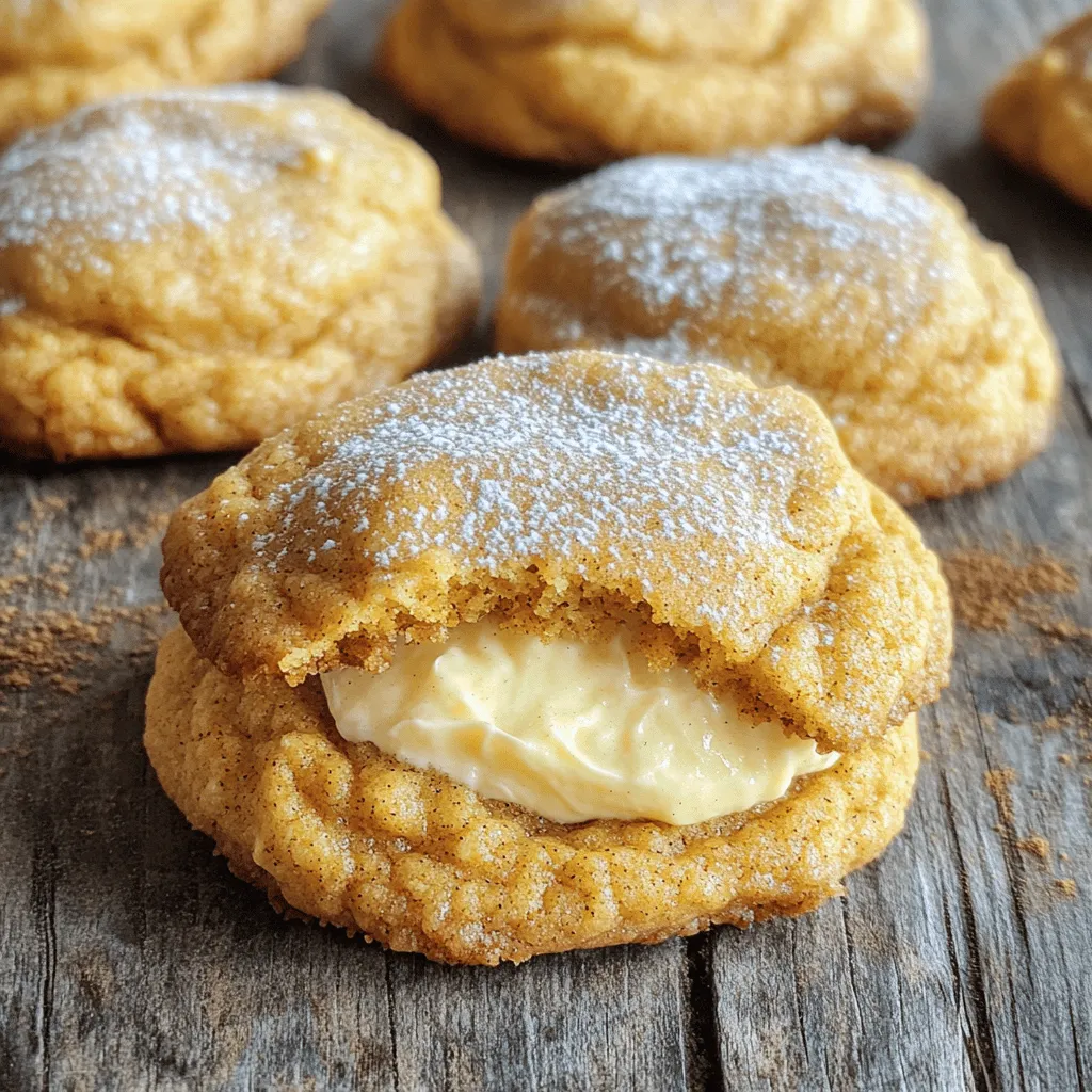 - 1 cup all-purpose flour - 1/2 teaspoon baking powder - 1/4 teaspoon baking soda - 1/4 teaspoon ground cinnamon - 1/4 teaspoon ground nutmeg - 1/4 teaspoon salt - 1/2 cup unsalted butter, softened - 3/4 cup brown sugar, firmly packed - 1/4 cup granulated sugar - 1 large egg - 1 teaspoon pure vanilla extract - 1/2 cup canned pumpkin puree - 1/2 cup cream cheese, softened - 1/4 cup powdered sugar - 1 teaspoon pumpkin spice (optional) Each ingredient plays a key role in making these cookies tasty. All-purpose flour gives the right structure. You can swap it with a gluten-free blend if needed. Baking powder and baking soda help the cookies rise. Ground cinnamon and nutmeg add warm fall flavors. Unsalted butter keeps the cookies rich. You could use coconut oil or vegan butter for a dairy-free option. Brown and granulated sugar sweeten the mix and add moisture. The egg binds ingredients. For a vegan choice, use a flax egg instead. Pure vanilla adds depth, while pumpkin puree brings moisture and flavor. Cream cheese adds a creamy filling. You can use a vegan cream cheese for a dairy-free treat. The powdered sugar sweetens the filling, and pumpkin spice adds extra warmth. Start with softened butter and cream cheese. This helps them blend well. Let them sit at room temperature for about 30 minutes before using. Measure all ingredients accurately for best results. Use a kitchen scale for precision. When mixing dry ingredients, whisk them together to avoid clumps. This ensures even distribution of flavors. For the pumpkin puree, make sure it’s pure pumpkin. Avoid pie filling, as it contains added sugars and spices. When combining wet and dry ingredients, mix until just blended. Overmixing can result in tough cookies. Following these tips will help you create perfect pumpkin cheesecake cookies every time. For the full recipe, refer back to the beginning of this article. Start by preheating your oven to 350°F (175°C). This step is vital for even baking. While the oven warms, line a baking sheet with parchment paper. This keeps the cookies from sticking and helps with easy cleanup. In a medium bowl, gather your dry ingredients. Combine 1 cup of all-purpose flour, 1/2 teaspoon of baking powder, and 1/4 teaspoon each of baking soda, ground cinnamon, ground nutmeg, and salt. Whisk them together until they are mixed well. This blend adds flavor and structure to your cookies. In a large bowl, cream together 1/2 cup of softened unsalted butter, 3/4 cup of packed brown sugar, and 1/4 cup of granulated sugar. Use a hand mixer or a stand mixer for this step. Mix until the mixture becomes light and fluffy, which should take 2-3 minutes. This process adds air and makes the cookies soft. Next, add 1 large egg and 1 teaspoon of pure vanilla extract to the creamed mixture. Mix until everything is fully combined and smooth. This step enhances the flavor and richness of your cookies. Now, gently fold the dry ingredients into the pumpkin mixture. Do this in two batches, stirring gently after each addition. You want to mix until just combined. Be careful not to overmix, as this can make your cookies tough. In a separate small bowl, mix together 1/2 cup of softened cream cheese with 1/4 cup of powdered sugar. If you like, add 1 teaspoon of pumpkin spice for extra flavor. Stir until it’s smooth and free of lumps. This filling adds a delicious surprise to each cookie. Using a cookie scoop or a tablespoon, drop rounded spoonfuls of cookie dough onto the prepared baking sheet. Leave space between each for spreading. Create an indentation in the center of each dough mound using your thumb. Fill each indent with a small dollop of the cream cheese mixture. This step ensures a creamy center. Place the baking sheet in your preheated oven. Bake for 12-15 minutes, or until the edges are lightly golden and the centers are set. Once done, let the cookies cool on the baking sheet for 5 minutes. After that, transfer them to a wire rack to cool completely. This cooling time helps the cookies firm up and improves the texture. To get soft and chewy cookies, do not overmix the dough. Mix until just combined. Chilling the dough for 30 minutes helps too. It makes the cookies thicker and prevents spreading. Also, use room temperature butter and cream cheese. This helps create a smooth batter. One common mistake is using pumpkin pie filling instead of pure pumpkin. This changes the flavor and texture. Another mistake is not measuring flour correctly. Too much flour makes the cookies dry. Always spoon flour into the measuring cup and level it off. Lastly, don’t skip cooling the cookies. Letting them cool on a wire rack gives them the right texture. To boost the flavor, add a teaspoon of pumpkin spice to the dough. You can also mix in a bit of clove or ginger for extra warmth. If you love cinnamon, sprinkle some on top before baking. These spices make the cookies taste like fall. For a unique twist, consider adding a dash of nutmeg to the cream cheese filling. This enhances the overall taste and makes them even more delicious. For the full recipe, check out the Pumpkin Cheesecake Cookies section above! {{image_4}} You can make these cookies even better by adding chocolate chips or nuts. Chocolate chips give a sweet touch. Try semi-sweet or dark chips for a rich flavor. If you prefer nuts, walnuts or pecans work great. Just fold in a half cup of either option into the dough before baking. This makes each bite even more exciting! For a gluten-free version, swap all-purpose flour with a gluten-free blend. Many blends work well. Just make sure it includes xantham gum. This will help keep your cookies soft and chewy. You can also check the labels on your baking powder and baking soda to ensure they are gluten-free. If you want to change up the cream cheese filling, you have options! You can mix in flavored extracts like maple or almond for a twist. Another idea is to add a bit of lemon zest for a fresh taste. This will give the filling a nice brightness and pairs well with pumpkin. You can also use Greek yogurt instead of cream cheese for a lighter option. Try these variations to make your Pumpkin Cheesecake Cookies unique and tasty! For the full recipe, check the recipe section above. To keep your pumpkin cheesecake cookies fresh, store them in an airtight container. This helps prevent them from drying out. You can keep them at room temperature for up to three days. If you want to enjoy them longer, refrigerate them. Just remember to let them cool completely before sealing them up. You can freeze these cookies for future enjoyment. First, let the cookies cool down completely. Then, place them in a single layer on a baking sheet. Freeze them for about an hour until firm. After that, transfer them to a freezer-safe bag or container. They can stay frozen for up to three months. When you're ready to eat them, you can thaw them in the fridge overnight. To reheat your cookies, preheat the oven to 300°F (150°C). Place the cookies on a baking sheet and warm them for about 10 minutes. This helps restore their soft texture. You can also use the microwave. Just heat them for about 10-15 seconds. Enjoy your warm pumpkin cheesecake cookies right away! For the full recipe, check out the [Full Recipe]. You can tell if the cookies are done by looking at their edges. They should be lightly golden brown. The centers will look set but might still seem soft. You can also gently press the top with your finger. If it springs back, they are ready. Remove them from the oven and let them cool. Yes, you can use fresh pumpkin! Just make sure to cook and puree it first. You want it smooth and not too watery. Fresh pumpkin gives a nice taste, but canned is easier. It saves time and is still delicious. To make these cookies vegan, replace the egg with a flax egg. Mix 1 tablespoon of ground flaxseed with 2.5 tablespoons of water. Let it sit for a few minutes to thicken. Use vegan butter instead of regular butter, and choose dairy-free cream cheese for the filling. These cookies stay fresh for about a week at room temperature. Store them in an airtight container to keep them soft. If you want them to last longer, you can freeze them. Just make sure they cool completely first. You can serve these cookies with a warm cup of tea or coffee. They also taste great with a scoop of vanilla ice cream. For a festive touch, pair them with whipped cream or a drizzle of caramel sauce. Enjoy these treats with friends and family! For the full recipe, check out the earlier sections. This blog post covered everything you need to make perfect Pumpkin Cheesecake Cookies. We looked at the ingredients, preparation steps, and tips to avoid common mistakes. You also learned about variations and how to store your cookies for later. In the end, with these easy steps, you can bake delicious cookies that impress anyone. So, gather your ingredients and start baking today!