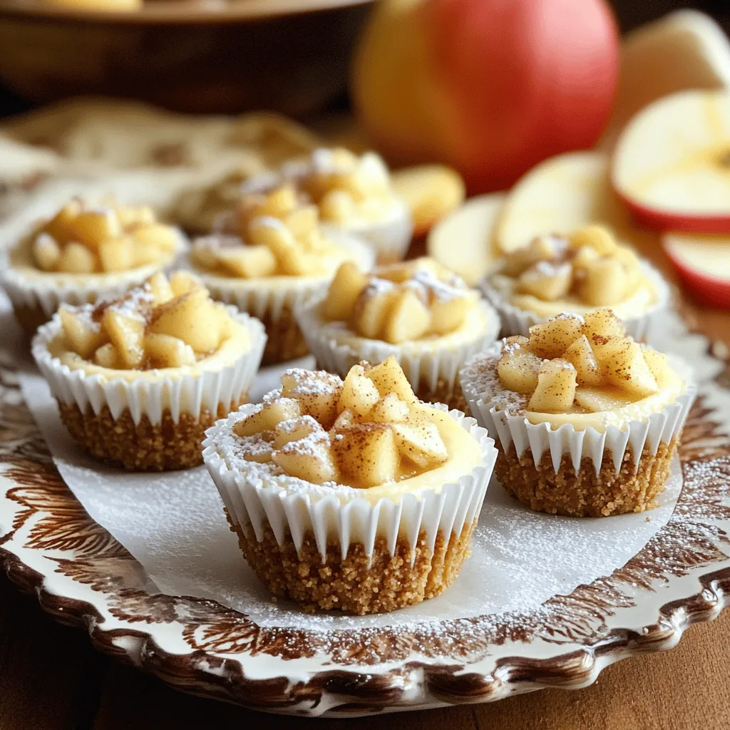 To make these delicious apple crisp mini cheesecakes, gather the following ingredients: - 1 ½ cups graham cracker crumbs - ½ cup unsalted butter, melted - 2 tablespoons packed brown sugar - 16 oz cream cheese, softened to room temperature - ¾ cup granulated sugar - 1 teaspoon pure vanilla extract - 2 large eggs, room temperature - 2 cups apples, peeled, cored, and diced into small pieces - 1 teaspoon ground cinnamon - ½ cup rolled oats - ¼ cup chopped walnuts (optional for added crunch) - ¼ cup powdered sugar (for garnish) If you have dietary needs or preferences, you can make some swaps: - Use gluten-free graham crackers instead of regular ones for a gluten-free option. - Swap cream cheese for a dairy-free cream cheese to make it vegan. - Replace granulated sugar with coconut sugar for a lower glycemic index. - Use almond flour instead of graham cracker crumbs for a nutty flavor. Each ingredient plays a key role: - Graham cracker crumbs create a tasty crust. - Unsalted butter helps bind the crumbs and adds richness. - Cream cheese gives that smooth, creamy texture we love in cheesecakes. - Fresh apples add a burst of flavor and moisture to the filling. - Cinnamon enhances the apple flavor, making it warm and cozy. - Walnuts add a nice crunch, but they are optional. This ingredient list gives you a solid foundation for crafting these mini delights. You can find the full recipe [here]. To make these apple crisp mini cheesecakes, you need to gather your ingredients. You will mix the crust and filling separately. This recipe takes about 20 minutes to prep and 3 hours to chill. 1. Preheat your oven to 325°F (160°C). Line a muffin tin with cupcake liners. 2. In a bowl, mix graham cracker crumbs, melted butter, and brown sugar. Stir until crumbly. 3. Press 1 tablespoon of the mixture into each cupcake liner. Bake for 10 minutes. Let them cool. 4. In another bowl, beat cream cheese, granulated sugar, and vanilla extract until smooth. 5. Add eggs one at a time, mixing well after each addition. 6. In a separate bowl, mix diced apples, cinnamon, oats, and walnuts. Gently fold this into the cream cheese mix. 7. Spoon the filling into the cooled crusts, filling them about ⅔ full. 8. Bake for 20-25 minutes. They should be set with a slight jiggle in the center. 9. Cool them in the muffin tin before transferring to the fridge. Chill for at least 2 hours. 10. Dust with powdered sugar before serving for a sweet touch. - Make sure your cream cheese is softened. This helps it blend smoothly. - Don't overmix when adding the apples. You want chunks for texture. - Allow enough time for chilling. This helps set the mini cheesecakes nicely. - For a fun twist, you can add a touch of nutmeg with the cinnamon. For the full recipe, you can refer back to the ingredient list. Enjoy your baking! To get the best cheesecake texture, start with room temperature cream cheese. This helps mix smoothly. Mix gently to keep air out. Too much air makes the cheesecake puff up and crack. Bake until slightly jiggly in the center. This means they are done but still creamy. Let them cool completely before chilling. This helps set the texture nicely. Serve these mini cheesecakes chilled for the best taste. They are great for parties or casual get-togethers. Place them on a nice platter to make them stand out. Pair them with coffee or tea for a lovely dessert break. Serve with fresh fruit on the side for a colorful touch. Garnish your cheesecakes for that extra wow factor. Use thin apple slices for a fresh look. A sprinkle of cinnamon adds warmth and flavor. You can also top with whipped cream for a rich taste. For a crunch, add chopped walnuts or granola on top. Enjoy these tasty treats with friends and family! Check out the Full Recipe for more details. {{image_4}} You can change the flavor of your mini cheesecakes easily. Try adding different fruits. Berries, peaches, or pears work well. You can also use pumpkin puree for a fall twist. Just mix it into the cream cheese base. Toppings can make your mini cheesecakes even better. Instead of the usual powdered sugar, try whipped cream or caramel sauce. A drizzle of chocolate syrup also adds flair. For crunch, sprinkle more chopped walnuts or pecans on top. You can adjust this recipe for different diets. For a gluten-free version, use gluten-free graham crackers. If you want a dairy-free option, try using vegan cream cheese. You can substitute eggs with flaxseed meal for a vegan choice. All these variations keep the taste delicious. For the full recipe, check out the details above. To keep your apple crisp mini cheesecakes fresh, store them in the fridge. Place them in an airtight container. This way, they stay moist and tasty for up to five days. If you made a large batch, you can also wrap them tightly in plastic wrap. Avoid stacking them to prevent damage. You can freeze these mini cheesecakes for later. First, let them cool completely. Then, place them in a single layer on a baking sheet. Freeze until firm, about one to two hours. After that, wrap each cheesecake in plastic wrap and place them in a freezer-safe bag. They can last up to three months in the freezer. Just remember to label the bags with the date. To enjoy your frozen cheesecakes, move them to the fridge a day before serving. This helps them thaw slowly. If you want to enjoy them warm, gently reheat them in the oven at 300°F for about 10-15 minutes. Serve them chilled or warm, topped with a dusting of powdered sugar. You can also add apple slices or a sprinkle of cinnamon for a lovely touch. For the full recipe, check the earlier sections. To prevent cracking, you should bake at a low temperature. Also, do not overmix the batter. This adds too much air, which can cause cracks. After baking, let the cheesecakes cool slowly in the oven with the door slightly open. This gradual cooling helps avoid sudden temperature changes that lead to cracks. Yes, you can make these mini cheesecakes ahead of time. They stay fresh in the fridge for up to three days. Just cover them well to avoid absorbing smells. You can also freeze them for up to three months. To enjoy, just thaw them in the fridge overnight before serving. If you want a substitute for cream cheese, use Greek yogurt or ricotta cheese. These options change the flavor slightly but still offer a creamy texture. You can also use vegan cream cheese if you prefer a dairy-free option. You can tell the cheesecakes are done when the tops are set but still slightly jiggly in the center. A toothpick inserted should come out mostly clean, with a few moist crumbs. This means they are perfectly baked, not overcooked. In this post, we covered everything you need for making cheesecake. You learned about the key ingredients and their alternatives, along with how to prepare and bake your treat step by step. We shared tips for the best texture, serving ideas, and how to add your twist. We also explained storage methods and answered common questions. Remember, the joy of cheesecake lies in its endless possibilities. Happy baking!
