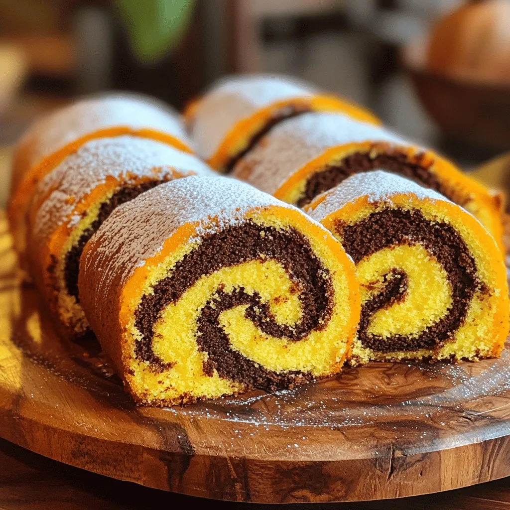 To make a delightful pumpkin roll, gather these ingredients: - 1 cup canned pumpkin puree - 3/4 cup granulated sugar - 1/2 cup all-purpose flour - 1/4 cup unsweetened cocoa powder - 1 teaspoon baking powder - 1/2 teaspoon baking soda - 1 teaspoon ground cinnamon - 1/2 teaspoon ground nutmeg - 1/4 teaspoon ground ginger - 1/4 teaspoon salt - 4 large eggs - 1 teaspoon vanilla extract - 1 1/2 cups cream cheese, softened - 1 cup powdered sugar - 1/4 cup unsalted butter, softened - 1 teaspoon lemon juice Each ingredient plays a key role in creating the rich flavor and texture of the pumpkin roll. For example, the pumpkin puree adds moisture and sweetness. The cocoa powder gives a nice contrast to the warm spices. The spices like cinnamon, nutmeg, and ginger provide a warm, cozy taste. The eggs act as a binder, helping everything hold together. The cream cheese frosting adds a rich, tangy finish that complements the cake perfectly. If you want the full recipe, check out the Spiced Pumpkin Roll Delight. With these ingredients, you will create a treat that everyone will love. 1. Preheat your oven to 375°F (190°C). 2. Prepare a 15x10 inch jelly roll pan. Line it with parchment paper and let it hang over the edges. This makes lifting the cake easier later. 3. In a large bowl, mix 1 cup of canned pumpkin puree, 3/4 cup of granulated sugar, 4 large eggs, and 1 teaspoon of vanilla extract. Whisk until smooth. 4. In another bowl, sift together 1/2 cup of all-purpose flour, 1/4 cup of unsweetened cocoa powder, 1 teaspoon of baking powder, 1/2 teaspoon of baking soda, 1 teaspoon of ground cinnamon, 1/2 teaspoon of ground nutmeg, 1/4 teaspoon of ground ginger, and 1/4 teaspoon of salt. 5. Slowly add the dry mixture to the pumpkin mixture. Stir gently until just combined. Be careful not to overmix; this keeps the cake light. 1. Pour the batter into the pan. Spread it evenly across the surface. 2. Bake for 12-15 minutes, or until the cake springs back when touched. 3. While the cake bakes, prepare a clean kitchen towel. Dust it with powdered sugar to prevent sticking. 4. Once baked, remove the cake from the oven. Invert it onto the prepared kitchen towel and peel off the parchment paper. 5. Start at one end and carefully roll the cake with the towel. This forms a spiral. Let it cool completely rolled up. 1. In a medium bowl, beat together 1 1/2 cups of softened cream cheese, 1 cup of powdered sugar, 1/4 cup of softened unsalted butter, 1 teaspoon of lemon juice, and 1 teaspoon of vanilla extract. Mix until smooth and fluffy. 2. After the cake cools, unroll it and remove the towel. Spread the cream cheese mixture evenly over the cake. 3. Starting from one of the short sides, re-roll the cake without the towel. Wrap it in plastic wrap and refrigerate for at least 1 hour. 4. When ready to serve, unwrap the cake and slice it into 1-inch pieces. You can enjoy it chilled or at room temperature. For the full recipe details, check out the Spiced Pumpkin Roll Delight. - Avoid overmixing the batter: Mix just until the dry and wet ingredients blend. Overmixing makes the cake tough. - Ensuring even baking: Spread the batter evenly in the pan. This helps it bake uniformly. - Not cooling the cake completely: Allow it to cool fully in its roll to maintain shape. If you rush this, it may crack. - Incorrectly rolling the cake: Start rolling from one end while it's warm. Use a kitchen towel to help guide it. - Dusting with powdered sugar: Just before serving, sprinkle powdered sugar on top for a touch of sweetness. - Creative plating ideas: Arrange slices on a festive platter. Add some fresh berries or mint leaves for color and flair. For the full recipe, check out the Spiced Pumpkin Roll Delight! {{image_4}} You can make your pumpkin roll even more tasty. For a fun twist, try adding chocolate chips. They give a rich flavor that mixes well with the pumpkin. You can also add nuts, like walnuts or pecans. Chop them up and fold them into the batter. This adds crunch and a nutty taste. Another way to change the flavor is by using different spices. You might like to add allspice or cardamom. These spices bring warmth and depth to the roll. Get creative and find a mix that you love! If you need gluten-free options, you can swap the all-purpose flour for a gluten-free blend. Look for one that works well in baking. This way, you can still enjoy the deliciousness of this pumpkin roll. For those who want a vegan version, replace the eggs with flaxseed meal or applesauce. Use a plant-based cream cheese for the filling. These swaps keep the roll moist and tasty without any animal products. Want something smaller? Make mini rolls! Use a smaller pan and cut the baking time down. These bite-sized treats are perfect for parties or snacks. If you're planning for a big crowd, you can scale up the recipe. Just multiply the ingredients and bake in a larger pan. This way, everyone can enjoy a slice of your delicious pumpkin roll! For the full recipe, check out the Spiced Pumpkin Roll Delight. To keep your pumpkin roll fresh, follow these tips. For short-term storage, wrap the roll tightly in plastic wrap. Place it in the fridge. It will stay good for about five days. If you want to keep it longer, freezing is a great option. Here’s how to freeze it: - Wrap the pumpkin roll in plastic wrap. - Place it in a freezer-safe bag or container. - Label it with the date. You can freeze the roll for up to three months. When you’re ready to eat it, thaw it in the fridge overnight. Check your pumpkin roll for signs of spoilage. Here are some clues that mean it may not be fresh: - An off smell: If it smells sour or strange, it's best to toss it. - Mold: Look for any visible mold on the surface. - Texture: If the roll feels too dry or hard, it might not taste good. Always trust your senses. If something seems off, it’s better to be safe and not eat it. Enjoy your tasty pumpkin roll while it’s fresh! It takes about 30 minutes to prep. Baking takes another 12 to 15 minutes. After that, you need time for cooling and chilling. The total time is around 2 hours. This includes making, baking, and chilling your pumpkin roll. Yes, you can make the pumpkin roll a day in advance. After chilling, wrap it tightly in plastic wrap. This keeps it fresh. Store it in the fridge. You can also freeze it for up to three months. Just make sure to thaw it in the fridge before serving. To slice a pumpkin roll, use a sharp knife. Make sure it is clean and dry. Start at one end and cut straight down. Aim for about 1-inch wide slices. This gives you clean, even pieces. Wipe the knife between cuts for best results. You learned about making a delicious pumpkin roll. We covered each ingredient, step, and tip to help you. Remember to cool the cake completely before rolling. Creative variations and serving ideas can make it even better. Store any leftovers well to keep them fresh. With these tips, you’ll have a tasty treat ready for any occasion. Enjoy making and sharing your pumpkin roll!