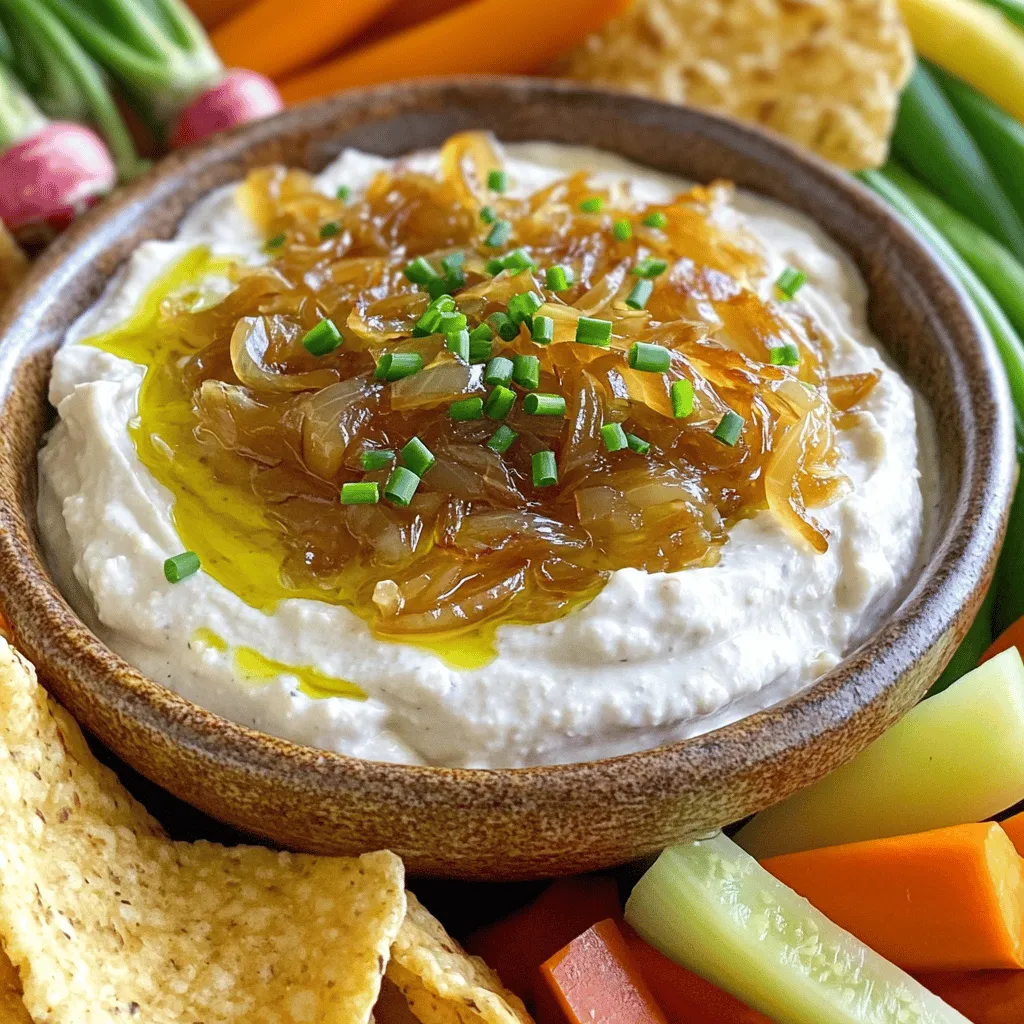 - 2 large onions, thinly sliced - 2 tablespoons extra virgin olive oil - 1 teaspoon sea salt - 1 teaspoon granulated sugar - 1 cup sour cream, at room temperature - 1 cup cream cheese, softened for easy blending - 2 tablespoons fresh chives, finely chopped - 1 tablespoon fresh thyme leaves, finely chopped - Freshly cracked black pepper, to taste If you run out of sour cream, use Greek yogurt. It adds creaminess and tang. For cream cheese, cottage cheese works well too. Blend it until smooth. If you don’t have fresh herbs, dried herbs can be a quick option. Use half the amount since dried herbs are stronger. You will need a large skillet for caramelizing the onions. A mixing bowl helps when blending the dip. A spatula or wooden spoon is great for stirring. Finally, use a serving bowl to hold your dip when it’s ready. Start by heating a large skillet over medium heat. Add 2 tablespoons of extra virgin olive oil. Then, toss in 2 large onions that you have thinly sliced. Sprinkle 1 teaspoon of sea salt over the onions. This salt pulls out moisture and helps them soften. Stir often for about 10 minutes until they look soft and translucent. Next, add 1 teaspoon of granulated sugar. This sugar makes the onions sweet and helps them caramelize. Lower the heat to a gentle simmer. Cook the onions for 25 to 30 minutes. Stir every few minutes. You want them to turn a deep golden brown and smell sweet. Once they are caramelized, take the skillet off heat. Let the onions cool a bit in the pan. In a mixing bowl, combine 1 cup of softened cream cheese and 1 cup of sour cream at room temperature. Mix them well until the blend is smooth and creamy. This is key for a rich texture. Next, gently fold in the cooled caramelized onions. Also, add in 2 tablespoons of finely chopped chives and 1 tablespoon of fresh thyme leaves. These herbs add a nice touch of flavor. Finally, season your dip with freshly cracked black pepper to taste. Transfer the dip to a serving bowl. Cover it well and place it in the fridge for at least 30 minutes. Chilling helps the flavors meld together. This time is crucial for a tasty dip. When ready to serve, you can add a sprinkle of extra chives on top for a pretty finish. To get sweet, golden onions, start with medium heat. Use a large skillet so the onions cook evenly. Add sea salt right after the onions. This draws out moisture and helps them soften. After about ten minutes, sprinkle in sugar. Sugar boosts the sweetness and speeds up caramelization. Stir every few minutes for about 25 to 30 minutes. Watch them turn from translucent to deep brown, which means they are ready. For a smooth dip, blend the cream cheese and sour cream well. Make sure both are at room temperature. This makes mixing easier. After adding the caramelized onions, chives, and thyme, fold gently. This keeps the dip fluffy. If it feels too thick, mix in a little more sour cream until you reach your desired texture. Serve your dip with colorful veggies, pita chips, or crusty bread. This adds texture and makes a great display. For a fun touch, garnish with more chives and a drizzle of olive oil. This not only looks nice but adds extra flavor. If you’re feeling adventurous, try adding different herbs or spices to change things up! {{image_4}} You can change the flavor of your dip by adding herbs and spices. Fresh dill brings a bright taste. You might also try parsley for a fresh note. A pinch of smoked paprika adds a warm depth. If you want heat, cayenne pepper is a great choice. Just remember, start with a little. You can always add more later. Cheese can make your dip even richer. Creamy goat cheese gives a tangy kick. Or try mixing in some sharp cheddar. For a twist, add feta for a salty punch. Mix in cheese after blending the base for a creamy texture. This creates layers of flavor that will impress your friends. You can still enjoy this dip if you avoid dairy. Use a dairy-free cream cheese and a plant-based yogurt. They work well in the same amounts. For added richness, blend in some soaked cashews. This keeps the creamy texture while being vegan friendly. You won't miss the dairy at all! To keep your caramelized onion dip fresh, store it in an airtight container. Make sure the dip has cooled completely before sealing it. This helps prevent moisture build-up. Place it in the main part of your fridge, not in the door. The dip will stay nice and creamy that way. If you have extra dip, freezing is a great option. Use a freezer-safe container and leave some space at the top. The dip may expand when frozen. For best results, use it within three months. When ready to eat, thaw it overnight in the fridge. When stored properly, the dip lasts about five days in the fridge. Keep an eye out for any changes in smell or texture. If you notice anything off, it’s best to toss it. Always check before serving to ensure it’s still fresh. Yes, you can use frozen onions. They save time and are easy to find. However, fresh onions yield better flavor. When using frozen, thaw them first. Then, follow the same cooking steps. This ensures they caramelize well. To add spice, try these ideas: - Add a pinch of cayenne pepper. - Mix in some diced jalapeños. - Use spicy flavored cream cheese. These changes will give your dip a nice kick. Serve with: - Fresh vegetable sticks like carrots and celery. - Crispy pita chips for crunch. - Slices of crusty bread for a hearty option. - Pretzel bites for a fun twist. These pairings enhance the dip's rich flavor and texture. To make a great caramelized onion dip, I've shared all the key ingredients, steps, and tips. You can substitute ingredients easily and use different flavors to create your own twist. Storage tips help you keep leftovers fresh, and the FAQs answer your common questions. Overall, making this dip is simple and fun. Enjoy it at your next gathering, and don’t forget to add your favorite snacks for dipping. Experiment with flavors to make it yours!