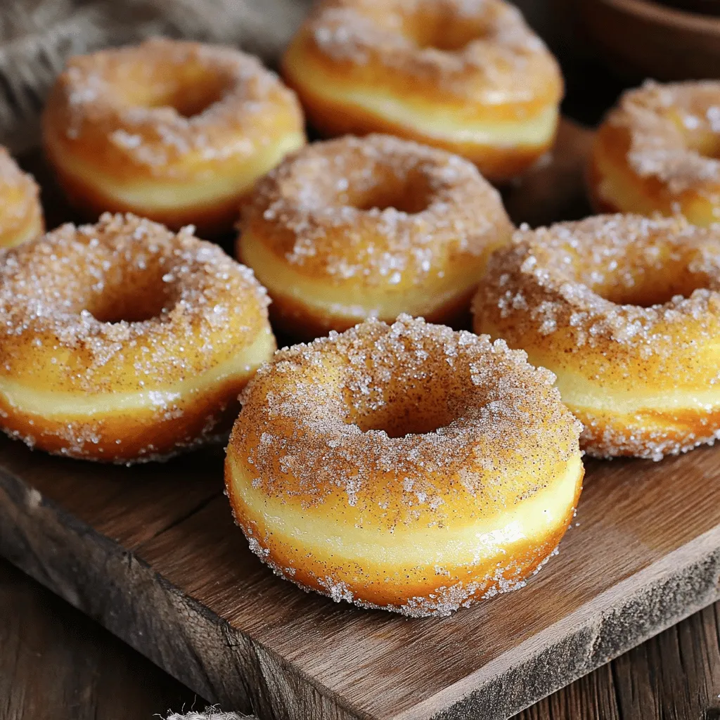 - 2 cups apple cider - 2 ½ cups all-purpose flour - ¾ cup granulated sugar - ½ cup unsalted butter - 1 tsp baking powder - ½ tsp baking soda - 1 tsp ground cinnamon - ½ tsp ground nutmeg - ½ tsp ground ginger - ½ tsp salt - ½ cup brown sugar for coating - 2 large eggs - 1 tsp vanilla extract To make spiced apple cider doughnuts, you need fresh apple cider. It gives the doughnuts a warm, sweet flavor. You will also need all-purpose flour and sugar. These help create a light and fluffy doughnut. Butter adds richness, while eggs bind the ingredients together. Spices make these doughnuts special. Cinnamon, nutmeg, and ginger add warmth and depth. Baking powder and soda help the dough rise, giving it a nice texture. Don't forget the salt; it balances the sweetness. For the finishing touch, brown sugar and cinnamon create a sweet coating. It adds a delightful crunch to each bite. Gather these ingredients, and you are ready to make a treat that celebrates fall. To start, pour 2 cups of apple cider into a saucepan. Place it over medium heat. Let it simmer gently. Stir occasionally as it cooks. Keep an eye on it for about 15-20 minutes. The goal is to reduce it to about 1 cup. This step thickens the cider and concentrates its flavor. Once reduced, remove it from the heat and let it cool slightly. In a large bowl, mix together the dry ingredients. You will need 2 ½ cups of all-purpose flour, 1 teaspoon of baking powder, ½ teaspoon of baking soda, 1 teaspoon of ground cinnamon, ½ teaspoon of ground nutmeg, ½ teaspoon of ground ginger, and ½ teaspoon of salt. Whisk these ingredients well to blend. In another bowl, add ¾ cup of granulated sugar and 2 large eggs. Whisk them until they are fully combined. Then, gradually mix in ½ cup of melted unsalted butter and 1 teaspoon of vanilla extract. Finally, stir in the cooled apple cider. Mix until smooth. Now, gently fold the wet ingredients into the dry ingredients. Use a spatula or wooden spoon for this. Mix just until combined. Be careful not to overmix, as this can make the doughnuts tough. Next, prepare your doughnut pan. Grease it well to prevent sticking. Fill each cavity with the batter, filling them about ¾ full. This allows the doughnuts to rise properly. Now, place the pan in a preheated oven at 350°F (175°C). Bake for about 10-12 minutes. Check for doneness by lightly touching the doughnuts. They should spring back. Once done, let them cool in the pan for about 5 minutes. Then, transfer them to a wire rack to cool completely. To make great doughnuts, start by preventing them from sticking. Grease your doughnut pan well. I use butter for the best results. This helps them slide out easily. Avoid overmixing the batter. Mix just until you see no dry flour. Overmixing makes doughnuts tough, not soft! You can boost the flavor with extra spices. Try adding more cinnamon or nutmeg for a warm taste. A pinch of cloves can also give a nice kick. For a sweet touch, consider glazes or frostings. A simple vanilla glaze adds shine and flavor. For autumn gatherings, present your doughnuts beautifully. Arrange them on a nice platter. Sprinkle a little extra cinnamon on top for flair. Pair them with fresh apple slices or a warm cup of coffee. This balance makes your treat even more delightful! {{image_4}} You can make spiced apple cider doughnuts healthier. Here’s how: - Using whole wheat flour: Replace all-purpose flour with whole wheat flour. This change adds fiber and nutrients. It also gives a nutty flavor that pairs well with spices. - Substituting sugar with natural sweeteners: Use honey or maple syrup instead of granulated sugar. This adds sweetness and keeps the doughnuts moist. Reduce the liquid slightly to keep the right texture. If you need gluten-free doughnuts, you have great choices: - Gluten-free flour alternatives: Use almond flour or a gluten-free flour blend. These options work well and give a tender crumb. - Adjusting wet ingredient ratios: Gluten-free flours absorb more liquid. You may need to add extra apple cider or a bit of yogurt to keep the doughnuts moist. Get creative with flavors in your doughnuts: - Incorporating nuts or chocolate chips: Add chopped walnuts or pecans for crunch. You can also mix in dark chocolate chips for a sweet twist. - Different spice blends: Try pumpkin spice for a seasonal touch. You can also add a hint of vanilla to enhance the flavors and aroma. To keep your spiced apple cider doughnuts fresh, store them in an airtight container. This helps keep moisture in and air out. A simple plastic or glass container works great. Place a paper towel at the bottom to absorb excess moisture. You can stack them, but leave space to avoid squishing. Store them at room temperature for up to three days. If you want to keep them longer, consider freezing them. You can freeze your doughnuts to enjoy later. First, let them cool completely. Wrap each doughnut in plastic wrap or foil. Then, place them in a freezer-safe bag. This prevents freezer burn. They can stay in the freezer for up to three months. When you're ready to eat, take one out and thaw it at room temperature. For best results, let it sit for about an hour. To enjoy your doughnuts warm again, use the oven. Preheat the oven to 350°F (175°C). Place the doughnuts on a baking sheet for about 5-10 minutes. This method keeps them soft and delicious. You can also use a microwave if you're in a hurry. Heat them for about 10-15 seconds. Just be careful not to overheat, or they might get tough. Enjoy your doughnuts warm for the best taste! To reduce apple cider, start with two cups. Pour it into a saucepan. Heat it over medium heat. Stir it occasionally. Let it simmer until it thickens. You want about one cup of reduced cider. This process takes around 15 to 20 minutes. The result should be a sweet, strong flavor. Use this reduced cider in your doughnuts for a rich taste. Yes, you can make the doughnut batter ahead. Store the raw batter in the fridge. Use an airtight container for the best results. It can stay fresh for up to 24 hours. When you're ready to bake, just stir it gently. This helps keep the texture light and fluffy. Spiced apple cider doughnuts stay fresh for about two days at room temperature. Keep them in a covered container. If you want them to last longer, place them in the fridge. They can stay good for about a week in the fridge. Just remember to warm them up before enjoying! In this post, we explored how to make spiced apple cider doughnuts. We covered key ingredients, explained step-by-step instructions, and shared tips for perfect results. I also discussed variations, including healthier options and storage best practices. Remember, these doughnuts bring warm, cozy flavors that fit any autumn gathering. With easy tweaks, you can adjust them to suit your taste. Enjoy making and sharing these treats with family and friends!