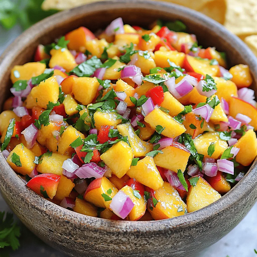 - 4 cups fresh peaches, peeled and diced - 1 cup red onion, finely chopped - 1 jalapeño pepper, seeded and minced - 1/2 cup red bell pepper, finely chopped - 2 tablespoons fresh lime juice - 1/4 cup fresh cilantro, chopped - 1 teaspoon garlic powder - 1 teaspoon ground cumin - 1 teaspoon sugar (optional) - Salt and pepper to taste - 1/4 teaspoon cayenne pepper - Canning jars - Mixing bowl - Spatula - Boiling water bath setup Gather these items to make your sweet and spicy peach salsa. Fresh peaches are key for flavor. The red onion adds a lovely crunch, while the jalapeño gives it a kick. The red bell pepper sweetens the mix, and lime juice brings in brightness. For seasoning, I love using fresh cilantro. Garlic powder and cumin add depth, and cayenne gives it a spicy twist. Adjust the sugar to your liking. You can skip it if you prefer a more savory salsa. You'll need canning jars to store the salsa. A mixing bowl helps you combine the ingredients. A spatula is handy for mixing. Lastly, a boiling water bath setup is essential for safe canning. With all these ingredients and tools, you're ready to create a flavorful treat. For the full recipe, check the detailed instructions! - Peel and dice fresh peaches. - Chop red onion, jalapeño, and red bell pepper. To start, wash your fresh peaches. Peeling them is key for the right texture. Use a sharp knife to dice them into small pieces. Aim for uniform cuts to help the salsa blend well. Next, grab your red onion. Finely chop it, as this adds a nice crunch. For the jalapeño, slice it in half, remove seeds, and mince it. This brings the heat! Finally, chop the red bell pepper. Its sweetness balances the heat from the jalapeño. - Combine peaches, onions, jalapeño, and bell pepper in a bowl. - Add lime juice and cilantro, followed by seasonings. In a large mixing bowl, combine your diced peaches, chopped onion, minced jalapeño, and red bell pepper. This mix creates a beautiful color palette. Next, drizzle fresh lime juice over the top. This adds a zesty kick. Toss in the chopped cilantro for freshness. It brightens up the flavors! Now, sprinkle in garlic powder, ground cumin, and cayenne pepper. Adjust sugar to your liking. Season with salt and pepper. Gently mix everything with a spatula. Be careful not to mash the peaches. - Transfer salsa to sterilized jars. - Process in boiling water bath for 15-20 minutes. Once your salsa tastes perfect, it’s time for canning. Carefully spoon the salsa into sterilized jars. Leave about half an inch of headspace at the top. Seal each jar with a lid. Place the jars into a boiling water bath. This step preserves your salsa! Process them for 15 to 20 minutes. After that, let the jars cool completely at room temperature. Store them in a cool, dark place for the best results. For the full recipe, check out the details above! - Adjust sweetness with sugar to match your taste. - Balance lime juice for a fresh and zesty kick. To enhance the flavor of your sweet and spicy peach salsa, consider your sweetness preference. If you find the salsa too tart, adding a teaspoon of sugar can help. Remember, you can always taste and tweak. The lime juice brightens the flavor, so finding the right balance is key. A splash more lime juice can make all the difference! - Stir gently to avoid mashing peaches. - Allow salsa to sit for flavors to meld. When mixing your salsa, be gentle. You want to keep those peach chunks intact. If you stir too hard, you might turn it into a puree. After mixing, let your salsa sit for a little while. This helps all the flavors blend together beautifully, making each bite more delicious. - Ensure jars are properly sterilized. - Maintain headspace when filling jars. Proper canning is vital to keep your salsa fresh. Always sterilize your jars before use. This step prevents bacteria from ruining your hard work. When filling the jars, leave about 1/2 inch of headspace at the top. This space allows for expansion during processing, ensuring your salsa stays sealed and safe for storage. {{image_4}} You can make your salsa even more special by changing a few items. - Use different peppers for varying heat levels. A poblano adds a nice flavor with less heat. - Substitute lime with lemon juice for a zestier taste. This change brightens the flavor and adds a twist. Want to try something new? Here are some great ideas! - Incorporate fruit like mango for a tropical twist. Mango brings sweetness and pairs well with peaches. - Mix in black beans for added texture and nutrition. This addition makes your salsa heartier and more filling. How you serve your salsa can change the whole meal! - Pair with grilled meats or fish. The sweet and spicy flavors work great together. - Use as a topping for tacos or burritos. It adds freshness and a kick to your favorite dishes. For the full recipe, check out the details above! Store your canned salsa in a cool, dark place. This helps keep the salsa fresh. Make sure jars are completely sealed before you store them. A tight seal prevents air and bacteria from ruining your salsa. Your salsa will stay fresh for up to 1 year. Always check the seals and appearance before you eat it. If a jar is bulging or leaking, throw it away. Your safety is the most important thing. Once you open a jar, refrigerate any leftover salsa. Use it within a week if refrigerated. This keeps it safe and tasty. Enjoy your sweet and spicy peach salsa with chips or on grilled meats! Yes, but fresh peaches are recommended for optimal flavor. Fresh peaches have better texture and taste. They bring out the best in your salsa. If you use frozen peaches, thaw and drain them first. This helps avoid excess moisture in the salsa. The spiciness can be adjusted by modifying the amount of jalapeño and cayenne pepper. If you like it mild, use less jalapeño. For more heat, add more jalapeño or cayenne pepper. Remember, you control the spice level! It pairs well with tortilla chips, grilled meats, and seafood dishes. You can use it as a dip or a topping. It adds great flavor to tacos, grilled chicken, or fish. Absolutely, feel free to adjust sugar according to your taste preference. If you prefer a less sweet salsa, cut back on the sugar. You can always add a bit later if needed. This blog post showed you how to make fresh peach salsa from scratch. You learned about the ingredients, how to prepare them, and canning tips. I shared ways to add flavor and texture. Remember, you can adjust ingredients to fit your taste. Make sure to store your salsa properly for the best shelf life. Enjoy your tasty creations at home with friends and family. Dive into this fun process and savor every bite of your homemade salsa!