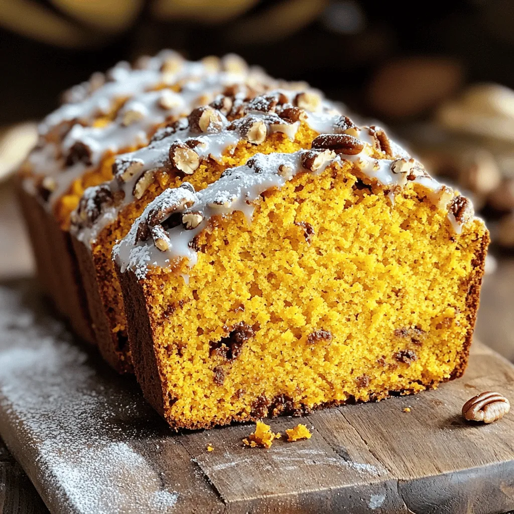 To make the perfect Vanilla Spiced Pumpkin Bread, you need to gather a few simple ingredients. Each one plays a key role in making this bread tasty and moist. Here’s the complete list: - 1 ¾ cups all-purpose flour - 1 teaspoon baking soda - ½ teaspoon baking powder - 1 teaspoon ground cinnamon - ½ teaspoon ground nutmeg - ¼ teaspoon ground ginger - ½ teaspoon salt - 1 cup pumpkin puree - ½ cup granulated sugar - ¼ cup brown sugar, packed - ½ cup vegetable oil - 2 large eggs - 1 teaspoon pure vanilla extract - ½ cup chopped pecans (optional) - ½ cup chocolate chips (optional) Each ingredient works together to create a soft, spiced bread that fills your home with a warm aroma. The pumpkin puree gives moisture while sugars add sweetness. The spices bring out the flavors of fall. You can also add nuts or chocolate for extra texture. - Preheat oven to 350°F (175°C) - Prepare a 9x5-inch loaf pan (grease with non-stick spray or butter) Start by preheating your oven to 350°F (175°C). This step is key for even baking. While the oven heats, prepare your loaf pan. Use non-stick spray or butter to grease it well. This makes it easy to remove the bread later. - Combine all-purpose flour, baking soda, baking powder, spices, and salt - Whisk until free of lumps In a medium bowl, mix the dry ingredients together. Combine 1 ¾ cups of all-purpose flour, 1 teaspoon of baking soda, ½ teaspoon of baking powder, 1 teaspoon of ground cinnamon, ½ teaspoon of ground nutmeg, ¼ teaspoon of ground ginger, and ½ teaspoon of salt. Whisk these ingredients until you see no lumps. This helps the bread rise well. - Blend pumpkin puree, sugars, and vegetable oil until smooth - Incorporate eggs one at a time and mix well - Add pure vanilla extract and combine In a large bowl, blend together 1 cup of pumpkin puree, ½ cup of granulated sugar, ¼ cup of packed brown sugar, and ½ cup of vegetable oil. Mix until smooth. Crack 2 large eggs into the bowl, adding one at a time. Stir well after each egg. Finally, add 1 teaspoon of pure vanilla extract and mix until everything is combined. - Gently fold dry ingredients into wet mixture until no flour streaks remain - Avoid overmixing for a lighter texture Now, it’s time to combine the wet and dry mixtures. Gently fold in the dry mix into the wet mix. Do this until you see no more flour streaks. Be careful not to overmix, as this can make the bread dense. A little mixing goes a long way. - Fold in chopped pecans and chocolate chips if desired If you want to add more texture, now is the time. Gently fold in ½ cup of chopped pecans or ½ cup of chocolate chips. This step is optional but adds great flavor and crunch to your bread. - Pour batter into prepared loaf pan - Bake for 55-65 minutes; check doneness with a toothpick Pour the batter into your prepared loaf pan. Use a spatula to smooth the top. Then, place the pan in the oven. Bake for 55-65 minutes. To check if it’s done, insert a toothpick into the center. If it comes out clean or with a few moist crumbs, your bread is ready! Mixing your batter just until combined is key. Overmixing can make your bread tough. It also creates a denser texture, which is not what we want. When you fold in the dry mix, stop when you see no more flour streaks. This helps keep your bread light and fluffy. Smoothing the batter helps it bake evenly. After pouring the batter into the loaf pan, use a spatula to spread it out. Make sure the top is flat. This promotes even heat distribution. If the batter is uneven, some parts may bake faster than others. You can boost the flavor with more spices. Try adding a pinch of allspice or cardamom. They pair well with pumpkin. Another fun idea is to use maple syrup instead of some sugar. It adds a warm sweetness. If you love nuts, consider adding walnuts for a different crunch. These small changes can make your bread even more delightful. {{image_4}} If you want a nut-free bread, skip the pecans. You can use sunflower seeds or pumpkin seeds instead. These seeds add crunch and a nutty taste without any allergens. For chocolate lovers, swap the chocolate chips for dried fruit. Raisins or cranberries work well and give a nice chewy texture. To make this bread gluten-free, replace all-purpose flour with a gluten-free flour blend. Look for a blend that includes xanthan gum for the best texture. You can also use almond flour, but adjust the amount to about 1 ½ cups. Almond flour adds a rich flavor but may change the bread's density. Want to change the flavor? Use butternut squash puree instead of pumpkin puree. It gives a sweet taste and works well in baked goods. For spices, try adding allspice or cardamom in place of cinnamon. Each spice brings a unique warmth that can make your bread even more special. To keep your vanilla spiced pumpkin bread fresh, wrap it well. Use plastic wrap or aluminum foil. You can also place it in an airtight container. Store it at room temperature for up to three days. If you want it to last longer, try refrigeration. This method can help the bread stay good for about a week. Just remember, it may get a bit dense in the fridge. To freeze your pumpkin bread, let it cool completely first. Once cool, slice the bread into pieces. Wrap each slice in plastic wrap to prevent freezer burn. Then, place the wrapped slices in a freezer bag. Remove as much air as possible before sealing. This way, the bread can stay fresh for up to three months. When you're ready to eat, just take out a slice. To enjoy leftovers warm, preheat your oven to 350°F (175°C). Place the slices on a baking sheet. Heat them for about 10 minutes. You can also use a microwave. Heat each slice for about 15-20 seconds. If you want extra warmth, top with butter or cream cheese. This makes each bite even more delicious! To make this pumpkin bread vegan, swap the eggs for flaxseed meal. Mix 1 tablespoon of flaxseed meal with 2.5 tablespoons of water. Let it sit for five minutes to thicken. You can also use a plant-based oil, like coconut or canola oil. Yes, you can use fresh pumpkin! Start by roasting a pumpkin until soft. Then, scoop out the flesh and blend it until smooth. This gives you a fresh flavor. Just make sure it’s well-drained to avoid excess moisture. Absolutely! You can add nuts, like walnuts or pecans, for crunch. Dried fruits, such as cranberries or raisins, can also add sweetness. If you want a chocolate kick, toss in some chocolate chips. Feel free to experiment with spices, too! Check for doneness with a toothpick. Insert it into the center of the bread. If it comes out clean or with just a few crumbs, it’s done. You can also gently press the top; it should spring back. This bread pairs well with whipped cream cheese. A drizzle of warm cream cheese glaze adds a nice touch. You can also serve it with coffee or tea for a cozy treat. Enjoy it warm or at room temperature! This post explored the key ingredients for a delicious Pumpkin Bread. It covered how to mix, bake, and even troubleshoot your bread. A few tips can help you avoid common mistakes. You can also try tasty variations like nut-free or gluten-free options. Remember, proper storage keeps your bread fresh longer. Enjoy experimenting with flavors and share your baking results! Happy baking!
