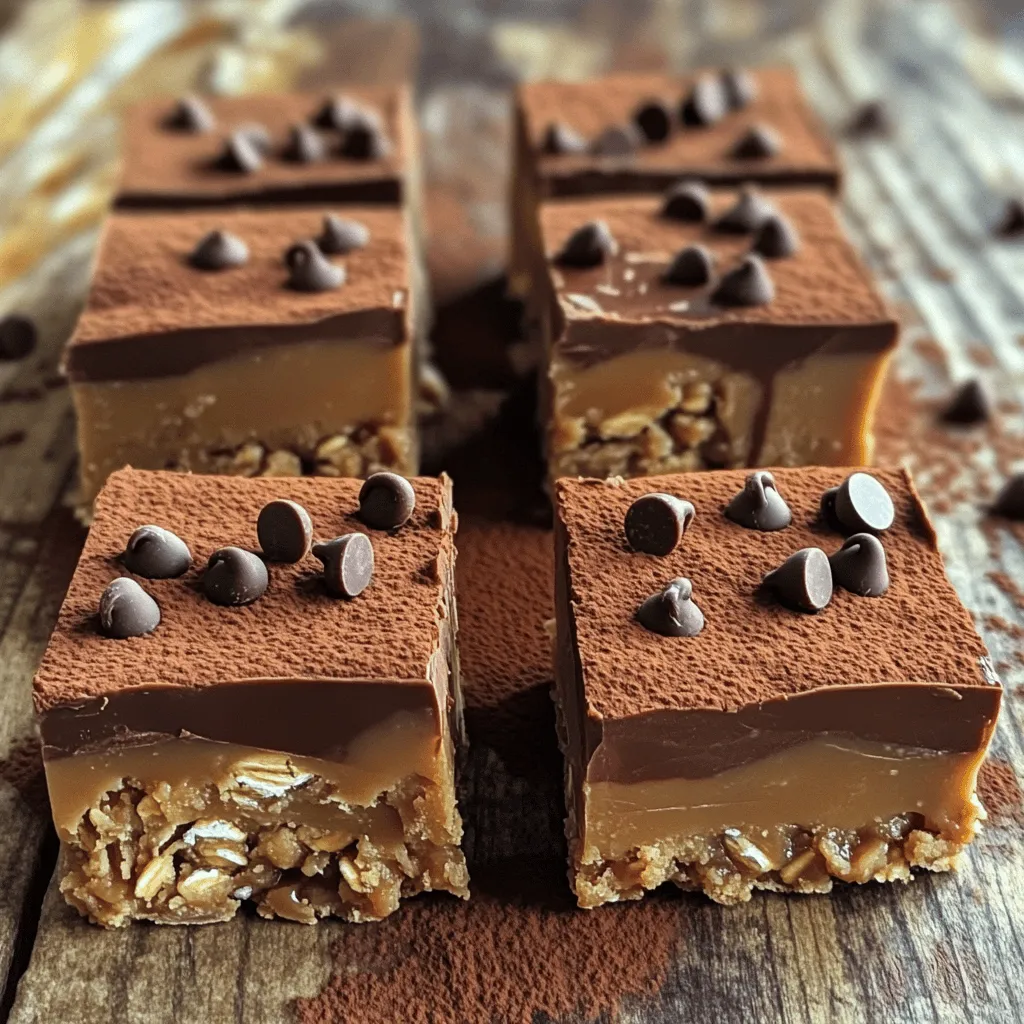 To make these tasty bars, you need a few key items: - 1 cup creamy peanut butter - 1/2 cup honey or maple syrup - 2 cups rolled oats - 1/2 cup almond flour - 1/4 cup unsweetened cocoa powder - 1/4 cup chocolate chips (optional) - 1 teaspoon vanilla extract - A pinch of sea salt These ingredients come together to create a rich and delicious treat. The creamy peanut butter gives a smooth texture. Honey or maple syrup adds sweetness and helps bind everything. Rolled oats provide a chewy base, while almond flour adds nutty flavor. Cocoa powder makes the bars chocolatey. You can get creative with your bars. Here are some optional ingredients: - Dried fruits like cranberries or raisins - Chopped nuts for extra crunch - A sprinkle of sea salt on top Adding these ingredients can change the flavor and texture. For example, nuts add crunch, while dried fruits add sweetness. You can easily swap some ingredients based on what you have: - Use natural peanut butter instead of creamy for a more rustic flavor. - Swap honey for agave syrup if you prefer a vegan option. - Oats can be replaced with a gluten-free option if needed. These substitutions keep the essence of the bars while fitting your needs. Always aim for ingredients you enjoy to make the bars truly yours. Start by grabbing a medium saucepan. Set your stove to low heat. Add 1 cup of creamy peanut butter and 1/2 cup of honey or maple syrup. Stir the mix constantly until it melts and becomes smooth. This step ensures a tasty base for your bars. Once melted, take the saucepan off the heat. Next, stir in 1 teaspoon of vanilla extract and a pinch of sea salt. Mix well to blend all the flavors together. Now, grab a large mixing bowl. Add 2 cups of rolled oats, 1/2 cup of almond flour, and 1/4 cup of unsweetened cocoa powder. Use a whisk or spoon to mix these dry ingredients thoroughly. You want them evenly blended for the best taste. This step adds texture and a rich flavor to your bars. You will need an 8x8 inch square baking dish for this part. Line it with parchment paper, letting some paper hang over the sides. This helps with easy removal later. Pour the warm peanut butter mix into the bowl with the dry ingredients. Stir until everything is fully coated. If you want a sweeter touch, fold in 1/4 cup of chocolate chips now. Transfer the mixture into the prepared baking dish. Use a spatula or your hands to press it down firmly and evenly. This step is crucial for a nice texture. Place the dish in the fridge for at least 1 hour. This chilling time helps the bars set and become firm. Once chilled, lift the bars out using the parchment paper. Cut them into squares of your choice. Enjoy your creation! To get the best texture, use creamy peanut butter. It mixes well and keeps the bars smooth. When you melt the peanut butter, do it slowly. Low heat helps to avoid burning. After mixing, press the mixture firmly into the dish. This step helps the bars stay together. If they are too crumbly, add a bit more honey or maple syrup. This will bind the ingredients better. For serving, cut the bars into even squares. This makes them easy to grab. Place them on a nice platter. You can sprinkle extra chocolate chips on top for a fun look. For a fancy touch, drizzle melted chocolate over each bar. This gives a nice shine and adds flavor. Serve them cold for a refreshing treat on a warm day. One common mistake is not pressing the mixture down enough. If it’s loose, bars may crumble. Another mistake is using too much heat when melting. This can change the flavor and texture. Be careful with ingredient measurements. Too much cocoa powder can make them bitter. Finally, don’t skip chilling the bars. They need time to set properly before cutting. {{image_4}} You can switch up the flavor of your no-bake peanut butter bars easily. Add in some vanilla protein powder for a boost. You can also swap out the cocoa powder for carob powder if you want a different taste. Try using almond butter instead of peanut butter for a nutty twist. You can even add a splash of peppermint extract for a fresh surprise. Mix in some dried fruit like cranberries or raisins for extra sweetness. You can also use chopped nuts, like walnuts or pecans, for crunch. Want a little more chocolate? Throw in more chocolate chips or even mini marshmallows. Each extra ingredient can change the whole vibe of your bars. To make these bars vegan, just use maple syrup instead of honey. Ensure that your chocolate chips are dairy-free. For a gluten-free option, check that your rolled oats are certified gluten-free. Almond flour is naturally gluten-free, so you're already set on that front. This way, everyone can enjoy your tasty treats! To keep your no-bake peanut butter bars fresh, store them in an airtight container. This will help prevent them from drying out. I recommend placing parchment paper between layers to avoid sticking. Keeping them in the fridge is best. The cool air helps maintain their texture and taste. When stored properly in the fridge, these bars can last up to one week. After that, they may start to lose their texture and flavor. If you notice any changes in smell or appearance, it’s best to toss them. Always trust your senses to ensure safety. If you want to keep your bars for longer, freezing is a great option. Wrap each bar in plastic wrap, then place them in a freezer-safe bag. They can last up to three months in the freezer. When you’re ready to enjoy them, let them thaw in the fridge for a few hours before eating. This keeps their flavor intact. Yes, you can use natural peanut butter. Just make sure it is creamy. Natural peanut butter can be a bit runnier, so it may change the texture. You might need to adjust the amount of oats if it feels too soft. To make the bars more chocolatey, add more cocoa powder. You could also use more chocolate chips. Drizzling melted chocolate on top adds a rich touch. Just melt some chocolate and pour it over the bars before chilling. If you want a substitute for honey or maple syrup, try agave nectar. You can also use brown rice syrup or date syrup. These options will keep the bars sweet and sticky. Yes, you can make these bars in advance. They store well in the fridge for up to a week. You can also freeze them for longer storage. Just wrap them tightly in plastic wrap or foil. No-bake peanut butter bars are simple and fun to make. We covered key ingredients and how to tweak them. I shared step-by-step instructions for a smooth process. You learned tips to get the perfect texture and avoid common mistakes. We explored tasty variations to keep it exciting. Lastly, I provided storage tips for freshness. Now, it’s time to get inventive in the kitchen. Enjoy your tasty creations, and share them with friends!