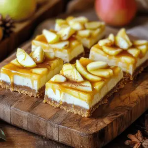 To make delicious caramel apple cheesecake bars, you need these key ingredients: - 2 cups graham cracker crumbs - 1/2 cup unsalted butter, melted - 1/4 cup granulated sugar - 2 (8 oz) packages cream cheese, softened - 1 cup granulated sugar - 1 teaspoon vanilla extract - 2 large eggs - 2 cups apples, peeled and diced (about 2 medium apples) - 1 teaspoon ground cinnamon - 1/4 teaspoon nutmeg - 1/2 cup caramel sauce, plus extra for drizzling - 1/4 cup all-purpose flour These ingredients work together to create a creamy filling with a crunchy crust. You can add some ingredients to boost flavor: - Chopped walnuts or pecans for crunch - A pinch of salt to balance sweetness - Extra vanilla for depth These options make the bars even more special. If you need to make swaps, here are some ideas: - Use gluten-free graham crackers for a gluten-free version. - Substitute coconut oil for butter if you want a dairy-free option. - Swap in honey or maple syrup for granulated sugar for natural sweetness. These substitutions keep your bars delicious while meeting dietary needs. To start, preheat your oven to 325°F (160°C). Grab a 9x13 inch baking dish and line it with parchment paper. Make sure the edges hang over a bit. This helps when lifting the bars out later. In a medium bowl, mix 2 cups of graham cracker crumbs, 1/2 cup of melted unsalted butter, and 1/4 cup of granulated sugar. Stir until it feels like wet sand. Press this crumb mixture firmly into the bottom of your dish. Bake for about 10 minutes. When done, let it cool slightly. Take a large bowl and add 2 packages of softened cream cheese. Use an electric mixer to beat it until smooth. Then, mix in 1 cup of granulated sugar and 1 teaspoon of vanilla extract. Blend until creamy. Next, add 2 large eggs, one at a time. Make sure each egg is mixed in well. Gradually add 1/4 cup of flour, 1 teaspoon of ground cinnamon, and 1/4 teaspoon of nutmeg. Stir until well combined. Now, gently fold in 2 cups of diced apples. Ensure the apples are coated in the mix. Pour the apple cheesecake mixture over the baked crust, spreading it evenly. Drizzle 1/2 cup of caramel sauce on top. Use a knife or toothpick to swirl the caramel into the mixture. Bake in the oven for 30-35 minutes. The edges should be firm, and the center should jiggle a bit. Let the bars cool at room temperature. For best flavor, refrigerate for at least 3 hours or overnight. Once chilled, lift the bars out using the parchment paper. Slice into squares and add more caramel sauce on top before serving. To get a smooth and creamy cheesecake, start with softened cream cheese. It helps blend easily. Use an electric mixer on medium speed. Mix the cream cheese until it is fluffy. Add sugar and vanilla next. Make sure each egg is blended in well before adding another. This helps keep the texture light. Fold in the apples gently. Avoid over-mixing to keep the air in the batter. After cooling, use a sharp knife for clean cuts. Wipe the knife with a damp cloth between cuts. This prevents sticking and keeps edges neat. For best results, refrigerate overnight before slicing. This helps the bars set and makes them easier to cut. Use the parchment paper to lift the bars out of the dish. This way, you keep the shape intact. Caramel apple cheesecake bars pair well with whipped cream. A scoop of vanilla ice cream adds a nice touch too. You can also sprinkle more cinnamon on top. This enhances the fall flavors. For a fun twist, serve with a side of warm caramel sauce. It makes each bite extra special. Enjoy with a hot drink like cider or coffee for the full experience! {{image_4}} To make gluten-free caramel apple cheesecake bars, swap graham crackers for gluten-free crumbs. You can find these in stores or make your own using gluten-free cookies. Make sure to check that your caramel sauce is gluten-free too. This way, everyone can enjoy a slice without worry. For a vegan version, replace cream cheese with a plant-based option. Use coconut cream or cashew cream for a creamy texture. Substitute eggs with flaxseed meal mixed with water. This keeps the bars moist and delicious. Use a vegan caramel sauce to top it off. You won’t miss the dairy! You can add nuts to give your bars a nice crunch. Walnuts or pecans work great. Just chop them up and fold them into the cheesecake mix. You can also get creative with fruit. Try adding cranberries or pears for a twist. Each addition brings a new flavor that can surprise your taste buds. To store leftover cheesecake bars, place them in an airtight container. You can keep them in the fridge for up to five days. Make sure they are fully cooled before storing. If you cut them, separate the pieces with parchment paper. This keeps them from sticking together. If you want to freeze the bars, first wrap them well in plastic wrap. Then place the wrapped bars in a freezer-safe bag. They can last for up to three months in the freezer. When you are ready to eat them, thaw in the fridge overnight before serving. To reheat, place the bars in a warm oven. Set the temperature to about 300°F (150°C). Heat for 10-15 minutes. This warms them without making them soggy. You can also use a microwave. Heat each piece for about 20-30 seconds. Enjoy the warm, gooey caramel flavor! Yes, you can make these cheesecake bars a day before. They taste even better after chilling overnight. Just keep them in the fridge. Use the parchment paper to lift them out for easy serving. I recommend using Granny Smith or Honeycrisp apples. They hold their shape well and add a nice tartness. You can also mix different types for a great flavor blend. Making homemade caramel sauce is simple! Just heat 1 cup of sugar in a saucepan over medium heat. Stir until it melts and turns golden brown. Then, add 1/2 cup of heavy cream slowly. Stir until smooth. Let it cool, and it’s ready to use! Caramel Apple Cheesecake Bars blend sweet and creamy flavors for a tasty treat. We explored essential and optional ingredients to enhance your dessert. You learned how to prepare the crust, make the filling, and master the baking process. I shared tips for a perfect texture and ways to cut your bars neatly. Whether you want a gluten-free or vegan version, there are options to try. Store leftovers wisely and enjoy them later. Now it’s time to bake, impress your friends, and savor each delicious bite!