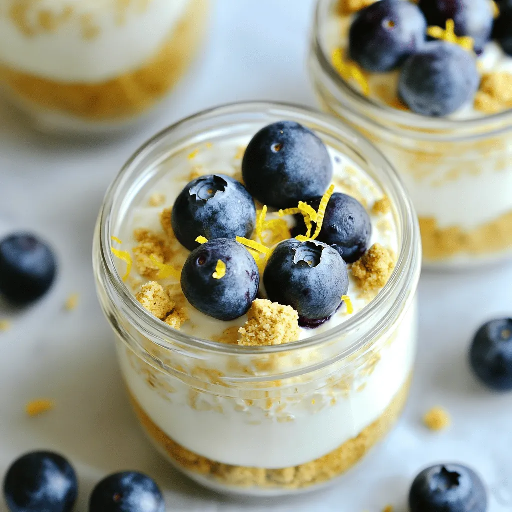 - 1 cup rolled oats - 1 cup unsweetened almond milk (or preferred milk type) - 1/2 cup Greek yogurt (plain or vanilla) - 1/4 cup cream cheese, softened - 2 tablespoons honey or maple syrup - Zest of 1 lemon - Juice of 1/2 lemon - 1 cup fresh blueberries (plus extras for garnish) - 1 teaspoon chia seeds (optional) - Pinch of salt - Crushed graham crackers for topping (optional) To make Blueberry Lemon Cheesecake Overnight Oats, you need simple ingredients. Start with rolled oats. They give a hearty base. Almond milk makes it creamy. You can use other milk types too. Greek yogurt adds tang and protein. Softened cream cheese brings a rich cheesecake flavor. For sweetness, you can add honey or maple syrup. Lemon zest and juice give a fresh, bright taste. Fresh blueberries are the stars here. They pop with flavor and color. Chia seeds are optional, but they thicken the mix. A pinch of salt balances the sweetness. Finally, add crushed graham crackers for that classic cheesecake crunch. Gather these ingredients, and you’re ready to create a delicious breakfast! To start your Blueberry Lemon Cheesecake Overnight Oats, gather all your ingredients. - Mixing the base ingredients: In a large bowl, combine 1 cup of rolled oats, 1 cup of unsweetened almond milk, 1/2 cup of Greek yogurt, and 1/4 cup of softened cream cheese. Add 2 tablespoons of honey or maple syrup, the zest of 1 lemon, the juice of 1/2 lemon, and a pinch of salt. Whisk this mixture until it is smooth and creamy. - Adding the chia seeds and blueberries: If you like, stir in 1 teaspoon of chia seeds for thickness. Then, gently fold in 1 cup of fresh blueberries. Be careful not to crush them! Next, it's time to portion the oats. - Portioning the mixture into containers: Divide the oat mixture into two or three jars. Make sure each jar has space for the oats to expand as they soak. - Sealing and refrigerating: Seal the jars tightly and put them in the fridge. Let them soak overnight or for at least 4 hours. This soaking allows the oats to absorb all the liquid. Now that your oats are ready, it's time to enjoy them! - Topping ideas: In the morning, stir your oats. You can add more fresh blueberries on top and some crushed graham crackers for that cheesecake crunch. - Enjoying straight from the jar or in a bowl: You can eat your oats straight from the jar for a quick breakfast. Or, pour them into a bowl for a nice sit-down meal. To get the right texture, mix your base ingredients well. Start with rolled oats, almond milk, Greek yogurt, and cream cheese. Use a whisk to blend until smooth. This step is key for creaminess. Overnight soaking brings the oats to life. It allows them to soak up the milk. This makes them soft and fluffy by morning. If you can, let them soak for at least four hours. I always do it overnight for the best results. Adjusting sweetness is easy. You can use honey or maple syrup. Start with two tablespoons, then taste. If you want it sweeter, add more. Adding spices can really boost the flavor. A pinch of cinnamon or nutmeg works well. These spices give a warm taste that pairs nicely with the lemon and blueberries. Serving ideas can make your oats fun. Use mason jars for a cute look. This makes it easy to grab and go. You can layer the oats with extra blueberries on top. For a cheesecake vibe, sprinkle crushed graham crackers on top. This adds a nice crunch and looks appealing. Remember, presentation matters; it makes the meal more enjoyable! {{image_4}} You can switch the blueberries in this recipe. Try strawberries, raspberries, or peaches for a new taste. Seasonal fruits add fun flavors, too. If it’s summer, use fresh peaches. In fall, try apples or pears. Each fruit brings its own sweet charm. If you want a dairy-free dish, plant-based yogurts work great. Look for coconut, almond, or soy yogurts. You can also use non-dairy cream cheese. For milk, almond milk is good, but soy or oat milk is also tasty. These swaps keep the flavor while meeting your needs. For a lighter version, use lower-calorie sweeteners like stevia or monk fruit. They add sweetness without extra calories. You can also boost protein by adding more Greek yogurt. This makes your oats filling and nutritious. Enjoy delicious meals that fit your health goals! To keep your Blueberry Lemon Cheesecake Overnight Oats fresh, use glass jars or airtight containers. These are great for keeping the oats from drying out. Make sure to seal the jars tightly. This keeps air out and preserves flavor. Store the jars in the fridge. The cool temperature helps the oats stay fresh and tasty. If you plan to eat them later, label the jars with the date. This helps you track when you made them. Your overnight oats will last in the fridge for up to five days. This makes them perfect for meal prep. Look for signs of spoilage like off smells or changes in texture. If the oats look dry or clumpy, it’s best to throw them out. To prepare for the week ahead, make several jars at once. You can customize each jar with different toppings. This keeps breakfast exciting. Consider matching flavors with the season. For example, add peaches in summer or apples in fall. Make your breakfast fun and varied! Yes, you can use quick oats. However, rolled oats give a better texture. Quick oats cook faster and can become mushy. If you prefer creamier oats, stick with rolled oats. These overnight oats last about 3 to 5 days in the fridge. Keep them sealed in jars or containers. Always check for any off smell or changes in texture before eating. Yes, you can heat them up! Just transfer the oats to a bowl and microwave for 30-60 seconds. Stir well to ensure even heating. Enjoy warm oats for a cozy breakfast. You can use regular yogurt or plant-based yogurt. If you're dairy-free, coconut yogurt works well. Choose one that fits your taste and dietary needs. No, it's not necessary, but it adds a creamy texture and cheesecake flavor. If you want to skip it, add more yogurt instead. The oats will still taste great! You now have a simple and tasty guide to making overnight oats. We covered key ingredients, step-by-step prep, and helpful tips for success. Don’t forget, you can mix in different fruits or swap in dairy-free options for variety. These oats make for an easy meal prep solution that stays fresh and delicious in your fridge. Enjoy your creation right from the jar or in a bowl. Experiment and have fun with the flavors. You’re ready to start your overnight oats journey!
