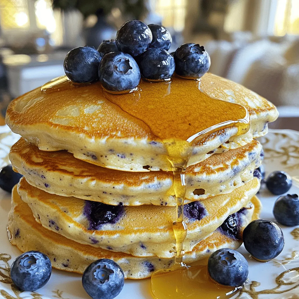 To make these fluffy pancakes, you need a few key ingredients: - 1 cup all-purpose flour - 1 tablespoon baking powder - 1/2 teaspoon baking soda - 1/4 teaspoon salt - 1 cup Greek yogurt - 1/2 cup milk - 1 large egg - 2 tablespoons honey or maple syrup - 1 teaspoon vanilla extract - 1 cup fresh blueberries - Butter or oil for cooking Each ingredient plays an important role. The flour gives structure, while the Greek yogurt adds creaminess. Baking powder and baking soda work together to create fluffiness. You can adjust the milk for your desired batter thickness. If you like thicker pancakes, use less milk. For thinner pancakes, add more. The honey or maple syrup adds sweetness and can be adjusted based on your taste. If you are out of Greek yogurt, try using regular yogurt or buttermilk. Both will work, but the texture might change slightly. For dairy-free options, almond milk or oat milk can replace regular milk. If you want to make these pancakes vegan, swap the egg for a flax egg or applesauce. First, grab a large mixing bowl. Add 1 cup of all-purpose flour to the bowl. Next, add 1 tablespoon of baking powder. Then, mix in 1/2 teaspoon of baking soda and 1/4 teaspoon of salt. Use a whisk to blend these dry ingredients well. Make sure there are no lumps. A smooth mixture helps your pancakes rise nicely. In another bowl, you will mix the wet ingredients. Start with 1 cup of Greek yogurt. Pour in 1/2 cup of milk. You can adjust the milk to get the batter thickness you want. Next, crack in 1 large egg, and add 2 tablespoons of honey or maple syrup for sweetness. Finally, include 1 teaspoon of vanilla extract for flavor. Whisk these together until smooth and creamy. Now, it’s time to combine the wet and dry mixtures. Gradually pour the wet mixture into the dry ingredients. Use a spatula or spoon to stir gently. Mix until just combined. It's okay if there are a few small lumps. Be careful not to overmix; this keeps your pancakes fluffy. After that, add 1 cup of fresh blueberries. Fold them in gently so they don't break. Your batter is now ready to cook! To make fluffy pancakes, use fresh baking powder. This helps create lift. Mix dry ingredients well. This ensures even distribution. When you add the wet mix, keep it gentle. The batter should be slightly lumpy. This gives your pancakes a nice texture. Overmixing is a common mistake. If you stir too much, pancakes can turn dense. Stir just until you see no dry flour. A few lumps are okay. They will disappear while cooking. Less mixing leads to fluffier pancakes. Heat your skillet to medium. A hot pan is key for golden pancakes. Use a small amount of butter or oil to coat the pan. When you pour the batter, use about 1/4 cup per pancake. Cook until small bubbles form. Flip when the edges look set. This ensures even cooking on both sides. Adjust heat if pancakes brown too quickly. {{image_4}} You can add a tasty twist by mixing in nuts or other fruits. Chopped walnuts or pecans add a nice crunch. You can also use sliced bananas or diced apples for a fruity flair. Just remember to keep the total amount of mix-ins around one cup. This way, your pancakes stay light and fluffy. To make these pancakes dairy-free, swap Greek yogurt with a plant-based yogurt. Almond, coconut, or soy yogurt works great. Use almond milk or oat milk instead of regular milk. This keeps the pancakes moist without dairy. You’ll still enjoy a fluffy texture and delicious taste. Want to spice things up? Try adding cinnamon or nutmeg to the dry mix for warmth. A splash of almond extract can give a nutty taste. For a zesty twist, add lemon zest to the wet mix. These simple changes can make your pancakes unique and fun. Enjoy experimenting with flavors! To store leftover pancakes, let them cool completely. Place them in an airtight container. You can also stack them with parchment paper in between. This keeps them from sticking together. Store the container in the fridge for up to three days. If you want to freeze pancakes, follow these steps. First, let them cool to room temperature. Next, place a sheet of parchment paper between each pancake. This helps keep them separate. Then, put them in a freezer bag or a freezer-safe container. You can freeze them for up to two months. To reheat pancakes, you have a few options. You can use the microwave, a skillet, or an oven. For the microwave, heat each pancake for about 20-30 seconds. If you use a skillet, warm it on medium heat and cook for about one minute on each side. For the oven, preheat it to 350°F (175°C). Place pancakes on a baking sheet for about 10 minutes. This makes them warm and soft again. Enjoy them with fresh toppings! Yes, you can use frozen blueberries. They work well in the batter. Just remember to add them straight from the freezer. This helps keep the pancakes fluffy. If you let them thaw first, they might make the batter too wet. To make these pancakes healthier, consider these options: - Use whole wheat flour instead of all-purpose flour. - Replace honey or syrup with mashed bananas or applesauce. - Add chia seeds or ground flaxseed for extra fiber. - Top with fresh fruit instead of syrup for natural sweetness. These swaps can boost nutrition without losing flavor. You can serve these pancakes with: - A dollop of Greek yogurt for creaminess. - Fresh fruits like bananas, strawberries, or raspberries. - A drizzle of honey or maple syrup for sweetness. - Nuts like walnuts or almonds for crunch. These toppings add flavor and texture to your meal. These Greek yogurt blueberry pancakes are simple and fun to make. You learned about key ingredients, measurements, and even some easy swaps. I provided step-by-step instructions, tips for the best texture, and ways to enhance the flavor. Don’t forget the variations and storage tips for leftovers. Enjoy experimenting with nuts or spices. Create your version, and make breakfast special. Cooking should be fun, so dive in and enjoy these tasty pancakes!