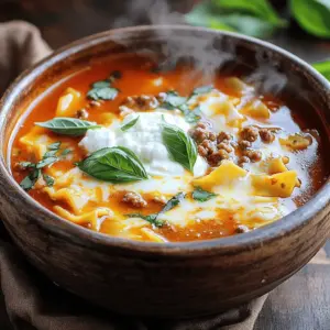 - 1 lb ground beef or Italian sausage - 1 medium onion, finely diced - 2 garlic cloves, minced - 1 can (28 oz) crushed tomatoes - 4 cups beef or vegetable broth The main components of this cozy lasagna soup create a flavorful base. Ground beef or Italian sausage adds richness. Onion and garlic bring depth. Crushed tomatoes provide sweetness and acidity. Broth makes the soup hearty and comforting. - 2 cups uncooked pasta (lasagna noodles or fusilli) For pasta, you can use lasagna noodles or fusilli. If using lasagna noodles, break them into pieces. This helps them cook evenly. Fusilli holds the soup well, giving each bite a great texture. Cook pasta until it's al dente. This keeps it firm and not mushy. - 1 cup ricotta cheese - 1 cup shredded mozzarella cheese - 1/2 cup grated Parmesan cheese Choose quality cheese for the best taste. Ricotta adds creaminess. Mozzarella gives that melty goodness. Parmesan adds a sharp flavor. Look for fresh cheeses, as they enhance the soup. You can also mix cheeses to get your favorite taste. First, heat a large pot over medium heat. Add 1 lb of ground beef or Italian sausage. Cook it until browned and no longer pink. Use a spoon to break it into smaller pieces as it cooks. Once it is cooked through, carefully drain any excess fat. This keeps the soup from being greasy and makes it taste better. Next, add a finely diced medium onion to the pot. Sauté it for 3 to 4 minutes until it becomes soft and clear. Then, add 2 minced garlic cloves and stir for 1 more minute. This step makes the soup smell amazing! After that, pour in a 28 oz can of crushed tomatoes and 4 cups of broth. Stir everything well to combine. Now, turn up the heat until the soup boils. Once boiling, lower the heat to a simmer. Add 2 cups of uncooked pasta, like broken lasagna noodles or fusilli. Sprinkle in 1 teaspoon of dried oregano, 1 teaspoon of dried basil, and 1/2 teaspoon of red pepper flakes if you want some heat. Don’t forget a pinch of salt and black pepper. Let the soup simmer for about 15 minutes. Stir it occasionally until the pasta is al dente. While the soup cooks, grab a small bowl. Mix together 1 cup of ricotta cheese, 1 cup of shredded mozzarella (reserve half for later), and 1/2 cup of grated Parmesan cheese. Season this mixture with a little salt and pepper. This creamy blend adds great flavor to the soup. Once the pasta is done, take the pot off the heat. Use a ladle to pour the soup into bowls. Add a generous spoonful of the cheese mixture into each bowl and swirl it in. Top each serving with the reserved mozzarella cheese. You can let it melt slightly from the warm soup. Finally, add fresh basil leaves on top for extra flavor and a nice look. Enjoy your cozy lasagna soup! You can easily change this recipe to fit your needs. If you want a leaner option, use ground turkey instead of beef or sausage. For a vegetarian version, try using mushrooms or lentils. Both choices add great flavor and texture. If you need gluten-free options, swap regular pasta for gluten-free pasta. This way, everyone can enjoy cozy lasagna soup! Boosting flavor is key to a great dish. Adding fresh herbs makes a big difference. Try basil or parsley for a fresh touch. You can also add spices like Italian seasoning or thyme. If you like heat, sprinkle in some red pepper flakes. For extra depth, consider adding a dash of Worcestershire sauce or balsamic vinegar. These little extras make the soup even tastier! How you serve your soup can make it feel special. Use bright bowls to show off the colors. Add a drizzle of olive oil on top for elegance. Fresh basil leaves add a nice touch too. Pair your soup with crusty bread or a fresh salad. This creates a complete meal that feels warm and inviting. Enjoy every bite! {{image_4}} You can add spinach or other greens to your lasagna soup. Spinach cooks down nicely and adds color. Other greens like kale or Swiss chard work too. Adding greens boosts vitamins and minerals. Spinach is high in iron and vitamins A and C. It also adds fiber to your meal, which is great for digestion. If you want a richer taste, try adding heavy cream. This change makes the soup smooth and velvety. It also balances the acidity from the tomatoes. You can start with half a cup of cream. Stir it in just before serving for the best texture. This addition makes each bite feel luxurious. For those who enjoy heat, increase the red pepper flakes. You can add more than the half teaspoon in the recipe. If you prefer, use hot sauce instead. Just add it a little at a time to find your perfect spice level. This spicy twist makes the soup exciting and lively. After making lasagna soup, let it cool down. Store leftovers in an airtight container. Place it in the fridge. This keeps the soup fresh for up to three days. When you're ready to eat, reheat it on the stove over low heat. Stir often to prevent sticking. You can also use the microwave. Heat it in short bursts, stirring in between. This way, you keep the flavor and texture. Yes, you can freeze lasagna soup! It’s a great option for meal prep. First, let the soup cool completely. Divide it into portions and place them in freezer-safe bags or containers. Make sure to leave some space at the top for expansion. When you want to eat it, take it out of the freezer. Thaw it overnight in the fridge. Reheat it on the stove or in the microwave. This method helps keep the taste intact. In the fridge, your lasagna soup lasts about three days. If you freeze it, the soup can last for up to three months. To check for spoilage, look for changes in color or smell. If it seems off, it’s best to throw it away. Always trust your senses when it comes to food safety. Yes, you can switch meats! Ground turkey or chicken works well. You can also use plant-based sausage for a vegetarian option. Each choice gives a unique flavor. Just cook it until it's browned, like you would with beef. To keep your soup fresh, store it in an airtight container. Let it cool before sealing. It stays tasty in the fridge for about three days. If you freeze it, use a freezer-safe container. It should last for about two months. Reheat it on the stove or in the microwave. Absolutely! This soup tastes even better after a day. Cook it, let it cool, and store it in the fridge. When you're ready to eat, just reheat it. You can also prepare the ingredients ahead of time for quick cooking. Serve this soup with crusty bread for a great combo. A simple salad with greens and a light dressing also works well. You can even add garlic bread for extra flavor. Each side complements the soup and makes your meal complete. In this post, we explored how to make a delicious lasagna soup. We covered essential ingredients like beef, onions, and tomatoes, plus tips for pasta and cheese. I detailed step-by-step instructions for cooking the meat, building the soup base, and preparing the cheese. We shared ideas to customize your soup for dietary needs and suggested variations to enhance flavors. Finally, I provided tips for storage and answering common FAQs. With these steps, you can enjoy a warm bowl of this tasty soup anytime. Happy cooking!