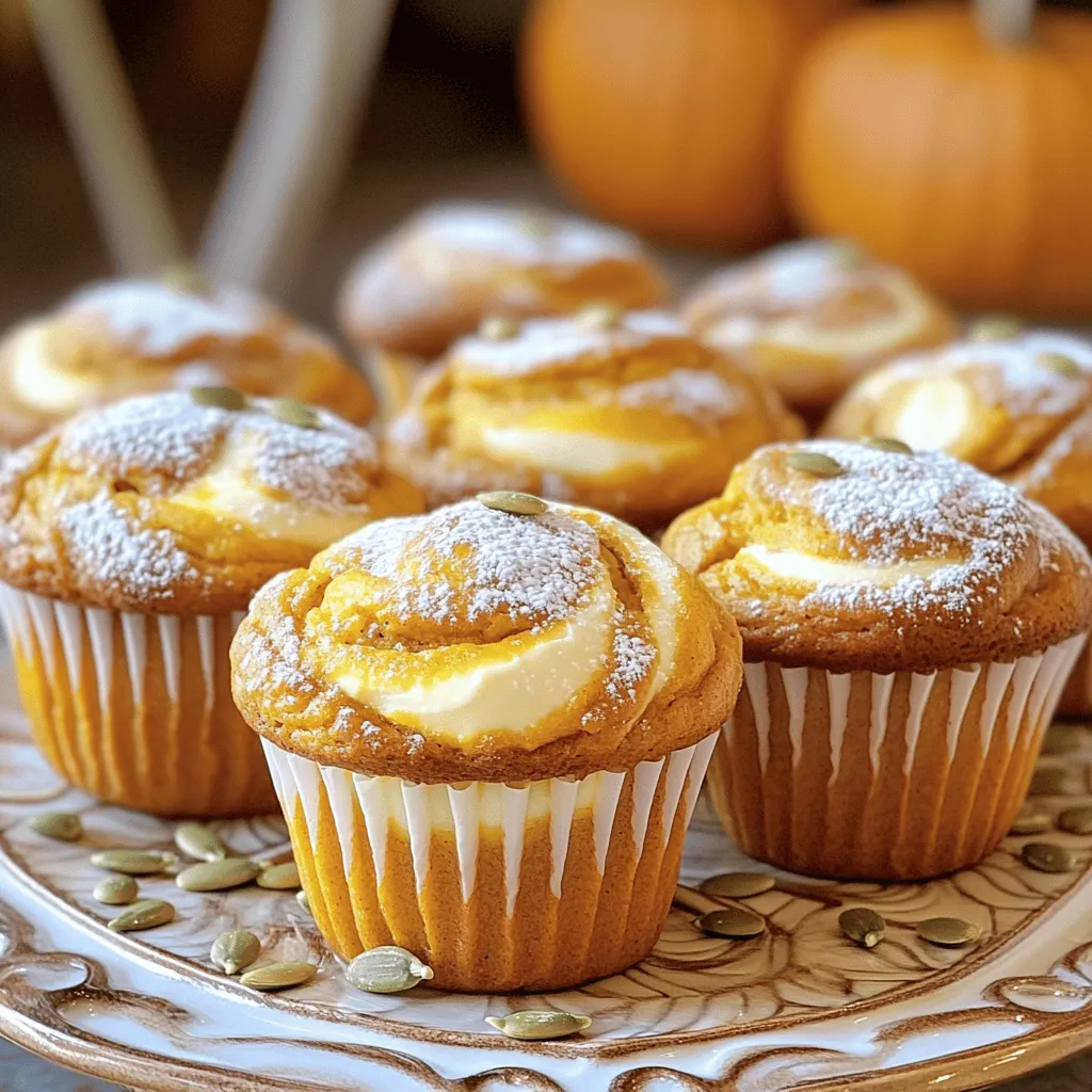- 1 ½ cups all-purpose flour - 1 teaspoon baking powder - ½ teaspoon baking soda - ½ teaspoon salt - 1 teaspoon ground cinnamon - ½ teaspoon ground nutmeg - ½ teaspoon ground ginger - 1 cup canned pumpkin puree - ¾ cup granulated sugar - ½ cup brown sugar, packed - 2 large eggs - ½ cup vegetable oil - 1 teaspoon vanilla extract For the Cream Cheese Swirl: - 8 oz cream cheese, softened - ¼ cup granulated sugar - 1 egg - 1 teaspoon vanilla extract Pumpkin puree is key in these muffins. It gives that rich, cozy flavor. The cream cheese adds a creamy, tangy touch that makes each bite special. You can make these muffins gluten-free by using a gluten-free flour blend. For a sweeter taste, try honey or maple syrup instead of regular sugar. These options keep the muffins tasty and friendly for different diets. If you need to avoid eggs, use flaxseed meal instead of eggs for a vegan option. Just mix 1 tablespoon of ground flaxseed with 2.5 tablespoons of water for each egg. First, preheat your oven to 350°F (175°C). This step ensures even baking. Next, prepare your muffin tin by lining it with paper liners or greasing it with cooking spray. This makes it easy to pop out the muffins later. Accurate measuring of ingredients is key. It helps create the perfect texture and flavor in your muffins. Start mixing by grabbing two bowls. In one bowl, combine 1 ½ cups of flour, 1 teaspoon of baking powder, ½ teaspoon of baking soda, ½ teaspoon of salt, 1 teaspoon of cinnamon, ½ teaspoon of nutmeg, and ½ teaspoon of ginger. Whisk these dry ingredients well. In a second bowl, mix 1 cup of pumpkin puree, ¾ cup of granulated sugar, ½ cup of brown sugar, 2 eggs, ½ cup of vegetable oil, and 1 teaspoon of vanilla. Blend until smooth. Gradually add the dry mix to the pumpkin mix. Stir gently with a spatula until just combined. A few lumps are okay. For the cream cheese swirl, beat together 8 oz of softened cream cheese, ¼ cup of granulated sugar, 1 egg, and 1 teaspoon of vanilla until creamy. Now, fill each muffin cup halfway with the pumpkin batter. Add a dollop of cream cheese mix on top, then cover with more pumpkin batter until each cup is about ¾ full. Use a toothpick to swirl the cream cheese into the pumpkin batter. This creates a lovely marbled look. Place the muffin tin in your preheated oven. Bake for 18-20 minutes. To check if they are done, insert a toothpick into the center. If it comes out clean, your muffins are ready. Once baked, let the muffins cool in the tin for about 5 minutes. Then, move them to a wire rack to cool completely. Enjoy the cozy scent while they cool! To make your muffins fluffy, use room temperature ingredients. This helps the batter mix well, creating air pockets that rise. When mixing the wet and dry ingredients, stop as soon as you see no dry flour. Overmixing can lead to dense muffins. You want a few lumps, not a smooth batter. For a stunning presentation, sprinkle some pumpkin seeds on top before baking. This adds crunch and color. Once baked, arrange the muffins on a beautiful platter. Lightly dust them with powdered sugar for a sweet touch. At gatherings or holiday events, serve these muffins with warm apple cider or a spiced latte. They look cozy and inviting, perfect for sharing. For the full recipe, check the [Full Recipe]. {{image_4}} You can easily change the flavor of your muffins. Add spices like clove or allspice for a warm, cozy taste. These spices blend well with pumpkin. You can also toss in mix-ins like chocolate chips or nuts. Chocolate adds richness, while nuts give crunch. Experiment and find your favorite combination! If you want a vegan version, swap the eggs for flaxseed meal or applesauce. Replace the cream cheese with a vegan cream cheese. For a low-sugar option, use less sugar or substitute with maple syrup. You can also change the muffin size. Make mini muffins for cute bites or stick to the standard size for a hearty treat. Adjust the baking time slightly for mini muffins, checking for doneness at around 15 minutes. For the full recipe, check the detailed instructions above! To keep your Pumpkin Cream Cheese Swirl Muffins fresh, store them in an airtight container. This helps preserve their soft texture. If you want them to last longer, consider freezing them. Wrap each muffin in plastic wrap and place them in a freezer bag. They will stay fresh for up to three months. When it’s time to enjoy your muffins again, reheating is key. I suggest using the microwave. Heat them for about 10-15 seconds. This warms them up without making them dry. You can also reheat in the oven. Set it to 350°F (175°C) and warm them for about 5-7 minutes. These muffins make a great snack or breakfast. Enjoy them with a cup of coffee or tea. You can also spread a bit of cream cheese on top for extra flavor. For the full recipe, check the main section of this article. How long do Pumpkin Cream Cheese Swirl Muffins last? These muffins stay fresh for about three days at room temperature. Store them in an airtight container. If you want to keep them longer, freeze them for up to three months. Just ensure they are well-wrapped to avoid freezer burn. Can I make the batter in advance? Yes, you can make the batter in advance. Mix it and store it in the fridge for up to 24 hours. Just remember to give it a good stir before baking. This can save time on busy mornings! What to do if muffins sink in the middle? If your muffins sink, it may be due to too much moisture or underbaking. Ensure you follow the measurements carefully. Always check for doneness using a toothpick. If it comes out clean, your muffins are ready. How to fix dry muffins? Dry muffins can happen if you overmix or bake too long. To fix dry muffins, add a bit of milk or cream cheese frosting on top. This adds moisture and flavor. Next time, keep an eye on baking time and mix just until combined. Best accompaniments for serving (beverages, toppings) These muffins pair well with a hot cup of coffee or spiced tea. You can top them with a drizzle of maple syrup or a sprinkle of powdered sugar. They also taste great with a dollop of whipped cream. Ideas for using muffins in recipes or breakfast spreads You can cut these muffins in half and toast them for a warm treat. They also work well as a base for French toast. Try adding them to a breakfast spread alongside yogurt and fruit for a balanced meal. Enjoy the cozy vibes! This blog post guides you through making Pumpkin Cream Cheese Swirl Muffins. We covered the key ingredients, unique substitutions for allergens, and detailed steps for mixing and baking. You learned tips for perfecting texture and ways to make your muffins visually appealing. We also explored flavor and dietary variations, along with storage and reheating methods. Now, you're ready to bake delicious muffins that impress everyone. Enjoy experimenting, and make these recipes your own!