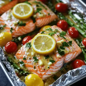 - 4 salmon fillets (6 ounces each) - 4 tablespoons unsalted butter, melted - 4 cloves garlic, finely minced - 2 lemons (1 lemon sliced, and juice of 1 lemon) - 1 cup cherry tomatoes, halved - 1 cup asparagus, trimmed - 1 teaspoon dried thyme - 1 teaspoon dried parsley - Salt and freshly cracked black pepper, to taste Cooking with fresh ingredients makes a big difference. I love using salmon fillets that are around six ounces each. They cook evenly and stay juicy. The butter adds richness, and garlic gives a lovely aroma. Lemons are key here. They add bright flavor. Slicing one lemon and squeezing juice from another brings out the best in the salmon. Cherry tomatoes and asparagus add color and texture. They pair well with the fish. Seasonings are simple but powerful. Dried thyme and parsley enhance the dish without overwhelming it. Salt and pepper are must-haves. They help to bring all the flavors together. Use these ingredients for a quick and tasty meal. The balance of flavors and textures makes this dish a favorite in my kitchen. - Preheat your oven to 400°F (200°C). This temperature cooks the salmon just right. - Cut four large pieces of aluminum foil, each about 12x16 inches. This size gives you enough room to wrap everything. - Place one salmon fillet in the center of each foil piece. Make sure they aren't touching. - In a bowl, mix melted butter, minced garlic, lemon juice, thyme, parsley, salt, and pepper. - Drizzle this garlic butter mixture over each salmon fillet. Make sure to cover them well. - Add a few lemon slices on top of each fillet. This adds fresh flavor. - On one side of the salmon, pile on halved cherry tomatoes and trimmed asparagus. Drizzle a bit of leftover garlic butter over the veggies. - Fold the foil over the salmon and veggies. Seal the edges tightly. This keeps steam inside while cooking. - Put the foil packets on a baking sheet. This makes them easy to move. - Bake in your preheated oven for 15-20 minutes. The salmon should flake easily with a fork when it’s done. - Carefully open the foil packets, avoiding hot steam. Garnish with freshly chopped parsley before serving. Now you have a tasty meal ready to enjoy! To ensure your salmon is cooked perfectly, use a fork to test it. When the fish flakes easily, it's done. Cooking it for 15-20 minutes at 400°F (200°C) usually works well. If you have thicker salmon fillets, you may need to add a few more minutes. Avoiding overcooked vegetables is key. Asparagus and tomatoes should still have a slight crunch. Place them in the foil pack alongside the salmon but keep an eye on the cook time. You can add the vegetables halfway through the salmon's cooking time for the best results. For presentation, I like to serve the foil packs right on the dinner plates. This keeps things fun and casual. If you want a more elegant look, gently transfer the salmon and veggies to a serving platter. The colors from the tomatoes and asparagus pop beautifully! Pairing ideas include a light salad or some crusty bread. A glass of white wine, like a Sauvignon Blanc, complements this dish wonderfully. You can also serve it with rice or quinoa for a heartier meal. Making foil packs in advance is simple. You can prepare the salmon and veggies, then wrap them in foil. Store them in the fridge for up to 24 hours. This makes dinner a breeze on busy nights! To store leftovers, let the foil packs cool down first. Then, place them in an airtight container. They can last in the fridge for about 2-3 days. Just reheat them gently in the oven or microwave when you're ready to eat again. {{image_4}} You can switch up the veggies in your foil packs. Try zucchini, bell peppers, or green beans. Each vegetable brings its own taste. You can also use fresh herbs like dill or basil instead of thyme and parsley. These swaps can give your dish a new twist. Adding spices can boost the flavor. Try a pinch of paprika or cayenne for heat. You can also use marinades. A bit of soy sauce or honey can add a sweet and savory touch. If you want to experiment, use different fish. Trout or cod work well and still taste great with lemon and garlic. Grilling foil packs is a fun option. Just place them on the grill for a smoky flavor. Keep the heat medium to avoid burning. You can also cook on the stovetop. Use a large skillet with a lid. This method steams the fish and veggies nicely. Just remember to keep the heat low and check often! To store leftover foil packs, let them cool first. Then, place them in an airtight container. You can also wrap the foil packs tightly in plastic wrap. This keeps them fresh and tasty. Leftovers can last in the fridge for up to three days. To freeze cooked salmon packs, allow them to cool completely. Wrap each pack in plastic wrap, then in aluminum foil. This extra layer helps prevent freezer burn. Salmon packs can last in the freezer for about three months. To reheat, remove the foil and plastic wrap. Place the salmon and veggies on a baking sheet. Cover with foil and bake at 350°F (175°C) for about 15 minutes. You can also use a microwave, but the oven keeps the texture nice. For proper sealing, fold the foil tightly around the salmon and veggies. This keeps the steam in and the fish moist. Avoiding freezer burn is simple. Wrap tightly and remove as much air as you can. The less air, the better the taste when you reheat! Cook salmon in foil for 15 to 20 minutes at 400°F (200°C). The salmon is done when it flakes easily with a fork. I recommend checking it at 15 minutes. If it looks pink in the center, give it a few more minutes. Cooking time may vary based on the thickness of the fillets. Yes, you can use parchment paper. It is great for cooking salmon. Parchment allows for even cooking and keeps moisture in. However, foil is better for heat retention. It helps the salmon cook faster. Choose based on your needs and what you have available. Cooking salmon in butter can be healthy in moderation. Salmon is rich in omega-3 fatty acids, which are good for your heart. Butter adds flavor but also calories and fat. You can use olive oil as a lighter option. Both choices can fit into a balanced diet. This blog post covered how to make delicious salmon foil packs. We explored the main ingredients, like salmon, butter, and garlic, as well as tasty vegetables like cherry tomatoes and asparagus. I shared easy steps to prep, assemble, and cook your meal. Plus, you got tips for serving and storing leftovers. Lastly, we talked about variations, so you can add your favorite flavors. Now, you can enjoy a tasty and healthy dish that’s simple to prepare. Dive in, and enjoy your cooking adventure!