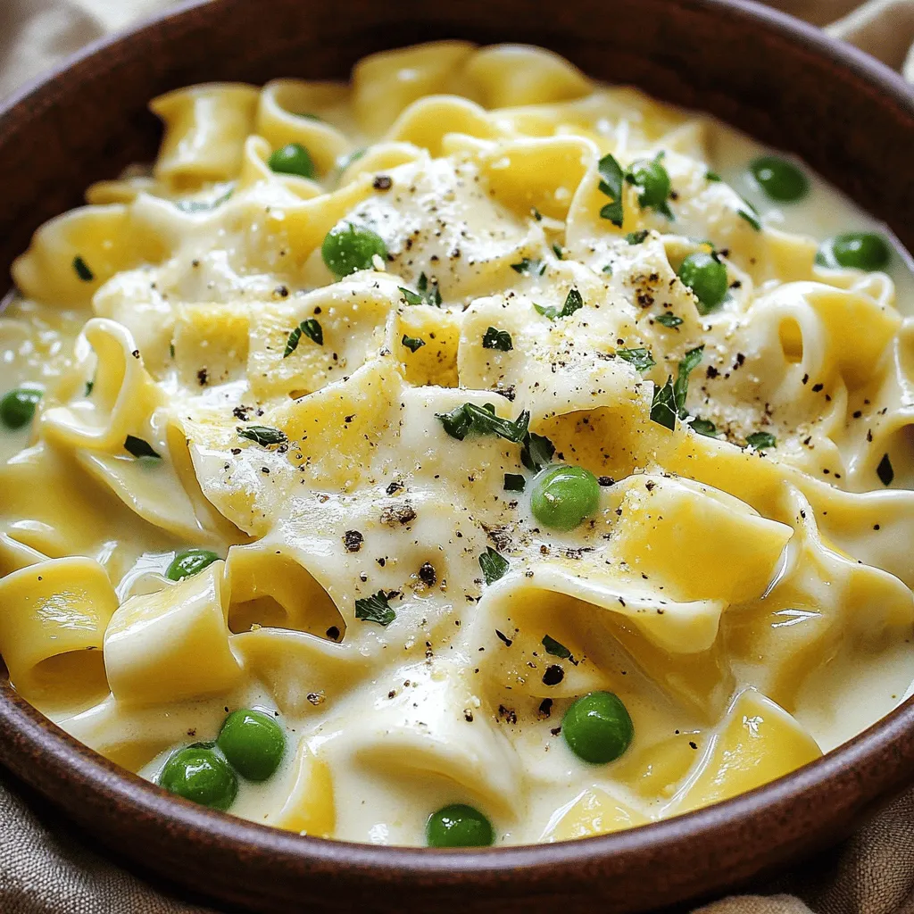 To make creamy cafeteria noodles, you need the following main ingredients: - 8 oz egg noodles - 1 tablespoon olive oil - 1 small onion, finely chopped - 2 cloves garlic, minced - 1 cup heavy cream - 1 cup freshly grated Parmesan cheese - 1 cup frozen peas - 1 teaspoon dried Italian herbs (oregano, basil, thyme) - Salt and freshly ground black pepper to taste - Fresh parsley, finely chopped (for garnish) These ingredients create a rich and creamy dish. The egg noodles provide a nice base. Heavy cream and Parmesan cheese add a delightful creaminess that makes this recipe special. You can enhance the flavors of your creamy noodles with these optional add-ins: - Cooked chicken or shrimp - Sliced mushrooms - Fresh spinach - Sun-dried tomatoes Adding these ingredients can elevate the dish. For example, cooked chicken adds protein and makes it more filling. Fresh spinach brings a pop of color and nutrition. If you need to make substitutions, here are some ideas: - Use whole wheat noodles instead of egg noodles for a healthier option. - Swap heavy cream with half-and-half or milk for a lighter sauce. - Try nutritional yeast in place of Parmesan for a vegan twist. - Use fresh herbs instead of dried for a fresher taste. These substitutions can fit your dietary needs while maintaining flavor. I often experiment with these options to keep the dish exciting. For the full recipe, check out the details and enjoy your cooking adventure! Start by filling a large pot with water. Add a good amount of salt to it. Bring the water to a boil. Once boiling, add 8 oz of egg noodles. Cook them based on the package instructions. You want them to be al dente, which means firm to the bite. After they are done, drain the noodles in a colander. Set them aside for later. Next, use the same pot for the next steps. Reduce the heat to medium and drizzle in 1 tablespoon of olive oil. Once the oil is hot, add 1 small finely chopped onion. Sauté the onion for about 3-4 minutes. You want it to become soft and clear. Then, add 2 minced garlic cloves. Cook for another minute, stirring often. The garlic should smell great but not burn. Now, it’s time to make the creamy sauce. Pour in 1 cup of heavy cream. Stir the mixture gently as it heats. Bring it to a gentle simmer, not a boil. Gradually add in 1 cup of freshly grated Parmesan cheese. Keep stirring until the cheese melts into a rich sauce. This is where the magic happens! Add 1 cup of frozen peas and 1 teaspoon of dried Italian herbs. Mix everything well and let it cook for 2-3 minutes. You want the peas to warm up and turn bright green. Now it’s time to fold in the cooked egg noodles. Toss them gently in the creamy sauce. Make sure all the noodles are coated well. Finally, season with salt and freshly ground black pepper. Cook everything together for another 2-3 minutes. Serve your creamy cafeteria noodles hot, and enjoy the delightful flavors! For the full recipe, check the details above. To get the best texture, cook your egg noodles until they are al dente. This means they should have a slight bite. After boiling, drain them well but do not rinse. Rinsing can wash away the starch, which helps the sauce stick. When you combine the noodles with the sauce, let them cook together for a few minutes. This helps the noodles soak up the creamy goodness. To boost flavor, use fresh garlic instead of dried. Fresh herbs can also elevate the dish. Try adding fresh basil or chopped chives. For a little heat, sprinkle in some red pepper flakes. You can also mix in a splash of lemon juice. This adds a bright note and balances the creaminess. Don’t forget to taste as you go. Adjust salt and pepper to suit your palate. Make your creamy noodles look appealing. Serve them in deep bowls for a cozy feel. A drizzle of olive oil on top adds shine. You can also add extra shavings of Parmesan for a gourmet touch. A sprinkle of fresh parsley brightens the dish and adds color. For a fun twist, serve with a side of toasted garlic bread. This will make your meal feel complete. For the full recipe, check the earlier section. {{image_4}} You can easily make creamy cafeteria noodles vegetarian. Just skip the meat and use vegetable broth instead of chicken stock. Add more veggies like bell peppers, spinach, or mushrooms. These ingredients give extra flavor and color. They also boost nutrition. Toss in some cherry tomatoes for a sweet pop. You can switch up the noodles too. Try using whole wheat noodles for a healthier choice. Gluten-free pasta is great if you have dietary needs. Even rice noodles work well for a unique twist. Just cook them according to the package. The creamy sauce will still blend perfectly. To add more protein, consider chicken or shrimp. Cook chicken pieces in the pot before adding onions. For shrimp, add them after sautéing the garlic. They cook quickly and soak up the sauce's flavors. Tofu is another great option for a plant-based protein. All these choices keep your dish delicious and filling. For the full recipe, check out the Creamy Cafeteria Noodles Delight. You can store leftover creamy cafeteria noodles in the fridge. Use an airtight container to keep them fresh. They will last for about three to four days. Make sure to let them cool down before placing them in the fridge. This helps keep the texture nice and creamy. If you want to save them longer, freezing is a great option. Place the cooled noodles in a freezer-safe container. You can also use freezer bags. Be sure to remove as much air as possible. They will keep well for up to three months. When ready to eat, just thaw them in the fridge overnight. Reheating creamy cafeteria noodles is simple. You can use the microwave or the stove. For the microwave, place the noodles in a bowl and cover with a damp paper towel. Heat for two to three minutes, stirring halfway through. On the stove, add a splash of cream or water to a pan. Heat over low heat, stirring gently. This keeps the noodles moist and creamy. Creamy cafeteria noodles are a comforting dish made with egg noodles and a rich sauce. The sauce contains heavy cream, Parmesan cheese, and sautéed onions and garlic. The result is a creamy, cheesy, and flavorful meal that many remember from school lunches. You can add peas for a pop of color and sweetness, too. Yes, you can make creamy cafeteria noodles ahead of time. Prepare the dish, then cool it down before storing. Keep it in an airtight container in the fridge. When you're ready to eat, reheat it on the stove or in the microwave. Add a splash of cream to keep it creamy and fresh. Several side dishes pair well with creamy noodles. Here are a few ideas: - Garlic bread - Steamed broccoli - Mixed green salad - Roasted vegetables These sides add flavor and nutrition to your meal. You can make creamy cafeteria noodles healthier with simple swaps. Try these tips: - Use whole grain or gluten-free noodles for extra fiber. - Substitute heavy cream with Greek yogurt or low-fat milk. - Add more veggies like spinach, bell peppers, or zucchini. - Use less cheese or choose a lower-fat cheese. These changes keep the dish tasty while making it a bit lighter. For the full recipe, check out the complete details shared earlier. Creamy cafeteria noodles are simple and tasty. We covered the main ingredients and optional add-ins. You learned step-by-step cooking, from noodles to sauce. Helpful tips for texture and flavor make this dish shine. You can even try different noodles or a vegetarian version. Remember how to store and reheat them for later. Enjoy making your creamy noodles unique. With these tips, you’ll impress everyone at your table!
