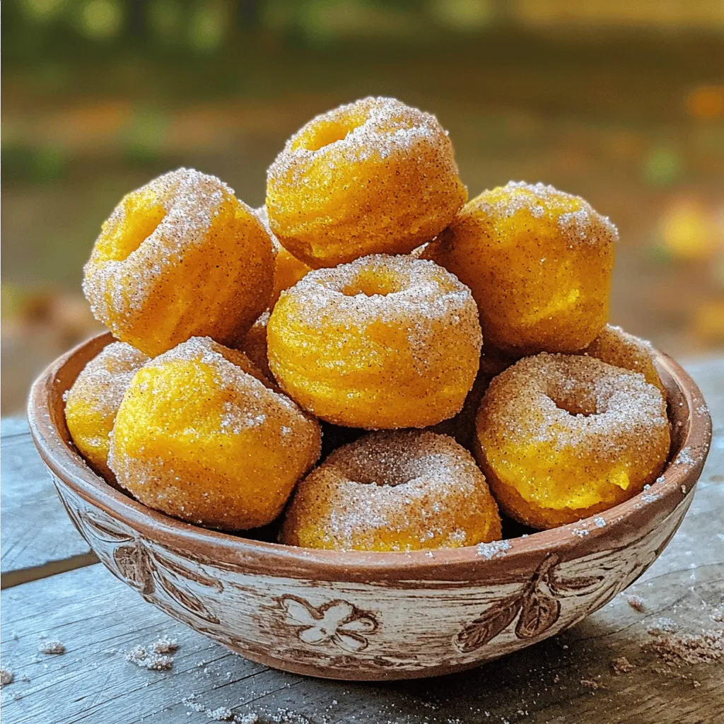 Here are the ingredients you need for the best cinnamon sugar pumpkin donut holes: - 1 cup all-purpose flour - 1/2 teaspoon baking powder - 1/2 teaspoon baking soda - 1/2 teaspoon ground cinnamon - 1/4 teaspoon ground nutmeg - 1/4 teaspoon salt - 1/2 cup pumpkin puree - 1/4 cup granulated sugar - 1/4 cup brown sugar, packed - 1/4 cup buttermilk (or substitute with milk mixed with 1/4 teaspoon vinegar) - 1 large egg - 2 tablespoons melted butter - 1/2 cup granulated sugar (for coating) - 2 teaspoons ground cinnamon (for coating) Pumpkin puree is a key ingredient. It gives the donut holes their moist texture and rich flavor. Buttermilk adds a nice tang and helps the donuts rise well. If you have allergies or prefer different options, here are some ideas: - Flour: Use gluten-free flour for a gluten-free version. - Pumpkin Puree: You can use apple sauce if you need a different flavor. - Egg: Replace the egg with a flax egg (1 tablespoon ground flaxseed mixed with 2.5 tablespoons water). - Dairy-Free: Use almond milk or coconut milk instead of buttermilk. - Sugar: You can use coconut sugar to make it a bit healthier. These substitutions can help you customize the donut holes to fit your needs while keeping them tasty. First, you need to preheat the oven. Set it to 350°F (175°C). This ensures your donuts bake evenly. While the oven warms up, lightly grease a mini muffin tin or a donut hole pan. This step helps the donut holes come out easily. Next, gather your dry ingredients. In a medium bowl, whisk together the flour, baking powder, baking soda, ground cinnamon, nutmeg, and salt. Mixing these well gives your donut holes a great base. Set this bowl aside. Now, let’s focus on the wet ingredients. In a large bowl, combine the pumpkin puree, granulated sugar, brown sugar, buttermilk, egg, and melted butter. Whisk these together until the mixture is smooth. Aim for a creamy texture with no lumps. This will make your donut holes soft and moist. Gradually add the dry ingredients to the wet mixture. Stir gently until just combined. It’s okay if some small lumps remain. Overmixing can make your donut holes tough. Using a spoon or small cookie scoop, fill each cavity of your pan about two-thirds full with the batter. This allows room for the donut holes to rise while baking. Now it’s time to bake. Place your filled pan in the preheated oven. Bake for about 12–15 minutes. To check if they're done, insert a toothpick into the center of a donut hole. If it comes out clean, they are ready. While they bake, prepare your cinnamon sugar coating. In a shallow bowl, mix the remaining granulated sugar with the ground cinnamon. This will give your donut holes their sweet, spicy finish. Once baked, let the donut holes cool in the pan for about 5 minutes. This helps them firm up. Gently remove them from the pan and roll them in the cinnamon sugar mixture. Make sure they are well-coated for maximum flavor. Finally, place the coated donut holes on a wire rack. This allows them to cool completely and lets the cinnamon sugar set. Enjoy the delightful aroma filling your kitchen! To get the best texture for your donut holes, mix the batter just right. Start by combining your wet and dry ingredients. Stir gently until they come together. It’s okay if some small lumps remain. Overmixing can make your donut holes tough. Using room temperature ingredients helps a lot. When your pumpkin puree, egg, and buttermilk are warm, they mix better. This helps create a light and fluffy treat. Coating your donut holes in cinnamon sugar can be fun! Once they cool for a bit, roll them in the cinnamon sugar mixture. Make sure to coat them while they are still warm. This helps the sugar stick better. To avoid sogginess, do not let them sit in the sugar too long. Roll them quickly and place them on a wire rack. This keeps them crispy on the outside. For a fun twist, try adding a pinch of nutmeg to your cinnamon sugar for extra flavor. For the full recipe, be sure to check the instructions above! {{image_4}} You can easily change up the flavor of your donut holes. Adding spices brings warmth and depth. For example, nutmeg works well with pumpkin. Just add about 1/4 teaspoon to your batter. You can also add a splash of vanilla extract for a sweet aroma. It pairs nicely with pumpkin. Want more texture? Consider chocolate chips or chopped nuts. You can mix chocolate chips into the batter. They melt and create sweet pockets of chocolate. Chopped walnuts or pecans add crunch and a nutty flavor. Just fold them in gently before you fill the pan. Donut holes are great on their own, but pair them for extra fun. A warm caramel sauce is a tasty dip. It adds a rich flavor and sweetness. You could also try a maple glaze for a classic touch. For drinks, serve with apple cider or hot chocolate. Both drinks match the cozy fall vibe. If you want a creative touch, stack the donut holes on a tiered platter. Add some seasonal decorations, like mini pumpkins or fall leaves, for a festive look. This makes them perfect for parties or gatherings. For the full recipe, check the earlier section. Enjoy making these delicious treats! To keep your cinnamon sugar pumpkin donut holes fresh, store them in an airtight container. You can leave them at room temperature for up to three days. If you want to keep them longer, put them in the fridge. Just remember to let them cool completely first. When you're ready to enjoy them again, reheating is key. For the best texture, microwave them for about 10-15 seconds. This warms them up without making them tough. You can also use an oven at 350°F (175°C) for 5-7 minutes. This method brings back that warm, soft feel. Freezing donut holes is simple. First, let them cool completely. Then, place them in a single layer on a baking sheet. Freeze them until solid, about 1-2 hours. After they are frozen, transfer them to a freezer bag. Be sure to remove as much air as possible before sealing. You can store them in the freezer for up to three months. When you want to eat them, take out the number you need. Let them thaw in the fridge overnight or on the counter for a few hours. Then, reheat them as described above for a warm treat. Enjoy them fresh, even after freezing! You might wonder how long to bake these donut holes. Bake them for 12-15 minutes at 350°F (175°C). Check for doneness by inserting a toothpick. If it comes out clean, they are done. What is the serving size? This recipe makes about 24 donut holes. You can easily share them or enjoy them all yourself! Can you substitute ingredients? Yes, you can replace buttermilk with regular milk mixed with vinegar. For a gluten-free option, use a gluten-free flour blend. Sometimes, donut holes can turn out too dense. This often happens from overmixing the batter. Mix just until combined. A few lumps are okay! If your donut holes turn out dry, check your oven temperature. An oven that runs hot can dry out the treats. You may also want to add a bit more pumpkin puree or buttermilk. If you want to buy donut holes, check local bakeries or cafes. Many places sell seasonal pumpkin flavors. For other flavors, try online shops. Many bakeries offer shipping for their treats. Check out local listings for unique flavors and styles. In this post, we covered how to make delicious cinnamon sugar pumpkin donut holes. We discussed the key ingredients, including any specialty items like pumpkin puree. I provided useful substitutions for allergens and suggested healthier options. I also guided you through each step, from preparation to baking times. You learned tips for perfect texture and effective coating techniques. Finally, I shared variations and storage tips to keep your treats fresh. Enjoy these tasty donut holes at any gathering, and don’t hesitate to experiment with flavors!