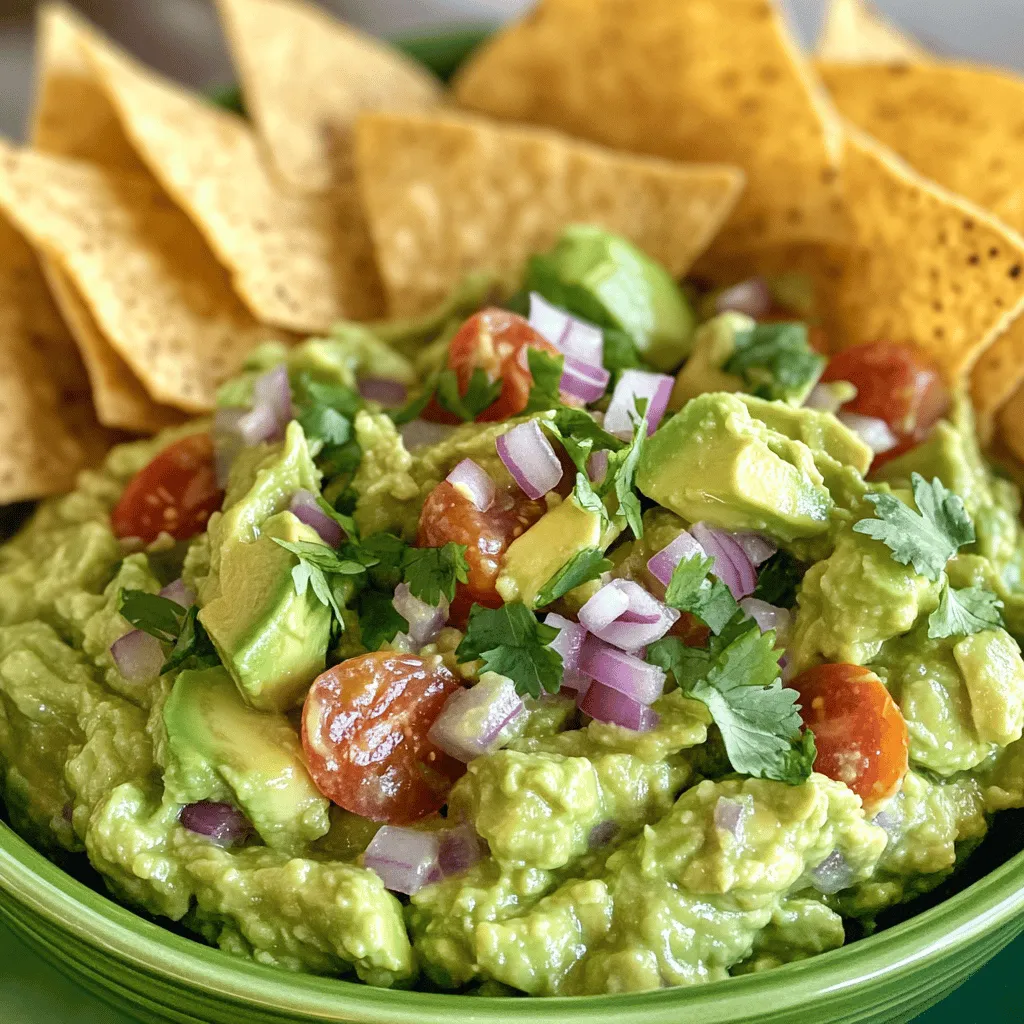 - 3 ripe avocados, halved and pitted - 1 small red onion, finely diced - 2 roma tomatoes, seeded and diced - 1 jalapeño, seeds removed and minced finely - 2 cloves garlic, minced - Juice of 2 fresh limes - 1/4 cup fresh cilantro, chopped - Salt and freshly cracked pepper, to taste - Optional: 1/4 teaspoon smoked paprika To make the best guacamole, you need fresh, high-quality ingredients. Each one plays a key role in the flavor and texture. Ripe avocados create a creamy base. Red onion adds crunch and a bit of bite. Roma tomatoes give sweetness and moisture. Jalapeño brings heat, but you can adjust it based on your taste. Garlic adds depth, while lime juice keeps it bright and fresh. Cilantro offers a fresh herb taste. Salt and pepper round out the flavors perfectly. If you want a smoky twist, add smoked paprika. If you want to play around with flavors, I have some great swaps for you. - For avocados: You can use ripe mango for a sweet twist. - For red onion: Green onions work well for a milder taste. - For tomatoes: Diced bell peppers can add crunch without the juice. - For jalapeño: Try a pinch of cayenne if you like it spicy. - For garlic: Garlic powder is a quick substitute if you’re in a hurry. - For lime juice: Lemon juice can add a different zing. - For cilantro: Parsley gives a fresh green flavor, too. These swaps help make guacamole fit your taste or dietary needs. Whether you have allergies or just want to try something new, feel free to experiment! To make great guacamole, start with ripe avocados. Look for ones that yield gently when you press them. First, cut the avocado in half around the pit. Twist the two halves apart. Use a spoon or knife to carefully remove the pit. Scoop the green flesh into a large bowl. Be gentle to avoid bruising the avocado. Next, you need to decide how smooth you want your guacamole. For a creamy texture, use a fork or potato masher. If you prefer a chunky style, mash lightly. This keeps some pieces intact. Mix until you reach your desired consistency. Remember, it’s all about your taste! Now, it’s time to add flavor. Add your diced red onion, tomatoes, minced jalapeño, and garlic to the mashed avocado. Each ingredient adds a pop of flavor. Squeeze fresh lime juice over the mix. Lime adds brightness and helps keep the guacamole fresh. Sprinkle in chopped cilantro for an herbal touch. Taste your guacamole before serving. This is key! If it needs more zing, add more lime juice. For saltiness, sprinkle in salt and freshly cracked pepper. If you want a smoky flavor, add a pinch of smoked paprika. Mix gently to keep the texture nice. Adjust until it’s just right for your palate. For the full recipe, check out the Ultimate Guacamole section. Enjoy making this simple and delicious dip! To keep guacamole fresh and bright, use a few simple tricks. First, lime juice is key. The acidity helps slow browning. Next, cover your guacamole tightly. Press plastic wrap directly onto the surface to block air. This reduces oxidation. If you have leftover guacamole, store it in an airtight container. You can also add a layer of water on top. When ready to serve, just drain the water and mix it back. Guacamole is not just for chips! You can use it in many fun ways. Try spreading it on toast for a tasty breakfast. It also makes a great dip for fresh veggies like carrots and cucumbers. Use it as a topping for tacos or burritos. You can even mix it into pasta for a creamy twist. The options are endless! Guacamole pairs well with many foods and drinks. For a refreshing drink, serve it with a light beer or a margarita. You can also enjoy it with a crisp white wine. Foods like grilled chicken, fish, or roasted veggies complement guacamole nicely. For a snack, try it with crispy tortilla chips or crunchy pita chips. Each bite will be a delight! For the complete recipe, check out the Full Recipe. {{image_4}} To make your guacamole pop, try adding some new flavors. Here are some great ideas: - Spices: A pinch of smoked paprika adds depth. Cumin can also bring a warm note. - Fruits: Diced mango or pineapple gives a sweet twist. These fruits pair well with avocado. - Herbs: Fresh mint or basil can add a refreshing touch. Cilantro is a classic, but don't be afraid to try other herbs. Guacamole can fit many diets. Here’s how to make it vegan or gluten-free: - Vegan: The classic guacamole recipe is already vegan. Just avoid adding any dairy or animal products. - Gluten-Free: Guacamole itself is gluten-free. Use it with gluten-free chips or veggies for dipping. Guacamole varies by region. Here are some fun styles from around the world: - Mexican: The traditional version includes lime, cilantro, and jalapeño. This style focuses on fresh ingredients. - Peruvian: They often add a touch of lime and even pomegranate seeds for a unique taste. - California: This style may include ingredients like corn or black beans for added texture and flavor. Feel free to mix and match these ideas to create your own special blend. For the full recipe, check out The Ultimate Guacamole. To keep leftover guacamole fresh, store it in the fridge. Use an airtight container to seal it well. Press plastic wrap directly on the surface of the guacamole. This helps stop air from making it brown. Consume it within 1-2 days for the best taste. If you want to save guacamole for later, freezing works well. First, scoop the guacamole into a freezer-safe bag. Flatten it to remove extra air before sealing. This way, it takes up less space. You can freeze it for up to three months. When ready to eat, thaw it in the fridge overnight. How do you know if your guacamole has gone bad? Look for brown spots or a sour smell. If it tastes bitter or off, it's best to toss it. Always trust your senses when it comes to food safety. To stop guacamole from browning, keep air away. Use a tight lid on your bowl. You can press plastic wrap against the surface of the guacamole. This helps keep it fresh. Adding lime juice also slows browning. The acid in lime juice works like magic! Yes, you can make guacamole ahead of time! Just remember to store it right. Use an airtight container. Press plastic wrap on top to limit air exposure. The fresher the guacamole, the better it tastes. I suggest making it the same day if possible. Want spicier guacamole? Add more jalapeño or use a hotter pepper. You can also include some diced serrano peppers. For less heat, remove the seeds and ribs from the jalapeño. Use milder peppers or skip them entirely for a smooth taste. Guacamole is very healthy! Avocados are full of healthy fats. They help to lower bad cholesterol. Plus, they're packed with fiber, vitamins, and minerals. Enjoy guacamole as a dip or spread. It adds flavor and nutrition to your meals. You can serve guacamole with many foods! Try fresh veggies like carrots, cucumbers, or bell peppers. Use it as a topping for tacos, burritos, or salads. Spread it on sandwiches or burgers for rich flavor. The choices are endless! Guacamole comes from Mexico. It dates back to the Aztecs. They made a simple version using avocados and spices. Today, we enjoy many styles of guacamole, but the roots stay the same. It is a beloved dish around the world. For the full recipe, see [Full Recipe]. Guacamole is simple to make, using fresh ingredients for great flavor. We covered everything from selecting ripe avocados to mixing in spices and herbs. You learned how to store it properly to keep it fresh, and explored fun ways to enjoy your guacamole. Remember, you can customize it to fit your taste and diet. With these tips, you can create a delicious dip that enhances any meal or snack. Enjoy your homemade guacamole and share it with friends!
