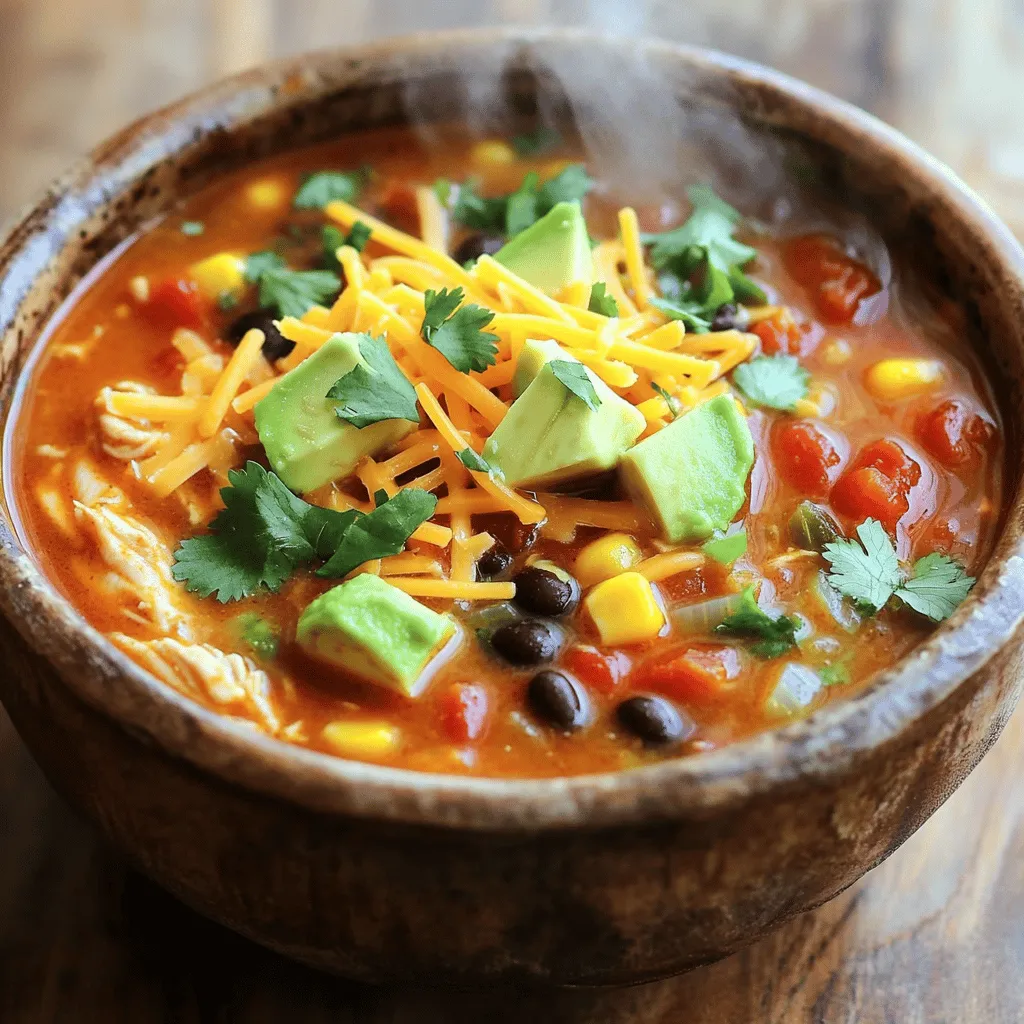 To make a tasty Chicken Enchilada Soup, gather these simple ingredients: - 1 lb (450g) boneless, skinless chicken breasts - 1 tablespoon olive oil - 1 medium onion, diced - 3 cloves garlic, minced - 1 can (14 oz) fire-roasted diced tomatoes - 1 can (15 oz) black beans, drained and rinsed - 1 can (15 oz) corn, drained - 4 cups chicken broth - 2 tablespoons enchilada sauce - 1 teaspoon chili powder - 1 teaspoon cumin - ½ teaspoon smoked paprika - Salt and pepper to taste - 1 cup shredded cheese (cheddar or Mexican blend) - Fresh cilantro, chopped (for garnish) - Avocado, diced (for garnish) - Tortilla strips (for garnish) If you need substitutions, there are many options. Use shredded rotisserie chicken for quick prep. You can swap black beans for pinto beans. If you prefer a vegetarian soup, replace chicken with more beans or lentils. Vegetable broth can replace chicken broth for a lighter flavor. For a spicier kick, add jalapeños or cayenne pepper. To make your soup even better, consider adding a few extra flavors. A squeeze of lime juice brightens the taste. Chopped green onions add freshness. For a smoky flavor, try adding chipotle in adobo. If you crave creaminess, stir in some sour cream or Greek yogurt before serving. Each of these will take your soup to the next level! For the full recipe, check out the details above. Start by gathering your ingredients. This will make the cooking process smooth. Here’s what you need: - 1 lb boneless, skinless chicken breasts - 1 tablespoon olive oil - 1 medium onion, diced - 3 cloves garlic, minced - 1 can fire-roasted diced tomatoes (14 oz) - 1 can black beans (15 oz), drained and rinsed - 1 can corn (15 oz), drained - 4 cups chicken broth - 2 tablespoons enchilada sauce - 1 teaspoon chili powder - 1 teaspoon cumin - ½ teaspoon smoked paprika - Salt and pepper to taste - 1 cup shredded cheese (cheddar or Mexican blend) - Fresh cilantro, chopped (for garnish) - Avocado, diced (for garnish) - Tortilla strips (for garnish) Make sure to wash and chop all fresh ingredients before you start cooking. It helps to have everything ready. 1. Sauté the Aromatics: Heat olive oil in a large pot over medium heat. Add the diced onion. Cook for about 5 minutes until it is soft and clear. 2. Add Garlic: Stir in minced garlic. Cook for another minute. This step adds a rich flavor to your soup. 3. Cook the Chicken: Place the chicken breasts in the pot. Add chicken broth to cover the chicken. Bring to a boil, then lower the heat. Cover and let it simmer for around 15 minutes. The chicken should be fully cooked. 4. Shred the Chicken: Carefully take the chicken out of the pot. Use two forks to shred it into small pieces. Set it aside for later. 5. Build the Soup: In the same pot, combine fire-roasted tomatoes, black beans, corn, enchilada sauce, chili powder, cumin, smoked paprika, salt, and pepper. Mix well. 6. Combine Chicken and Simmer: Add the shredded chicken back into the pot. Let the soup simmer for another 10 to 15 minutes. Stir occasionally to blend the flavors. 7. Add Cheese: Just before serving, stir in half of the shredded cheese until it melts. This makes your soup creamy. Ladle the warm soup into bowls. Top each bowl with the remaining cheese, fresh cilantro, diced avocado, and crunchy tortilla strips. For a lovely look, serve the soup in bright bowls. This adds to the fun colors of the dish. A squeeze of fresh lime juice can brighten the flavor even more. Enjoy your flavorful Chicken Enchilada Soup! For the full recipe, see the details above. To make your Chicken Enchilada Soup creamier, you can add a few simple ingredients. Start with cream cheese. Soften 4 ounces of cream cheese and stir it in just before serving. This will give your soup a rich texture. You can also use sour cream or Greek yogurt for creaminess. Stir in about ½ cup for a tangy flavor. If you want even more creaminess, blend part of the soup with an immersion blender. This breaks down some ingredients and thickens the soup. Using the right tools helps your soup turn out great. A large pot or Dutch oven is best for even cooking. This allows heat to spread evenly. A good knife is key for chopping your onion and garlic quickly. An immersion blender is a fun tool if you want to blend the soup. It saves you from transferring hot soup to a blender. A wooden spoon is great for stirring and scraping the bottom of the pot. One common mistake is overcooking the chicken. Remove it from the pot as soon as it’s no longer pink. Shredding it while hot helps keep it moist. Another mistake is skipping the seasoning. Taste your soup after adding ingredients. Adjust with salt, pepper, or spices to ensure full flavor. Lastly, don’t forget the toppings! They add texture and flavor. Use fresh cilantro, avocado, and tortilla strips to make each bowl pop. {{image_4}} You can easily make this soup vegetarian or vegan. Instead of chicken, use chopped mushrooms or zucchini. They add a nice texture. For the broth, swap chicken broth for vegetable broth. This keeps all the flavors while being meat-free. If you want a creamy base, add a cup of coconut milk for richness. Adjust the heat based on your taste. For a spicy version, add more chili powder or some diced jalapeños. You can also include a splash of hot sauce at the end. If you prefer it mild, cut back on the chili powder. You can even leave out the diced tomatoes with green chilies. This way, you control the spice level to fit your family’s taste. Feel free to switch ingredients for new flavors. Instead of black beans, try pinto or kidney beans. Corn can be swapped with diced bell peppers for a crunchy bite. You can also use different cheeses like Monterey Jack or pepper jack for a unique twist. If you want a smoky flavor, add some chipotle peppers in adobo sauce. Each change brings a new life to this classic soup. For the full recipe, check out the recipe section. To store your leftover chicken enchilada soup, let it cool first. Place the soup in an airtight container. Make sure to seal it tightly. You can keep it in the fridge for up to four days. This way, you can enjoy your soup later without losing flavor. When you're ready to eat the soup again, pour it into a pot. Heat it over medium heat. Stir it often to avoid burning. You can also use the microwave if you're short on time. Place the soup in a microwave-safe bowl. Heat in 1-minute intervals until it's hot. Be sure to stir between intervals for even heating. If you want to save the soup for longer, freezing is a great option. First, let it cool down completely. Then, pour it into freezer-safe bags or containers. Make sure to leave some space at the top, as the soup will expand when frozen. Label the bags with the date. You can freeze it for up to three months. When you're ready to eat, thaw it overnight in the fridge before reheating. This method preserves the taste and texture of your delicious soup. To thicken your soup, you can use a few methods. First, add extra black beans or corn. These ingredients will add texture and help thicken the broth. You can also blend part of the soup. Use an immersion blender and blend just enough to create a smoother base. Another option is to mix in a slurry. This slurry is made with cornstarch and water. Mix one tablespoon of cornstarch with two tablespoons of cold water. Stir it into the soup and simmer for a few minutes. This will thicken the soup nicely. Yes, you can use canned chicken in this recipe. Canned chicken is convenient and saves time. It also helps your soup come together faster. Just drain the chicken and add it to the pot during the last few minutes of cooking. This way, it heats through without becoming too mushy. The flavor will still be good, but fresh chicken gives a better taste and texture. I love serving Chicken Enchilada Soup with various toppings. Here are some great ideas: - Shredded cheese (cheddar or Mexican blend) - Fresh cilantro, chopped - Diced avocado - Crunchy tortilla strips - Sliced jalapeños for a kick - A squeeze of lime juice for freshness You can also serve the soup with warm tortillas or crusty bread. This makes a great meal even better. For a fun twist, consider serving it in a bread bowl. It adds flair and makes cleanup easy! Check out the Full Recipe for more ideas. You learned about making Chicken Enchilada Soup. We covered ingredients, from main items to swaps and flavor boosts. I shared step-by-step cooking and how to make your soup just right. Tips on creaminess and common mistakes will help you succeed. We also explored tasty variations and smart storage options. Now, you can whip up a delicious soup that fits your taste. Enjoy your cooking!