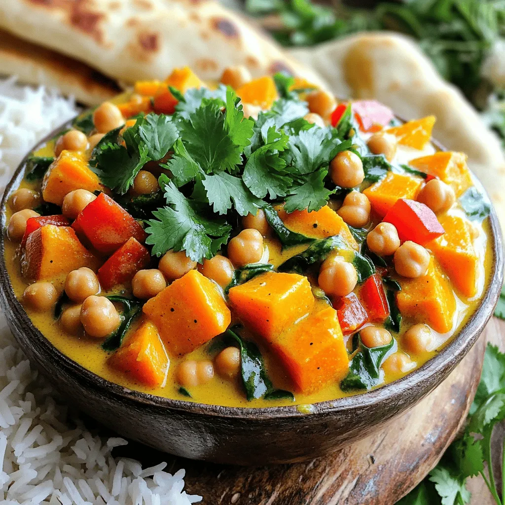 Here's what you need to make this delicious stew: - 15 oz can chickpeas - 14 oz can creamy coconut milk - 1 medium onion, diced - 3 cloves garlic, minced - 1 tablespoon fresh ginger, grated - 1 red bell pepper, diced - 1 medium carrot, sliced - 1 medium sweet potato, cubed - 2 cups vegetable broth - 2 tablespoons curry powder - 1 tablespoon soy sauce or tamari - 1 teaspoon ground turmeric - 1 teaspoon ground cumin - Salt and pepper to taste - 1 cup fresh spinach leaves - Fresh cilantro for garnish - 1 tablespoon extra virgin olive oil These ingredients blend together to create a rich, comforting stew. Each item adds its own flavor, making every bite special. The chickpeas provide protein, while the coconut milk adds creaminess. The vegetables bring color and nutrients. The spices give it warmth and depth. Enjoy gathering these items; they will make your kitchen smell amazing! Start by heating olive oil in a skillet over medium heat. Add the diced onion and sauté for about 5 minutes. Stir often until the onions turn soft and clear. Then, add minced garlic and freshly grated ginger. Cook for another minute. This step fills your kitchen with a warm, inviting aroma. Now, transfer the sautéed onion, garlic, and ginger to the slow cooker. Add in the drained chickpeas, creamy coconut milk, and vegetable broth. Sprinkle in the curry powder, ground turmeric, and ground cumin. Season with salt and freshly cracked pepper. Stir everything well to mix the flavors evenly. Next, add the diced red bell pepper, sliced carrot, and cubed sweet potato to the slow cooker. Stir gently to combine all the ingredients. Be careful not to mash the chickpeas. This mix creates a colorful and hearty stew. Cover the slow cooker and set it to cook. You can choose low for 6-8 hours or high for 3-4 hours. The vegetables will become tender, and the flavors will blend beautifully during this time. About 30 minutes before serving, open the slow cooker. Add the fresh spinach leaves and stir gently until they wilt. Taste the stew and adjust the seasoning if needed. This step ensures every bite bursts with flavor. Ladle the delicious stew into bowls. Garnish each bowl with freshly chopped cilantro for a pop of color. For a complete meal, serve it hot with fluffy rice or warm naan. Enjoy every comforting spoonful! To make your stew pop, try adding some spices. You can use: - 1 teaspoon of smoked paprika for a nice depth. - A pinch of red pepper flakes for heat. - A dash of cinnamon for warmth. For garnishes, fresh herbs work wonders. Try: - Sliced green onions for a fresh crunch. - A dollop of yogurt for creaminess. - Toasted coconut flakes for a tropical twist. If you want a thicker stew, add a little cornstarch. Mix 1 tablespoon of cornstarch with 2 tablespoons of water and stir it in. Cook for an extra 15 minutes to thicken. To thin your stew, just add more vegetable broth. Start with half a cup and stir well. Keep adding until you reach your desired consistency. If you need a gluten-free option, use tamari instead of soy sauce. Tamari gives the same great taste. It has no wheat, so it’s safe for those with gluten sensitivities. Just swap it in the recipe without any extra steps. {{image_4}} You can add protein to your stew for more nutrition. Tofu is a great plant option. Just cut it into cubes and toss it in. Chicken is another choice. Use bite-sized pieces and cook until tender. Both options blend well with the curry flavors. Feel free to swap out veggies based on what you have. Zucchini is a fun choice; it cooks quickly and adds a nice texture. Broccoli works well, too. Just cut it into small florets. Both veggies keep the dish colorful and nutritious. If you like heat, spice it up! Add chili peppers for a kick. You can use fresh or dried peppers. Hot sauce is another easy way to add spice. Just a few drops can change the flavor. Adjust the heat to your liking for a personalized touch. After you enjoy your stew, store leftovers in a safe way. Use airtight containers for best results. Make sure the stew cools before sealing. This helps keep flavors fresh. Place the containers in the fridge right away. Leftovers stay good for about three to four days. Freezing is a great option if you want to save some stew. Use freezer-safe containers or bags. Leave some space in the container for expansion. This helps prevent spills. When you’re ready to eat, thaw it in the fridge overnight. Reheat it on the stove or in the microwave until hot. In the fridge, your stew lasts three to four days. If you freeze it, it can stay good for up to three months. Just remember to label your containers with dates. This way, you know when to use them. Enjoy your delicious stew anytime! Cooking this stew takes about 6 to 8 hours on low heat. If you are in a hurry, you can cook it on high for 3 to 4 hours. Always check that the vegetables are tender before serving. Yes, you can use dried chickpeas! First, soak them overnight in water. Then, cook them until soft, about 1 to 2 hours, before adding them to the slow cooker. Adjust the cooking time of the stew since dried chickpeas take longer to cook. This stew pairs well with fluffy rice or warm naan. You can also add a simple salad for a fresh crunch. A wedge of lime to squeeze over the top adds a nice zesty kick too. Absolutely! All the ingredients in this stew are vegan-friendly. The coconut milk and chickpeas provide creaminess and protein without any animal products. It's a great choice for a plant-based meal. This stew shares flavors with Indian and Thai cuisines. Dishes like chana masala or Thai green curry use similar spices and ingredients. Both are great options if you love bold, aromatic flavors! You now know how to create a delicious Coconut Curry Chickpea Stew. We covered ingredients like chickpeas, coconut milk, and spices. I shared easy steps for cooking in a slow cooker and offered tips for flavor and texture. You can even make this dish gluten-free or adjust it with your favorite veggies. Remember, it’s simple to store leftovers or freeze portions. This meal brings warmth and comfort, perfect for family gatherings or cozy nights in. Now, grab your ingredients and enjoy making this hearty stew!