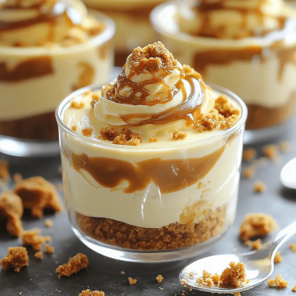 To make No-Bake Biscoff Cheesecake Cups, gather these key ingredients: - 1 cup Biscoff cookies, finely crushed - 4 tablespoons unsalted butter, melted - 1 cup cream cheese, softened - 1 cup powdered sugar - 1 teaspoon vanilla extract - 1 cup heavy whipping cream, chilled - 1/2 cup Biscoff spread (for layering and topping) - Extra Biscoff cookies, crushed, for garnish These ingredients create a rich and creamy dessert. The Biscoff cookies give a unique flavor, while the cream cheese adds a smooth texture. You can personalize your cheesecake cups with these fun add-ins or toppings: - Chocolate chips for extra sweetness - Caramel sauce for a drizzle - Fresh fruit like strawberries or bananas - Nuts for a crunchy finish Feel free to mix and match for your ideal flavor profile. Each option can add a new twist to the recipe. To prepare these cheesecake cups, you will need: - Mixing bowls - Electric mixer or whisk - Measuring cups and spoons - Serving cups or dessert glasses - Spatula for folding Having the right equipment makes the process smooth and easy. Make sure you have everything ready before you start! To start, gather your Biscoff cookies and unsalted butter. Crush the cookies finely in a bowl. You want them to look like sand. Next, melt the butter in the microwave. Pour the melted butter into the bowl with the cookies. Mix them well until the texture feels like wet sand. Now, take your serving cups and divide the cookie mix evenly. Press it firmly into the bottoms of each cup. This creates a solid crust for your cheesecake. For the filling, grab your cream cheese and let it soften first. In a clean mixing bowl, beat the cream cheese until it's smooth. This helps to remove lumps. Gradually add the powdered sugar and vanilla extract. Mix until it's creamy and well combined. In another bowl, whip the chilled heavy cream until you see stiff peaks. This step adds air and makes the filling light. Carefully fold the whipped cream into the cream cheese mixture. Be gentle so you keep that airy texture. Now it’s time to layer your cheesecake. Warm the Biscoff spread in the microwave for about 10-15 seconds. It should be pourable but not hot. Start by spooning the cream cheese mixture over the cookie crust in each cup. Then, add a layer of the warmed Biscoff spread. Repeat this process until each cup is filled. Finish with the cheesecake mixture on top. For a beautiful touch, drizzle extra Biscoff spread on each cup. Garnish with crushed Biscoff cookies for crunch and flair. Place the cups in the fridge for at least 2 hours to set. Enjoy this fun and delicious treat! To get a creamy texture, start with softened cream cheese. This warmth helps it mix well. Beat the cream cheese in a bowl until smooth. Slowly add in the powdered sugar and vanilla. Mix until you see no lumps. This step is key for a rich taste. Folding whipped cream needs care. First, whip your cream until it forms stiff peaks. This means it stands tall without falling. Then, take a scoop of the whipped cream. Add it to the cream cheese mix. Use a spatula to gently fold it in. Keep folding until combined, but don't stir too hard. This keeps the mix light and fluffy. Presenting your cheesecake cups is fun! Use clear cups to show off the layers. Drizzle extra Biscoff spread on top for a sweet touch. Sprinkle crushed Biscoff cookies to add crunch. Place a small spoon next to each cup. This makes it easy for guests to dig in. Enjoy these chilled for the best taste! {{image_4}} You can change the cookie base for different flavors. Try using Oreos, graham crackers, or even shortbread cookies. Each option gives a new taste. For a chocolate twist, use chocolate cookies. You will enjoy how these bases mix with the creamy filling. Want to add more flavor? You can infuse your cheesecake cups! Drizzle caramel sauce between layers. This adds a sweet touch. You can also mix in melted chocolate in the cream cheese filling. Chocolate chips or chunks work well too. These small changes can take your dessert to the next level. You can make this dessert vegan and dairy-free. Swap cream cheese with a vegan cream cheese alternative. Use coconut cream instead of heavy cream. For the sugar, check for vegan options. Use dairy-free cookies for the crust. This way, everyone can enjoy these cheesecake cups! Keep your No-Bake Biscoff Cheesecake Cups in the fridge. Store them in an airtight container. This helps maintain their creamy texture and flavor. Make sure they are chilled before serving. You can freeze these cheesecake cups if you want to save some for later. Place them in freezer-safe containers. Wrap them tightly with plastic wrap before sealing. They can last up to three months in the freezer. In the fridge, these cheesecake cups last about five days. After that, they may lose their taste and texture. Always check for signs of spoilage before eating. Enjoy them fresh for the best flavor! Yes, you can. Other cookies work well too. Try Oreos for a chocolate twist. Graham crackers also make a great base. Just crush them finely. Mix with melted butter, just like with Biscoff. The flavor will change, but the dessert will still be tasty! The cheesecake cups are ready after chilling for at least 2 hours. They should feel firm to the touch. If they still feel too soft, give them more time in the fridge. A good test is to check if they hold their shape when removed from the cup. You can serve these cups in many fun ways! Try adding whipped cream on top for extra creaminess. A drizzle of melted Biscoff spread looks beautiful and tastes great. You can also sprinkle more crushed cookies on top for added crunch. Place a small spoon beside each cup for easy eating! You now have all the tools to create delicious no-bake Biscoff cheesecake cups. We discussed essential ingredients, step-by-step instructions, and helpful tips to perfect your treat. You can customize flavors and bases for extra fun. Always store them correctly to keep them fresh. Enjoy experimenting and serving these tasty cups at your next gathering. Your friends and family will love them!