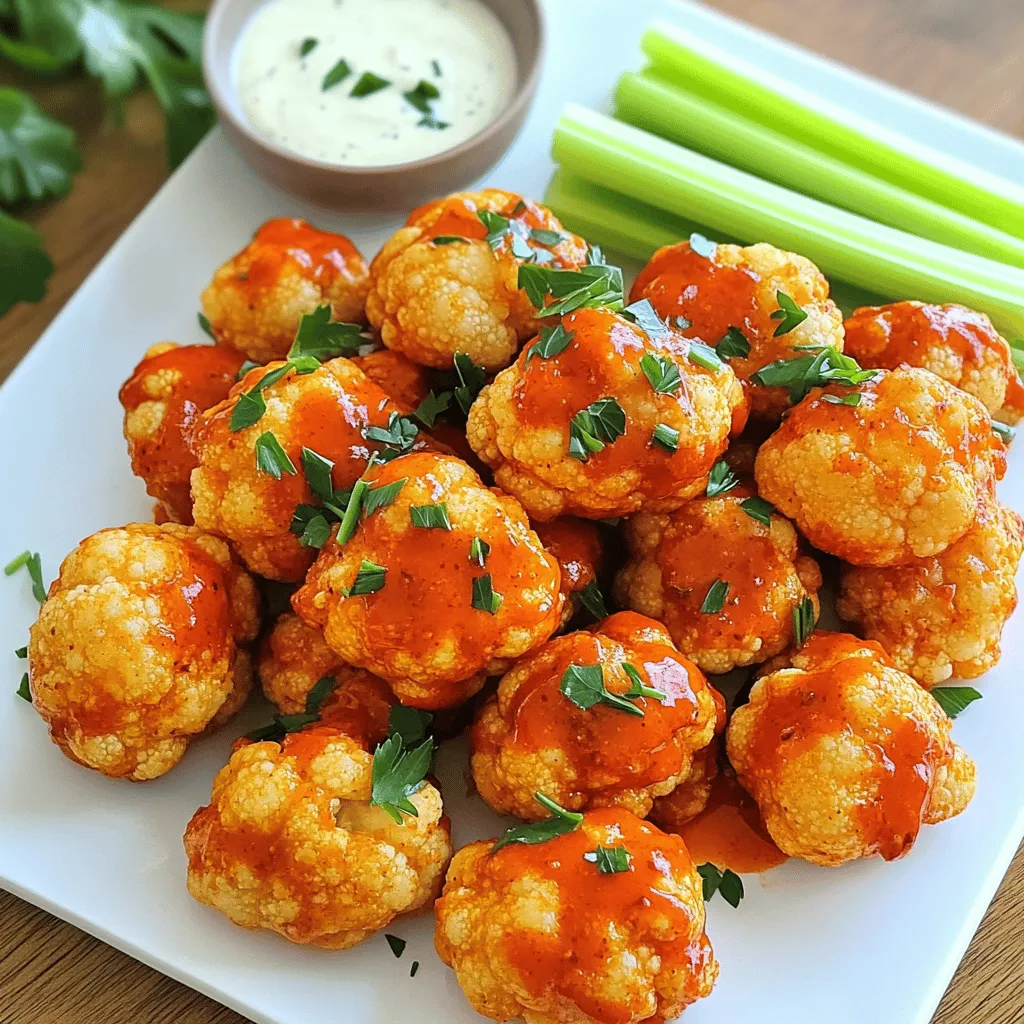 - Medium head of cauliflower, cut into bite-sized florets - 1 cup all-purpose flour - 1 teaspoon garlic powder - 1 teaspoon onion powder - 1 teaspoon smoked paprika - 1/2 teaspoon cayenne pepper (adjust for your heat level) - 1 cup water or plant-based milk for creaminess - 1 cup buffalo sauce - 2 tablespoons melted vegan butter (optional for flavor) - Salt and freshly ground pepper to taste - Fresh parsley, finely chopped for garnishing These ingredients create a tasty and spicy snack. The cauliflower provides a great base. The flour and spices give the bites a crispy coating. You can control the heat with cayenne pepper. The buffalo sauce brings the classic flavor we love. Vegan butter adds richness but is optional. Fresh parsley adds a nice touch. Always use fresh and high-quality ingredients. This way, your buffalo bites will taste even better. Enjoy the process of gathering these items, as each one plays a key role in the final dish. You can find most of them at your local grocery store. First, heat your oven to 450°F (230°C). This high heat makes the bites crispy. Next, grab a baking sheet and line it with parchment paper. This helps the cauliflower not stick and makes clean-up easy. In a medium bowl, mix one cup of all-purpose flour with one teaspoon of garlic powder, one teaspoon of onion powder, one teaspoon of smoked paprika, and half a teaspoon of cayenne pepper. Add a pinch of salt and pepper too. Stir well to blend all the spices. This dry mix adds flavor to the cauliflower. Now, slowly pour in one cup of water while stirring the dry mix. Keep mixing until you get a smooth batter. The batter should be thick enough to coat the florets well. Take each cauliflower floret, dip it in the batter, and make sure it is fully covered. Place the coated florets on the baking sheet. Space them out to help them cook evenly. Put the baking sheet in the oven and bake for about 20 minutes. You want them to turn golden brown and crisp up nicely. The high heat helps achieve this perfect texture. While the cauliflower bakes, mix one cup of buffalo sauce with two tablespoons of melted vegan butter in a small bowl. Stir well to combine. This sauce will give the bites their spicy kick and rich flavor. After 20 minutes, take the cauliflower out of the oven. Brush or toss the hot florets in the buffalo sauce mixture. Make sure each piece gets a good coating. Then, return the baking sheet to the oven for another 10-15 minutes. This final baking makes the bites even crispier and enhances the flavor. Finally, let them cool for a few minutes. Garnish with fresh, chopped parsley before serving. Enjoy your tasty and spicy snack! To get that perfect crisp, start with a hot oven. Preheat it to 450°F (230°C). The high heat helps the batter fry up nicely. Use a thin layer of batter on each floret. Don't let them sit in the batter too long. Also, space them out on the baking sheet. This allows hot air to circulate around them. Check them halfway through baking and turn them if needed. This ensures even browning all around. If you like it spicy, feel free to add more cayenne pepper. Start with half a teaspoon if you're unsure. You can always add more later. To tone it down, skip the cayenne. You can also use a milder hot sauce. Mixing in a bit of honey can add sweetness and balance the heat. Always taste the sauce before you coat the bites to find your perfect heat level. Buffalo bites taste great with dipping sauces. Serve with ranch or blue cheese dressing for a classic combo. Fresh celery sticks add crunch and freshness. You can also try carrot sticks for a sweet contrast. For extra flair, sprinkle more parsley over the top. This adds color and brightens the dish. Arrange everything on a large platter for a beautiful presentation. {{image_4}} To make these cauliflower buffalo bites gluten-free, swap all-purpose flour for gluten-free flour. This change keeps the dish light and tasty. Many brands offer gluten-free flour blends that work well. Just make sure to check the label for the right measurements. Your bites will still be crispy, flavorful, and crowd-pleasing. Using vegan butter adds a rich taste to the buffalo sauce. If you want a lighter option, you can skip the butter. The sauce will still be spicy and delicious. Just mix the buffalo sauce with a bit of olive oil instead. This keeps it vegan and flavorful without adding extra fat. For a fun twist, mix sweetness with the heat. Try adding a tablespoon of maple syrup or honey to the buffalo sauce. This makes a sweet and spicy combo that many enjoy. You can also add a dash of hot honey for extra flavor. Serve these bites with a cooling ranch dip to balance the heat. After enjoying your Cauliflower Buffalo Bites, let them cool down. Place the leftovers in an airtight container. They will stay fresh for up to three days in the fridge. Make sure to keep them at a steady temperature. This helps maintain their flavor and texture. To reheat, you can use an oven or an air fryer for the best results. Preheat your oven to 350°F (175°C). Place the cauliflower bites on a baking sheet. Heat them for about 10-15 minutes until they are warm and crispy again. If using an air fryer, set it to 350°F (175°C) and heat for about 5-7 minutes. This way, you avoid soggy bites. You can freeze the cauliflower bites if you have extra. Allow them to cool completely. Then, place them in a single layer on a baking sheet. Freeze them for about an hour. After that, transfer them to a freezer-safe bag. They can last for up to three months in the freezer. When you’re ready to eat, just reheat them from frozen. To make cauliflower buffalo bites crispy, coat them with a thick batter. Use a mix of flour and spices to add flavor. Bake them at a high temperature, around 450°F (230°C). This helps them crisp up nicely. After the first bake, toss them in buffalo sauce and bake again. This double baking gives you that perfect crunch. Yes, you can use frozen cauliflower for this recipe. Just make sure to thaw and drain it first. Pat it dry with a towel to remove any extra moisture. This step helps the batter stick better. Keep in mind, the texture might be softer than fresh cauliflower, but it will still taste great. Buffalo bites taste amazing with a few different dipping sauces. Ranch dressing is a classic choice. It cools down the heat from the buffalo sauce. Blue cheese dressing is another favorite. For something lighter, try a yogurt dip or a spicy garlic sauce. You can't go wrong with any of these options! Cauliflower buffalo bites last about 3 to 5 days in the fridge. Store them in an airtight container to keep them fresh. If you want them to stay crispy, reheat them in the oven. This way, they regain some of that crunchiness. If you need a substitute for flour, try using almond flour or chickpea flour. Both options are great for gluten-free diets. You can also use cornstarch for a lighter batter. Just mix it with the same spices, and you'll still get that tasty flavor and crunch. This guide covered everything you need for delicious cauliflower buffalo bites. We looked at essential ingredients, simple steps, and helpful tips for perfect textures. You can customize the spice level and enjoy various serving ideas. Whether you want a gluten-free option or smart storage tips, you have it all. Try these bites for a tasty snack or party treat. I hope you make them soon and enjoy every bite. Happy cooking!