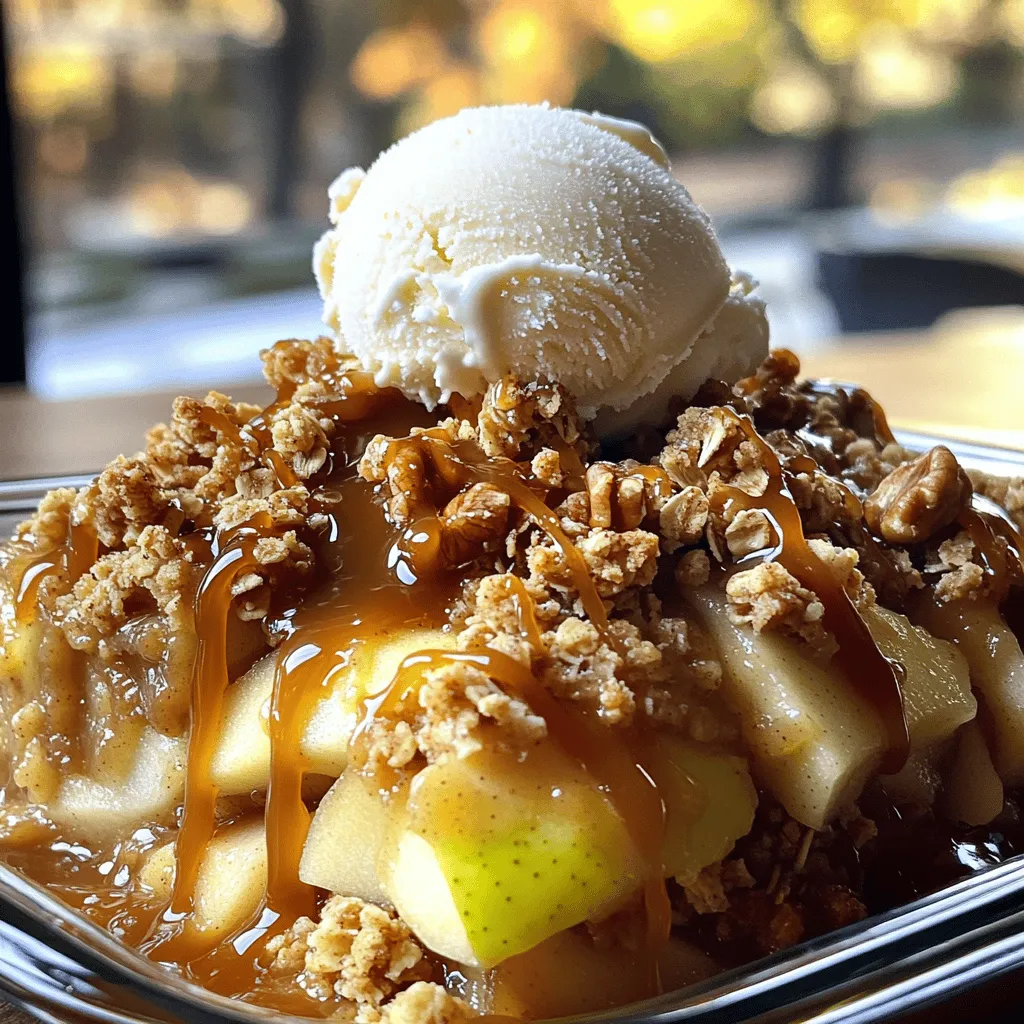 - 6 medium-sized apples (preferably Granny Smith or Honeycrisp), peeled and sliced - 1 cup granulated sugar, divided - 1 cup packed brown sugar, divided - 1 cup caramel sauce (store-bought or homemade) - 1 cup rolled oats - 1 cup all-purpose flour - 1 teaspoon ground cinnamon, divided - 1/2 teaspoon ground nutmeg - 1/2 cup unsalted butter, melted - 1/2 teaspoon salt - 1/2 cup chopped nuts (walnuts or pecans), for topping (optional) Gathering these ingredients is the first step to making a great caramel apple crisp. The apples bring tartness and sweetness. I prefer Granny Smith or Honeycrisp for their firm texture. The sugars add sweetness and depth. Caramel sauce gives it that rich, indulgent flavor. Oats and flour create a crunchy topping. The spices, like cinnamon and nutmeg, fill your kitchen with warm scents. Melted butter binds everything and adds richness. If you want, chop some nuts for that extra crunch. They add a nice texture and nutty flavor to the dish. With this list, you are ready to create a delicious dessert that will impress anyone who tries it! Set your oven to 350°F (175°C). This step gets the oven hot and ready. A hot oven gives your crisp a nice, even bake. In a large bowl, mix the sliced apples with 1/2 cup of granulated sugar. Add 1/2 cup of brown sugar, 1/2 teaspoon of ground cinnamon, and the nutmeg. Toss gently to coat the apple slices well. This mix brings out the apples' natural sweetness and flavor. Drizzle the caramel sauce over the apple mixture. Stir gently to avoid breaking the apple slices. Once mixed, pour this delicious combo into a greased 9x13-inch baking dish. This layer is where the magic begins! In another bowl, whisk together rolled oats, the remaining 1/2 cup of granulated sugar, and 1/2 cup of brown sugar. Add the remaining 1/2 teaspoon of cinnamon and the salt. Mix until everything is well combined. This topping gives a great crunch and flavor. Now, sprinkle the oat topping evenly over the caramel-coated apples. Make sure to cover all the apples. This layer will create a lovely crisp texture as it bakes. Place the baking dish in the preheated oven. Bake for 35-40 minutes. Look for a golden brown top and bubbling apples. This means it’s cooked perfectly. After baking, take the dish out of the oven. Allow it to cool slightly before serving. This step helps avoid burns. Serve warm for the best taste! Adding vanilla ice cream is a great idea too. Drizzle with extra caramel for a special touch. Select apples that are firm and tart. I love using Granny Smith or Honeycrisp. They offer the right balance of sweet and sour. This makes the crisp rich in flavor. Avoid soft apples like Red Delicious. They turn mushy when baked. If you want a mix, try adding some sweet apples too. For the oat topping, use rolled oats for the best texture. Mix the oats with sugar, flour, and spices. Ensure the butter is melted and mix well. This makes the topping crumbly and delicious. If you want extra crunch, add chopped nuts. Walnuts or pecans work great. Serve your caramel apple crisp warm. A scoop of vanilla ice cream on top makes it even better. Drizzle extra caramel sauce over the crisp for a sweet touch. You can also sprinkle some cinnamon for added flavor. This dessert is perfect for gatherings or cozy nights in. To get that golden brown top, bake your crisp until bubbly. Look for a light brown color. Every oven is different, so check it starting at 35 minutes. Let it cool slightly before serving. This helps the topping set and makes it easier to slice. Enjoy the warm, sweet aroma as it fills your kitchen! {{image_4}} To make this dessert gluten-free, swap all-purpose flour with a gluten-free blend. Use certified gluten-free oats too. This option keeps the flavor while catering to those with gluten sensitivities. For a vegan version, replace the butter with coconut oil or a plant-based butter. Use maple syrup instead of granulated sugar for sweetness. Ensure that the caramel sauce is vegan-friendly or make your own with coconut milk. You can add fun flavors by including raisins, cranberries, or even chopped dried apricots. These add-ins bring a new texture and flavor to your dish. Consider adding a splash of vanilla extract to the apple mixture for a warm, inviting aroma. You can also sprinkle some chopped nuts, like walnuts or pecans, into the oat topping for extra crunch. Each variation makes this dish your own, ensuring it's always a delightful treat! After enjoying your caramel apple crisp, let it cool to room temperature. Then, cover it tightly with plastic wrap or foil. You can also use an airtight container. This keeps it fresh for up to three days in the fridge. If you want, you can separate the topping from the apple filling. This helps keep the crisp topping nice and crunchy. When you're ready to enjoy leftovers, preheat your oven to 350°F (175°C). Place the crisp in an oven-safe dish. If it's been in the fridge, let it sit out for about 15 minutes first. Cover it loosely with foil to prevent burning. Heat for about 15 to 20 minutes. You want it warm throughout, and the topping should be crisp again. For a quick option, you can also use the microwave. Heat a slice for about 30 seconds to 1 minute, but the topping may not stay as crunchy. You can freeze caramel apple crisp for longer storage. First, let it cool completely. Then, cut into slices and wrap each piece tightly in plastic wrap. Place them in a freezer bag or airtight container. This way, they can stay fresh for up to three months. When you're ready to eat, let the slices thaw in the fridge overnight. Then, reheat in the oven for the best texture. Enjoy this tasty treat any time! You can prepare the apple mixture and oat topping a day early. Keep each part in the fridge. On baking day, just layer them and bake. This saves time and keeps flavors fresh. Yes, you can use any nuts you like! Walnuts and pecans work well. Almonds or hazelnuts can add a nice twist. Just chop them up and mix them in with the oat topping. To reheat, place the apple crisp in the oven at 350°F (175°C). Heat for about 10-15 minutes. If you're in a hurry, use the microwave. Heat for 30-60 seconds, but watch it closely. Absolutely! You can make your own caramel sauce. Just melt sugar and cream together. For a quick fix, mix sugar with butter and milk. This gives a similar taste. Your apple crisp is ready when the top is golden brown. You should see bubbly apples around the edges. A fork should easily pierce the apples. This means they are soft and cooked through. You now have a clear guide to make a delicious caramel apple crisp. We covered the key ingredients, step-by-step instructions, and helpful tips to perfect your dish. Don't forget about the variations, like gluten-free or vegan options. Proper storage also helps keep your tasty treat fresh. Use this recipe to impress your friends and family. Enjoy every warm, sweet bite of your apple crisp!