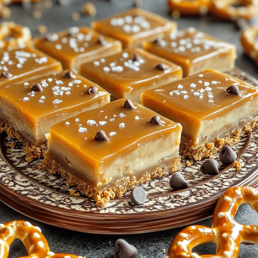 You need a few key items to make these bars. Here’s what you will need: - 2 cups crushed pretzels - 1 cup graham cracker crumbs - 1/2 cup unsalted butter, melted - 1/2 cup packed brown sugar - 1 cup sweetened condensed milk - 1 teaspoon pure vanilla extract - 1 cup caramel sauce (store-bought or homemade) - Flaky sea salt for sprinkling These ingredients create a perfect blend of sweet and salty. The pretzels give a nice crunch, and the caramel adds rich flavor. You can add some fun twists to your bars. Here are some optional ingredients to consider: - 1/2 cup mini chocolate chips Adding chocolate chips makes these bars even more delicious. You can sprinkle them on top after the caramel layer. If you have special dietary needs, there are swaps you can make. Here are some ideas: - Use gluten-free pretzels and graham crackers for a gluten-free option. - Replace sweetened condensed milk with coconut cream for a dairy-free choice. These swaps let everyone enjoy these tasty bars. Just remember to adjust the ingredients to fit your taste! To make the pretzel crust, gather your ingredients. You will need crushed pretzels, graham cracker crumbs, melted butter, and brown sugar. In a large bowl, mix these ingredients together. Use a spatula or your hands to blend them well. The mixture should feel like damp sand. Once mixed, press it firmly into the bottom of a 9x9-inch baking pan. Make sure it is even and tightly packed. This helps the bars stay together when cut. Next, we will prepare the caramel layer. In a medium saucepan, combine sweetened condensed milk and caramel sauce. Place it over medium heat. Stir this mixture continuously for about 3 to 5 minutes. You want it warmed and slightly thickened. Once done, remove the saucepan from heat. Add in the vanilla extract and stir until it is well mixed. This layer adds a rich, sweet taste to the bars. Now, pour the warm caramel over the pretzel crust. Use a spatula to spread it out evenly. Let this cool at room temperature for about 15 to 20 minutes. If you like, sprinkle mini chocolate chips on top. Press them in gently so they stick. After that, cover the pan with plastic wrap or foil. Place it in the fridge for at least 2 hours. This helps the bars set up nicely. Once chilled, lift the bars out of the pan using parchment paper. Cut them into squares or rectangles. Before serving, add a sprinkle of flaky sea salt on top for a tasty finish. To get the right texture, it's key to mix well. When you combine crushed pretzels, graham crumbs, melted butter, and brown sugar, make sure everything is coated. It should feel like damp sand. Press it firmly into your baking pan. This step is crucial. A well-packed crust holds up better when you cut it. Using the right tools can save time. A large mixing bowl helps you mix ingredients easily. A spatula is great for spreading the caramel. If you have a whisk, use it for the sauce. It helps blend the sweetened milk and caramel smoothly. A 9x9-inch baking pan works well for these bars. If you line it with parchment paper, cleanup is easier. For flavor, consider adding chocolate chips. They add a nice touch of sweetness. Press them gently into the caramel layer. For a pretty finish, sprinkle flaky sea salt on top after cutting the bars. This adds contrast to the sweet caramel. Drizzling extra caramel sauce over the bars makes them shine. Placing whole pretzels next to the bars also looks great on a platter. {{image_4}} You can easily change the flavor of these bars. Add-ins like nuts or dried fruit work well. Try adding 1/2 cup of chopped pecans or walnuts for a nutty crunch. If you want a fruity touch, mix in some dried cranberries or cherries. You can also swap the chocolate chips for peanut butter chips. This gives a nice twist to the flavor. Each variation brings a new taste, making these bars your own. These bars can fit any occasion! For Halloween, add crushed candy corn on top. In December, swap caramel for peppermint bark. You can also use holiday-themed sprinkles for a festive touch. For birthdays, add colorful sprinkles or even a layer of frosting on top. These small changes can make the bars feel special and fun. If you want to skip the caramel sauce, you have options. You can use chocolate ganache instead. Just heat equal parts chocolate and cream until smooth. Pour it over the pretzel crust for a rich flavor. Another option is to use a fruit puree, like raspberry. This adds a fresh taste and a splash of color. These alternatives keep the bars delicious while offering a new experience. To keep your no-bake salted caramel pretzel bars fresh, store them in an airtight container. This helps to keep them from drying out. You can layer parchment paper between the bars to prevent sticking. Always keep the bars in the fridge, especially in warm weather. These bars can last up to a week in the fridge. If you want to store them longer, freeze them. Wrap each bar in plastic wrap, then place them in a freezer bag. They can stay good in the freezer for up to three months. To enjoy, just thaw them overnight in the fridge. These bars are best enjoyed cold, so you don’t need to reheat them. However, if you want a warm treat, you can soften them slightly in the microwave. Heat them in short bursts of 10 seconds, checking often. Enjoy the gooey caramel and chocolate flavors for a delightful snack! Yes, you can make these bars without condensed milk. You can use coconut cream or cashew cream as a substitute. These options give a creamy texture similar to condensed milk. Just make sure to adjust the sweetness. Taste the mixture before pouring it over the crust. You may need to add a bit of sugar. The bars last up to one week in the fridge. Store them in an airtight container to keep them fresh. If you want to keep them longer, you can freeze them. Just make sure to wrap them well to avoid freezer burn. If you don't have pretzels, you can use crushed graham crackers or rice cereal. Both options will give a crunchy base. You can also try using crushed cookies for a different flavor. Just remember to adjust the sweetness based on what you choose. In this article, we explored how to make no-bake salted caramel pretzel bars. We covered key ingredients, step-by-step instructions, and some helpful tips. You can customize these bars with different flavors or dietary substitutes. Remember the best way to store them for lasting freshness. Making these treats can be simple and fun. Now, you can enjoy delicious bars anytime you want. Happy cooking!