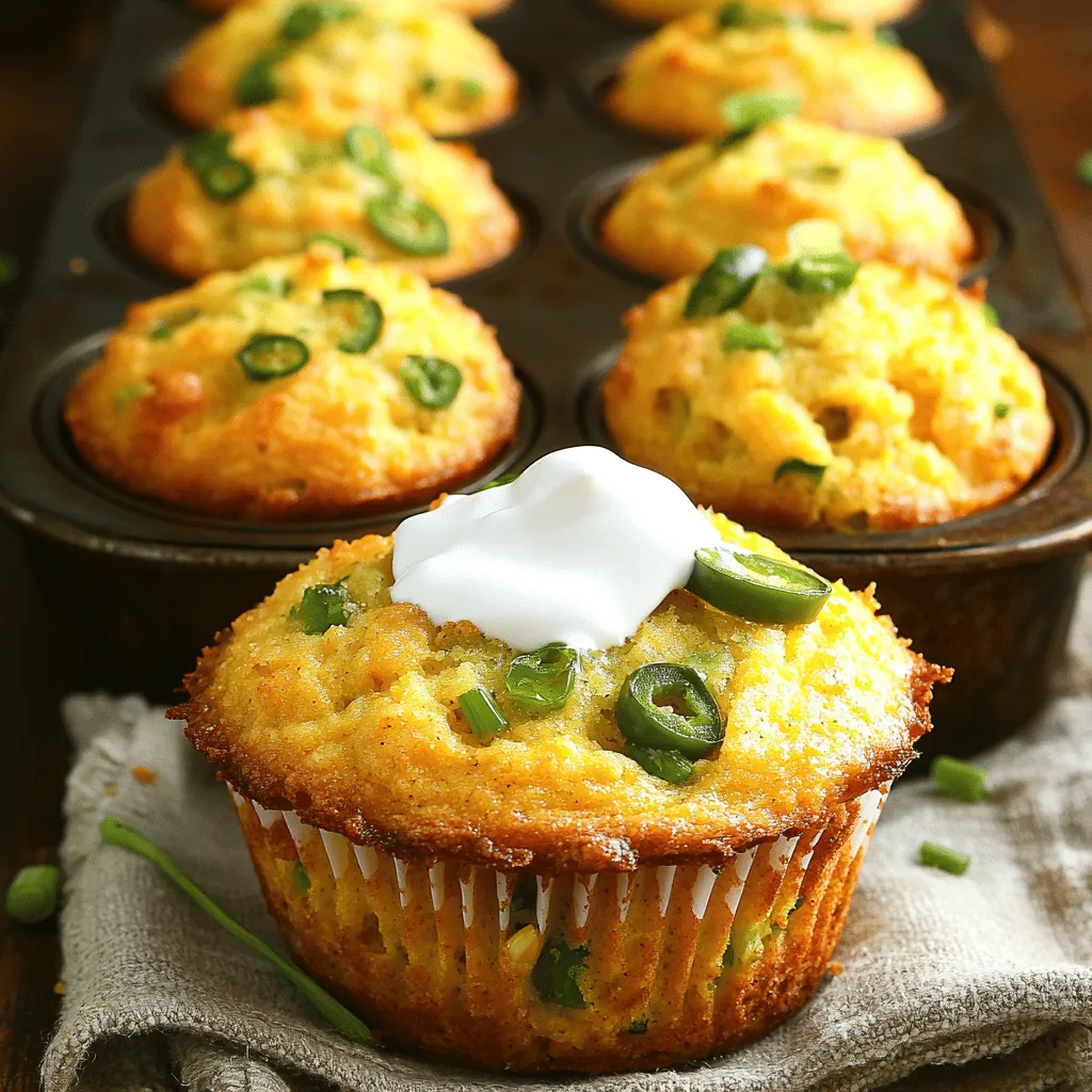 - 1 cup cornmeal - 1 cup all-purpose flour - 1 tablespoon baking powder - ½ teaspoon salt - 1 tablespoon sugar - 1 cup buttermilk - 2 large eggs - ¼ cup vegetable oil - 1 cup shredded sharp cheddar cheese - 2 jalapeños, finely chopped (seeds removed for less heat) - ¼ cup chopped green onions (optional) Cornmeal gives the muffins a hearty base. It adds texture and a slight sweetness. All-purpose flour helps bind the muffins together. The baking powder makes them rise and stay fluffy. Salt enhances all the flavors and balances sweetness. Sugar adds a hint of sweetness to the muffins. Buttermilk keeps the muffins moist and adds a tangy taste. Eggs provide structure and richness. Vegetable oil keeps the muffins tender and fluffy. Sharp cheddar cheese brings a bold flavor that makes each bite special. Jalapeños add a spicy kick, while green onions offer freshness and color. If you lack buttermilk, mix regular milk with a splash of vinegar. You can replace all-purpose flour with whole wheat flour for a healthier option. For a dairy-free version, try almond milk and a plant-based cheese. If you want less heat, skip the jalapeños or use sweet bell peppers instead. Start by preheating your oven to 400°F (200°C). This step is key for even baking. Next, prepare your muffin tin. You can either grease it lightly with oil or use paper liners. Using liners makes it easier to remove the muffins later. In a large bowl, combine the dry ingredients. Measure 1 cup of cornmeal and 1 cup of all-purpose flour. Add 1 tablespoon of baking powder, ½ teaspoon of salt, and 1 tablespoon of sugar. Use a whisk to mix these ingredients well. This step ensures your muffins rise properly. In a separate bowl, blend the wet ingredients. Pour in 1 cup of buttermilk. Crack in 2 large eggs and add ¼ cup of vegetable oil. Whisk these together until the mixture is smooth. This process helps to create a light texture in your muffins. Gradually pour the wet mixture into the bowl of dry ingredients. Stir gently with a spatula or wooden spoon until just combined. Be careful not to overmix. Fold in 1 cup of shredded sharp cheddar cheese, 2 finely chopped jalapeños, and ¼ cup of green onions if you like. Spoon the batter into your prepared muffin tin, filling each cup about ¾ full. This allows space for rising. Bake for 15-18 minutes. Look for a golden brown top. A toothpick inserted in the center should come out clean. After baking, let the muffins cool in the pan for about 5 minutes. Then, transfer them to a wire rack to cool completely. Enjoy the delicious aroma as they cool! To get that soft and fluffy texture, avoid overmixing your batter. Mix just until combined. It’s okay if there are a few lumps. Using buttermilk adds moisture. That helps keep the muffins light. The right balance of cornmeal and flour also matters. Together, they create a great crumb. For an extra lift, ensure your baking powder is fresh. Store your muffins in an airtight container. This keeps them fresh for up to three days. You can also freeze them for up to three months. To reheat, simply pop them in the oven at 350°F (175°C) for about 10 minutes. This warms them up nicely without making them dry. If you’re in a hurry, you can microwave them for about 15-20 seconds. Serve these muffins warm for the best taste. They pair well with soups or chili. A dollop of sour cream on top adds creaminess. A drizzle of honey brings out the sweet heat of the jalapeños. You can also add a sprinkle of fresh herbs for color and flavor. Enjoy them at breakfast, lunch, or as a snack! {{image_4}} You can switch up the cheese in your cornbread muffins. While sharp cheddar adds a nice kick, feel free to try other cheeses. Here are some tasty choices: - Monterey Jack for a milder flavor - Pepper Jack for extra spice - Cotija for a crumbly texture Each cheese will change the taste and texture of your muffins. Experiment to find your favorite! Spices and herbs can give your muffins a unique twist. For a bit of warmth, add cayenne pepper or smoked paprika. If you prefer fresh flavors, try adding herbs like cilantro or parsley. Here are some fun ideas: - 1 teaspoon of cumin for an earthy touch - 1 tablespoon of fresh basil for a garden taste Mix these into your batter for extra flavor and fun! Want a sweet treat? You can turn these muffins into a dessert. Simply add sugar or honey to your recipe. Here’s how: - Add 1-2 tablespoons of honey to the wet mix. - Substitute some sugar with brown sugar for a deeper taste. These changes will give your cornbread muffins a sweet surprise while keeping the savory notes. Enjoy! To make Cheesy Jalapeño Cornbread Muffins, you need a few key tools. A good muffin tin is a must. Look for a non-stick version for easy muffin removal. A mixing bowl helps you combine all your ingredients smoothly. A whisk is great for mixing wet ingredients. A spatula or wooden spoon works well for folding in cheese and jalapeños. I suggest using a standard 12-cup muffin tin. This size fits the recipe perfectly. If you want extra crispy edges, consider a dark metal muffin tin. It helps with browning. Silicone muffin tins are also fun. They make removing muffins super easy. Just remember to check the baking time, as silicone can change it a bit. For mixing, use at least two bowls. A large bowl for dry ingredients is key. A medium bowl works well for wet ingredients. You’ll need a whisk for the wet mixture. A spatula is perfect for folding in cheese and jalapeños. Keep your tools handy, so you can work quickly and keep the batter light. Yes, you can use gluten-free flour in this recipe. It will change the texture a bit. Look for a gluten-free blend that includes xanthan gum. This will help keep the muffins from being too dense. Follow the same measurements. To add more heat, use more jalapeños. You can also keep some seeds in. Another option is to add a pinch of cayenne pepper or some hot sauce to the batter. Both will bring a kick that pairs well with the cheese. These muffins stay fresh for about 2-3 days at room temperature. For longer storage, place them in an airtight container in the fridge. They will last for up to a week that way. You can also freeze them for up to three months. Just make sure to wrap them well. In this blog post, we explored how to make delicious muffins. We looked at essential ingredients and their functions, plus smart substitutions. You learned the easy steps for mixing and baking your muffins. I shared tips for perfect texture and fun serving ideas. We also discussed variations, such as cheese and spices. Lastly, I highlighted useful kitchen tools you need for baking. Remember, baking is fun, so experiment with flavors. Enjoy your tasty creations!