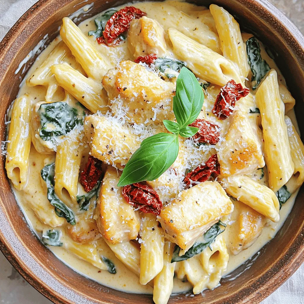 - 1 lb boneless, skinless chicken breasts, cut into bite-sized pieces - 12 oz penne pasta - 1 cup sun-dried tomatoes, chopped - 1 cup heavy cream or full-fat coconut milk - 2 cups fresh baby spinach - 2 tablespoons olive oil - 3 cloves garlic, minced - 1 teaspoon Italian seasoning - ½ teaspoon crushed red pepper flakes (optional) - 4 cups low-sodium chicken broth - ½ cup grated Parmesan cheese (plus more for serving) - Fresh basil leaves for garnish - Salt and freshly cracked black pepper to taste When I whip up this creamy Tuscan chicken pasta, these ingredients shine. Each one plays a role in making the dish rich and tasty. The boneless chicken adds protein and texture. The penne pasta absorbs all the creamy sauce, making each bite delightful. Sun-dried tomatoes burst with flavor, while heavy cream gives that velvety finish. Fresh spinach adds a pop of color and nutrients. In the pantry, olive oil gives a nice base for sautéing. Garlic brings warmth and aroma, making the kitchen smell amazing. Italian seasoning blends herbs that complement the dish. Red pepper flakes add a hint of heat, which you can adjust based on your taste. Chicken broth keeps everything moist and flavorful. For toppings, Parmesan cheese adds a salty kick and creaminess. Fresh basil leaves bring a fragrant touch, making the dish look and feel fresh. Salt and pepper help balance all the flavors, ensuring a perfect bite every time. Gather these ingredients, and you’re ready to create a comforting meal that’s both easy and impressive. Set your Instant Pot to sauté mode. Let it heat up for a minute. Pour in 2 tablespoons of olive oil. Add 1 pound of bite-sized chicken pieces. Season the chicken with salt, pepper, and 1 teaspoon of Italian seasoning. If you like spice, add ½ teaspoon of crushed red pepper flakes. Sauté the chicken for 5-7 minutes. Stir often until the chicken is golden brown. After the chicken is browned, stir in 3 minced garlic cloves. Cook for 1-2 minutes. Watch closely to avoid burnt garlic. Burnt garlic can ruin the dish’s flavor. Next, pour in 4 cups of low-sodium chicken broth. Make sure to scrape the bottom of the pot. This adds extra flavor. Toss in 12 ounces of penne pasta. Ensure the pasta is mostly submerged in the broth. Secure the Instant Pot lid and seal the vent. Set it to manual high pressure for 5 minutes. When the cooking time is up, carefully perform a quick release of the pressure. Once the lid is off, stir in 1 cup of heavy cream, 1 cup of chopped sun-dried tomatoes, and 2 cups of fresh baby spinach. Add ½ cup of grated Parmesan cheese. Stir until the spinach wilts and the sauce is creamy. Taste the dish. Adjust the flavor with salt and pepper if needed. Serve the pasta hot in bowls. Garnish with fresh basil leaves and extra Parmesan cheese. Enjoy your delicious meal! To get the best creaminess in your dish, you can choose between heavy cream and coconut milk. Heavy cream gives a rich, silky texture. Coconut milk adds a light, nutty flavor. Both options work well, depending on your taste. For cheese, I recommend using Parmesan for its sharpness. You could also try mozzarella for a stretchier texture or ricotta for a creamier finish. Each choice adds its own twist. When sautéing chicken, start with small, even pieces. This helps them cook through properly. Heat the Instant Pot on sauté mode and add olive oil before the chicken. Make sure to season well with salt, pepper, and Italian herbs. Stir often to get a nice brown color on each piece. This adds flavor and looks great in your dish. For safety, always ensure your Instant Pot lid seals properly. This prevents steam from escaping. When cooking is done, use a quick release method to avoid pressure buildup. To prevent burning, scrape the bottom of the pot after sautéing. This removes any brown bits, adding flavor while avoiding stuck food. Following these steps ensures a tasty and safe cooking experience. {{image_4}} You can easily turn this dish vegetarian. Just swap the chicken for tofu or mushrooms. Tofu works great. Press it first to remove excess water, then cut it into cubes. Sauté the tofu until it's golden brown. For mushrooms, use about 8 ounces of sliced mushrooms. Cook them until they're tender. Adjusting cooking times is simple. If using tofu, follow the same sauté time as chicken. If using mushrooms, cook them for about 5 minutes. They will need a bit less time than chicken. If you need a gluten-free dish, choose gluten-free pasta. Brands like brown rice or quinoa pasta work well. They cook similarly to regular pasta. Just make sure to check the package for cooking times. You'll need to adjust the cooking time slightly. Gluten-free pasta often cooks faster. Start with 3-4 minutes of high pressure. Always check the texture after cooking. It should be firm but not hard. Want more heat? Increase the red pepper flakes. Start with a half teaspoon and taste. Add more if you like it spicy! You can also play with other spices. Try adding Italian herbs like oregano or thyme. A pinch of smoked paprika can add depth. These spices enhance the dish's flavor, making it unique. Store any leftovers in an airtight container. This keeps the dish fresh. You can enjoy it for up to 3 days in the fridge. Make sure it cools down before sealing. To freeze, let the pasta cool completely. Then, place it in a freezer-safe container. Seal tightly to avoid freezer burn. You can freeze it for up to 3 months. When you're ready to eat, thaw it in the fridge overnight. This helps maintain the texture. For reheating, use the microwave or stovetop. If using the microwave, heat in 30-second intervals. Stir between each interval for even heating. On the stovetop, warm it over low heat. Add a splash of chicken broth or cream. This keeps the dish creamy and delicious. Enjoy your meal! Yes, you can make this dish ahead. Cook it fully, then let it cool. Store it in an airtight container in the fridge for up to three days. When you’re ready, just reheat it on the stove. Add a splash of cream to keep it creamy. To serve more people, simply double the recipe. Use 2 pounds of chicken and 24 ounces of pasta. Increase the broth and cream accordingly. Make sure your Instant Pot has enough space for everything to cook evenly. This dish pairs well with many sides. Try a crisp green salad or garlic bread. You can also serve it with steamed vegetables for extra nutrition. These sides balance the creamy pasta nicely. Cooking this dish takes about 30 minutes. Prep time is around 10 minutes. The actual cooking in the Instant Pot is just 5 minutes under high pressure. Quick and easy for a weeknight meal! This dish combines key ingredients like chicken, pasta, and cream for a rich flavor. You can tweak it based on your diet, whether vegetarian or gluten-free. Remember to follow cooking tips to ensure the chicken is done and the cream is perfect. Storing leftovers is simple; just follow the guidelines for refrigeration or freezing. I hope this recipe inspires your next meal and makes cooking enjoyable. With a few steps and the right ingredients, you can create a delicious dinner for everyone.