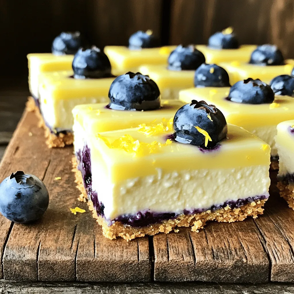 To make these tasty lemon blueberry cheesecake bars, gather these items: - 1 cup graham cracker crumbs - 1/4 cup unsalted butter, melted - 2 tablespoons granulated sugar - 16 oz cream cheese, softened at room temperature - 1 cup granulated sugar - 1/4 cup sour cream - 1 teaspoon vanilla extract - Zest of 1 lemon, finely grated - 1/4 cup fresh lemon juice (about 1 large lemon) - 2 large eggs, at room temperature - 1 1/2 cups fresh blueberries, rinsed and drained You can swap some ingredients if you need to: - Use gluten-free graham crackers instead of regular ones for a gluten-free crust. - If you don’t have sour cream, plain yogurt works well. - You can use light cream cheese for a lower-fat version. - Make it dairy-free by using vegan cream cheese and butter. Choosing the best blueberries is key. Here are some tips: - Look for firm, plump berries with a deep blue color. - Avoid any with green or red spots. These are not ripe. - Check for mold or mushy berries in the container. - Smell them! Fresh blueberries should have a sweet, fruity scent. Start by preheating your oven to 325°F (160°C). Take an 8x8 inch baking dish and line it with parchment paper. Make sure to leave some paper hanging over the sides. This will help you lift the bars out easily later. In a medium bowl, mix 1 cup of graham cracker crumbs with 1/4 cup of melted butter and 2 tablespoons of sugar. Stir well until all the crumbs are coated. Press this mixture firmly into the bottom of your lined baking dish. This will form a solid crust layer for your cheesecake bars. In a large bowl, beat 16 oz of softened cream cheese with an electric mixer on medium speed. Mix for about 2-3 minutes until smooth and creamy. Gradually add in 1 cup of sugar, 1/4 cup of sour cream, 1 teaspoon of vanilla, the zest of 1 lemon, and 1/4 cup of fresh lemon juice. Keep mixing until everything is well combined and silky smooth. Add 2 large eggs, one at a time, mixing on low speed until each is fully blended. Be careful not to overmix. Next, gently fold in 1 1/2 cups of fresh blueberries using a spatula. Pour this filling over your prepared crust, spreading it evenly. Bake in the preheated oven for 30-35 minutes. The center should be set but still a bit jiggly. After baking, turn off the oven and crack the door open. Let the cheesecake bars cool in the oven for about 1 hour. This helps prevent cracks. Once cooled, move the bars to the fridge. Chill for at least 4 hours, or overnight is best. When ready, lift the bars out using the parchment paper and cut them into squares. Enjoy your tasty treat! To keep your cheesecake bars crack-free, cool them slowly. After baking, turn off the oven and crack the door. Let the bars cool in the oven for about an hour. This gradual cooling helps prevent sudden temperature changes. It makes the surface smooth and beautiful. For a creamy texture, start with softened cream cheese. This helps it blend well. Mix on medium speed, but don’t overbeat. Add eggs one at a time, mixing just until combined. Overmixing can add air, which leads to cracks. Remember, less is more when mixing! When serving, lift the bars out using the parchment paper. Cut them into neat squares for a tidy look. For added flair, garnish with fresh blueberries and a dusting of powdered sugar. This makes the bars pop and adds a touch of elegance. Enjoy serving these tasty treats! {{image_4}} You can change the blueberries for other fruits. Try strawberries, raspberries, or peaches. Each fruit brings its own taste. For a tropical twist, use mango or pineapple. Just make sure to adjust the sweetness based on the fruit you choose. If you like it sweeter, add more sugar. You can start with an extra tablespoon. For more tartness, add a bit more lemon juice. Taste as you go to find your perfect balance. Remember, some fruits are sweeter than others, so adjust accordingly. If you want a different crust, use crushed cookies. Oreos or vanilla wafers work well. You can also try almond flour for a gluten-free option. Just mix it with melted butter and press it down like you would with graham crackers. Store leftover cheesecake bars in an airtight container. Keep them in the refrigerator. They stay fresh for about 5 days. If you need to stack them, place parchment paper between layers. This way, they won’t stick together. To freeze cheesecake bars, first, let them cool completely. Then, cut them into squares. Wrap each square in plastic wrap, followed by aluminum foil. This prevents freezer burn. Place the wrapped bars in a freezer-safe bag or container. They can last for up to 3 months in the freezer. Thaw frozen cheesecake bars in the fridge overnight. This helps them keep their texture. If you’re in a hurry, you can thaw them at room temperature for about an hour. Avoid using the microwave, as this can make them soggy. Enjoy your delicious bars! Yes, you can use frozen blueberries. They work well in this recipe. Just remember to thaw and drain them first. This step helps prevent excess moisture in your cheesecake bars. Frozen blueberries may be softer when mixed, but they still taste great. These cheesecake bars last about five days in the fridge. Store them in an airtight container for best results. If you want to keep them longer, you can freeze them. They stay tasty for up to three months in the freezer. Absolutely! To make these bars gluten-free, use gluten-free graham cracker crumbs. Check the label to ensure they are certified gluten-free. This small change allows everyone to enjoy these tasty treats without worry. To cut cheesecake bars neatly, use a sharp knife. Dip the knife in hot water and wipe it dry before each cut. This technique helps create clean edges. For best results, cut after chilling the bars in the fridge for several hours. We covered how to make delicious cheesecake bars with fresh blueberries. You learned about the right ingredients, step-by-step instructions, and helpful tips. I shared simple ways to avoid cracks and different storage methods to keep bars fresh. Don't hesitate to experiment with fruits and crusts to suit your taste. Remember, a well-made cheesecake can impress anyone. With these insights, you are ready to bake the perfect cheesecake bars. Enjoy the process, and savor every bite!