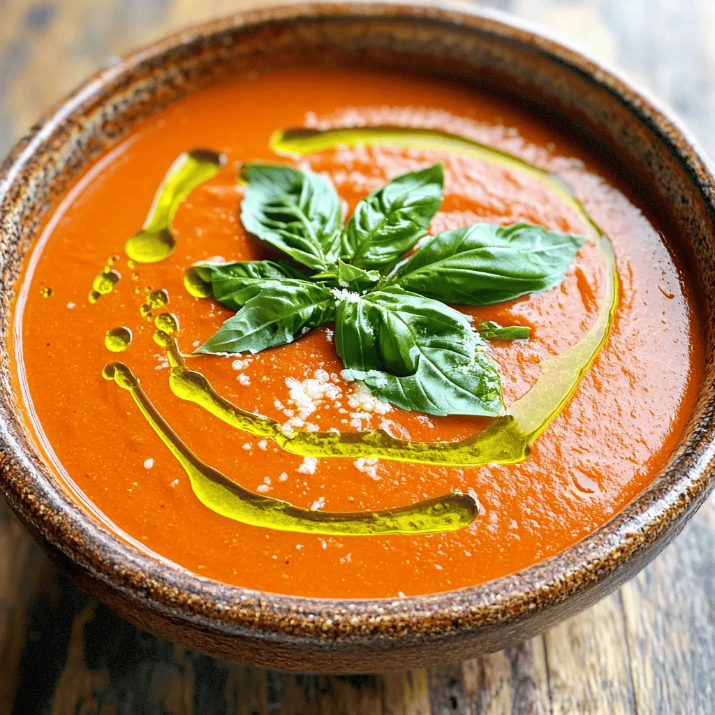 - 2 tablespoons extra virgin olive oil - 1 medium onion, finely chopped - 3 cloves garlic, minced - 4 cups ripe tomatoes, diced (can be fresh or canned) - 1 cup vegetable broth (or chicken broth for non-vegetarians) - 1 teaspoon dried oregano - 1 tablespoon granulated sugar (optional, to balance the acidity of the tomatoes) - Sea salt and freshly cracked black pepper to taste - 1 cup heavy cream or coconut milk (for a dairy-free alternative) - 1/2 cup fresh basil leaves, finely chopped - Grated Parmesan cheese for garnish (optional) - A pinch of red pepper flakes for heat - Fresh herbs like thyme or parsley for extra flavor - A splash of lemon juice for brightness - Use avocado oil instead of olive oil for a different flavor. - Swap onions for leeks for a milder taste. - Use fire-roasted tomatoes for a smoky touch. - Replace heavy cream with cashew cream for a vegan option. - Use fresh basil oil if you don’t have fresh basil. Each ingredient plays a key role in the flavor and texture of the soup. I love using fresh tomatoes when they are in season. They give the soup a vibrant taste. The cream adds richness, while fresh basil provides a lovely aroma. Don’t hesitate to experiment with the options and substitutions! This soup is very forgiving and allows you to make it your own. Start by setting your Instant Pot to the sauté function. Add two tablespoons of extra virgin olive oil. Heat it for about one minute. Then, add one medium onion, chopped finely. Sauté the onion for three to five minutes until it turns soft and clear. This step builds a great base for flavor. Next, add three minced garlic cloves. Cook for one more minute. You want the garlic to smell nice but not burn. Now, it’s time to mix in the main ingredients. Pour in four cups of diced ripe tomatoes, fresh or canned. Add one cup of vegetable broth or chicken broth if you prefer. Next, stir in one teaspoon of dried oregano. If you want, add one tablespoon of granulated sugar. This helps balance the tomato's acidity. Season with sea salt and freshly cracked black pepper to your taste. Mix everything well to combine all those lovely flavors. Secure the lid on the Instant Pot. Make sure the valve is set to sealing. Select the soup setting or set it to cook on high pressure for ten minutes. This is where the magic happens! The pressure helps meld all the flavors together. Once the cooking time is up, let the Instant Pot release pressure naturally for ten minutes. After that, switch the valve to venting to release any extra pressure. To get that dreamy creaminess, use heavy cream for a rich taste. If you want a dairy-free option, coconut milk works great too. When you blend the soup, add the cream after blending. This keeps it smooth and velvety. Blend it well, but you can leave some chunks for texture if you like. Tomatoes can be acidic, so balance them with sugar. A tablespoon of sugar helps cut the tartness. Don’t forget to taste as you go! Add sea salt and freshly cracked black pepper to enhance the flavors. Fresh basil adds a nice earthy touch. Use a generous amount for the best flavor. Serve your soup hot in wide bowls. This makes it look fancy! Drizzle a bit of olive oil on top for a shiny finish. You can also sprinkle grated Parmesan cheese for added flavor. Pair the soup with crusty bread or a fresh baguette for a complete meal. Enjoy this cozy dish with friends or family! {{image_4}} You can easily make this soup dairy-free. Instead of heavy cream, use coconut milk. It gives the soup a rich taste. The coconut milk adds a hint of sweetness. This option keeps the soup creamy without dairy. Want to boost nutrition? Add more veggies! Chopped carrots, bell peppers, or zucchini work great. Sauté them with the onions and garlic. This adds flavor and color. You can also blend in cooked spinach for extra greens. If you like heat, spice it up! Add red pepper flakes to the sauté. You can also mix in chopped jalapeños or a dash of hot sauce. This will give your soup a spicy kick. Adjust the heat to your taste. Enjoy your new spicy twist! After making your creamy tomato basil soup, let it cool completely. Store the soup in an airtight container. It will keep well in the fridge for up to 5 days. Before serving, always check for any off smells or changes in texture. If you want to save some for later, freezing is a great option. Pour the cooled soup into freezer-safe bags or containers. Leave some space at the top to allow for expansion. The soup can last in the freezer for about 3 months. Remember to label the containers with the date before freezing. When you're ready to enjoy your soup again, take it out of the fridge or freezer. For refrigerated soup, simply heat it on the stove over low heat. Stir often to ensure it warms evenly. If frozen, let it defrost overnight in the fridge before reheating. You can also use the microwave, but stir it every minute for even heating. Add a splash of water or cream if it seems too thick after reheating. Yes, you can use canned tomatoes. They work great in this soup. Canned tomatoes save time and still taste good. Look for high-quality canned tomatoes for the best flavor. You will need about 4 cups of canned tomatoes to match the recipe. You can make this soup on the stove. Start by sautéing the onions and garlic in a pot. Then, add the tomatoes, broth, and oregano. Let it simmer for about 20 minutes. After that, blend the soup until smooth. Finally, stir in the cream and basil. Tomato basil soup pairs well with many sides. You can serve it with crusty bread or a fresh baguette. Grilled cheese sandwiches also make a great match. For a light touch, add a simple salad on the side. In this blog post, we covered the key ingredients for tomato basil soup, how to prepare them, and smart cooking tips. You learned about ingredient swaps and variations, including dairy-free and extra veggie options. We also discussed storage and reheating, ensuring your soup stays tasty. Use this guide to make your soup perfect every time. Enjoy experimenting with flavors and find what you love best!