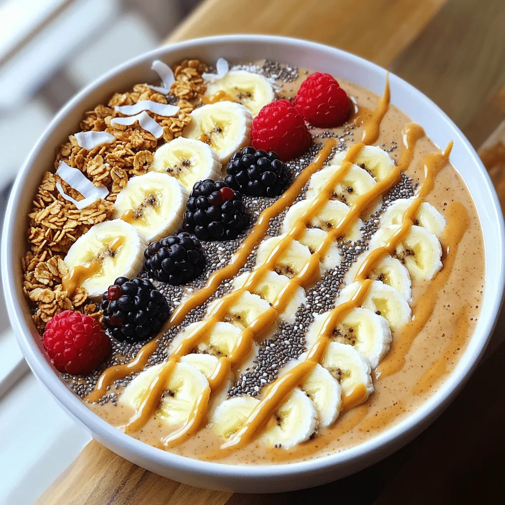 To make a tasty Peanut Butter Banana Smoothie Bowl, you need a few key items: - Frozen Bananas: Use 2 ripe bananas. Freeze them for a creamy base. - Almond Milk: One cup gives a nice, smooth texture. You can use any milk you like. - Natural Peanut Butter: Three tablespoons add rich flavor and protein. - Sweetener Options: Honey or maple syrup can sweeten the bowl. Use one tablespoon if you like it sweeter. - Flavor Enhancers: A bit of vanilla extract brightens the taste. Just use half a teaspoon. Toppings make your smoothie bowl even better. Here are some ideas: - Granola: Adds crunch and flavor. Sprinkle it on top. - Fresh Banana Slices: Use extra banana slices for a fresh taste. - Chia Seeds: These tiny seeds add nutrition and texture. - Shredded Coconut: A sprinkle of coconut gives your bowl a tropical vibe. - Fresh Berries: Add fresh berries for color and sweetness. They taste great, too! With these ingredients, your Peanut Butter Banana Smoothie Bowl will be both healthy and delicious. Enjoy creating your perfect bowl! Start by adding the frozen banana slices to your blender. Next, pour in one cup of almond milk. Add three tablespoons of natural peanut butter for that rich flavor. If you like it sweeter, include one tablespoon of honey or maple syrup. Finally, add half a teaspoon of vanilla extract for extra taste. This mix gives a great base for your smoothie bowl. Blend everything on high speed. You want it smooth and creamy. If you find it too thick, add a bit more almond milk. Stop the blender often to scrape the sides. This step makes sure all the ingredients mix well. Aim for a thick yet pourable texture. It should look inviting and delicious! Once blended, pour the smoothie into a bowl. Use a spatula to spread it evenly. This makes your bowl look nice and neat. A good spread helps with the toppings too. For a tasty touch, you can drizzle a bit of peanut butter over the top. This adds flavor and makes it look fancy. It’s a fun way to finish off your masterpiece! To make your smoothie bowl just right, start with the almond milk. Use one cup, but feel free to add more if needed. If your smoothie is too thick, pour in a little extra almond milk. Blend until smooth and creamy. If it gets stuck, stop and scrape the blender sides. This helps mix everything well. You want a thick yet pourable texture. It should be easy to spread in your bowl. The way you serve your smoothie bowl can make it even more fun! Choose a deep dish or a wide, shallow bowl. A colorful plate can really catch the eye. Once you pour the smoothie in, use a spatula to spread it evenly. This makes it look neat and pretty. For toppings, get creative! Arrange fresh banana slices nicely, sprinkle granola on top, and add chia seeds and shredded coconut. Don’t forget the fresh berries for color! For a special touch, drizzle a bit of peanut butter over everything. This makes your bowl look tasty and inviting. {{image_4}} You can change the milk in your smoothie bowl. This gives you new flavors and textures. - Coconut Milk: This milk adds a rich, creamy taste. It makes the bowl tropical. Use it in place of almond milk for a sweet twist. - Oat Milk: This milk is a great choice for a nut-free option. It has a mild flavor that blends well. It keeps the smoothie bowl smooth and light. You can make your smoothie bowl even more exciting by adding new ingredients. - Adding Spinach or Kale: Want some greens? Add a handful of spinach or kale. They blend in well. You won’t even taste them! They boost the nutrition without changing the flavor. - Incorporating Protein Powder: Need more protein? Add a scoop of protein powder. It makes the bowl more filling. Choose a flavor you like, such as vanilla or chocolate. It adds a nice touch to the smoothie bowl. These variations help you craft a perfect peanut butter banana smoothie bowl that suits your taste and needs! - Total Calories per Serving: Each serving of this peanut butter banana smoothie bowl has about 350 calories. - Macronutrient Composition: You get around 15 grams of protein, 12 grams of fat, and 50 grams of carbs per serving. - Nutritional Value of Ingredients: This smoothie bowl is rich in vitamins and minerals. Bananas provide potassium and vitamin C. Peanut butter adds protein and healthy fats. Almond milk is low in calories and often fortified with nutrients like calcium. - Advantages of Peanut Butter and Bananas: Peanut butter offers heart-healthy fats and keeps you full. Bananas give you quick energy and help with digestion. Together, they make a great snack for athletes and anyone needing a boost. Yes, you can make this smoothie bowl without bananas. If you need a substitute, try using frozen mango or avocado. Both add creaminess and a different flavor. You can also use silken tofu for a smooth texture. Just blend these alternatives with almond milk and peanut butter for a tasty mix. To store leftover smoothie bowl, pour it into a sealed container. Keep it in the fridge for up to 24 hours. If it thickens, add a splash of almond milk before eating. Stir well to mix. It is best to enjoy it fresh, but this method works for quick snacks. Get creative with toppings! Here are some fun ideas: - Granola for crunch - Fresh banana slices for extra sweetness - Chia seeds for added texture - Shredded coconut for a tropical touch - Fresh berries for color and flavor Mix and match your favorites for a unique bowl each time! This blog post covered how to make a delicious peanut butter banana smoothie bowl. We explored key ingredients, from frozen bananas to almond milk, and highlighted fun toppings. You learned step-by-step instructions for perfecting your smoothie base and serving it up nicely. In closing, remember that you can always customize this bowl. Experiment with flavors and toppings to make it your own. Enjoy this healthy treat and share it with friends!