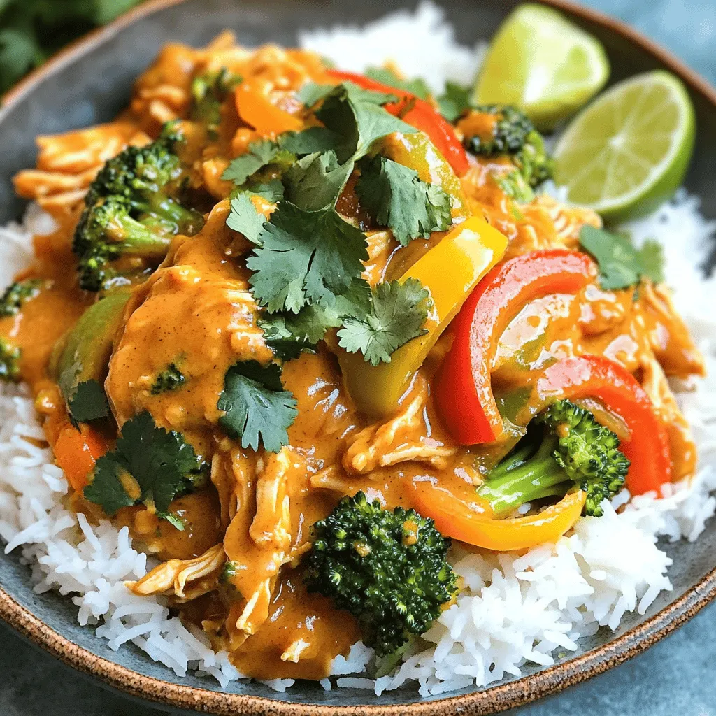 - 2 pounds boneless, skinless chicken thighs - 1 cup full-fat coconut milk - 1/2 cup creamy natural peanut butter - 1/4 cup soy sauce - 2 tablespoons honey or maple syrup - 2 tablespoons red curry paste - 1 tablespoon minced garlic - 1 tablespoon freshly grated ginger - 1 bell pepper, thinly sliced - 1 cup broccoli florets - Salt and freshly ground black pepper - Garnishes: chopped fresh cilantro and lime wedges The main ingredients create a rich sauce. The chicken thighs stay moist and tender. The coconut milk adds creaminess. Peanut butter gives a nutty taste. Soy sauce adds depth to the flavor. Honey or maple syrup adds sweetness. Red curry paste brings heat and spice. Garlic and ginger create a fragrant base. The vegetables add color and crunch. Bell peppers are sweet and crisp. Broccoli adds nutrition and texture. Salt and pepper enhance all the flavors. Garnishes like cilantro and lime add freshness. They brighten the dish and make it appealing. Each component works together for a delightful meal. To start, gather your ingredients. In a medium bowl, mix the coconut milk, peanut butter, soy sauce, honey, red curry paste, minced garlic, and ginger. Use a whisk to blend everything well. This ensures a smooth sauce. It should be creamy and well-mixed. Now, it's time for the slow cooker. Place the chicken thighs at the bottom. Season them with salt and black pepper. Pour the peanut sauce over the chicken. Make sure every piece is coated. Next, layer the sliced bell pepper and broccoli on top. This adds color and crunch to your meal. Cover the slow cooker. Cook on low for 6-8 hours or high for 4-5 hours. The chicken should become tender and easy to shred. After cooking, use two forks to shred the chicken right in the sauce. Stir to mix everything together. Taste the dish and adjust seasoning if needed. If you like more heat, add extra red curry paste for a spicy kick. - Choosing the right chicken cuts I prefer boneless, skinless chicken thighs. They stay juicy and tender. Chicken breasts can dry out too fast. Thighs absorb flavors better. - Importance of seasoning Season your chicken well. Use salt and pepper before adding sauce. This boosts the overall flavor. Don't skip this step, as it makes a big difference. - Adding extra spices Feel free to experiment with spices. A dash of cayenne adds heat. You can also try paprika for a smokier taste. Just remember to start small and taste as you go. - Cooking time adjustments for desired tenderness Cook on low for 6-8 hours for super tender chicken. If short on time, use high for 4-5 hours. The longer you cook, the easier the chicken shreds. - Best sides to pair with Thai Peanut Chicken Serve over jasmine rice or quinoa. Both soak up the sauce well. Steamed veggies are great too. They add color and balance to the meal. - Garnishing for appeal Fresh cilantro brightens the dish. Add a lime wedge for a zesty twist. These little touches make your meal look and taste amazing. {{image_4}} You can easily make this dish gluten-free. Just use tamari instead of soy sauce. Tamari has a similar taste but contains no gluten. This swap keeps the meal delicious while catering to gluten-free diets. Want to switch things up? You can use tofu or shrimp instead of chicken. For tofu, choose firm or extra-firm for the best texture. Cut it into cubes and follow the same steps. For shrimp, add them in the last 30 minutes of cooking to keep them tender. You can adjust the spice levels to fit your taste. If you like it spicy, add more red curry paste. For milder flavor, reduce the paste. You can also add more veggies. Try snap peas, carrots, or mushrooms to enhance the dish. Mixing in different vegetables adds color and nutrition. To store leftovers safely, let the dish cool first. Transfer it to an airtight container. Place it in the fridge within two hours of cooking. This keeps your Thai peanut chicken fresh and delicious. Consume it within three to four days for the best taste. For freezing, use a freezer-safe container. Make sure to leave some space at the top. This lets the dish expand as it freezes. You can freeze it for up to three months. When you're ready to eat, thaw it in the fridge overnight. Reheat it gently on the stove or in the microwave until hot. In the fridge, your Slow Cooker Thai Peanut Chicken lasts about three to four days. If frozen, it keeps well for up to three months. Always check for signs of spoilage before eating. If it looks or smells off, it’s best to toss it. Yes, you can prepare this dish ahead of time. You can mix the sauce and store it in the fridge. You can also slice the vegetables and season the chicken. Just combine everything in the slow cooker before cooking. This makes dinner easy on busy days. If you need a substitute for coconut milk, try using almond milk or soy milk. You can also use a mix of milk and a little peanut butter for creaminess. These options will change the flavor a bit but will still taste good. The spice level depends on the red curry paste you use. Generally, it has a mild to medium heat. If you prefer it spicier, you can add more red curry paste. You can also serve it with chili flakes for extra heat. Yes, you can cook Thai Peanut Chicken on the stovetop. Start by browning the chicken in a pot. Then, add the sauce and vegetables. Let it simmer on low heat for about 30 minutes. This method cooks the chicken faster while keeping it tender. This article explored how to make a delicious Slow Cooker Thai Peanut Chicken. We covered the main ingredients, step-by-step cooking instructions, and useful tips. I shared options for variations and storage advice, so you can enjoy this dish anytime. In summary, this meal is easy to prepare and full of flavor. Try experimenting with different proteins or spice levels. It’s a great way to impress friends and family without much effort. Enjoy cooking!