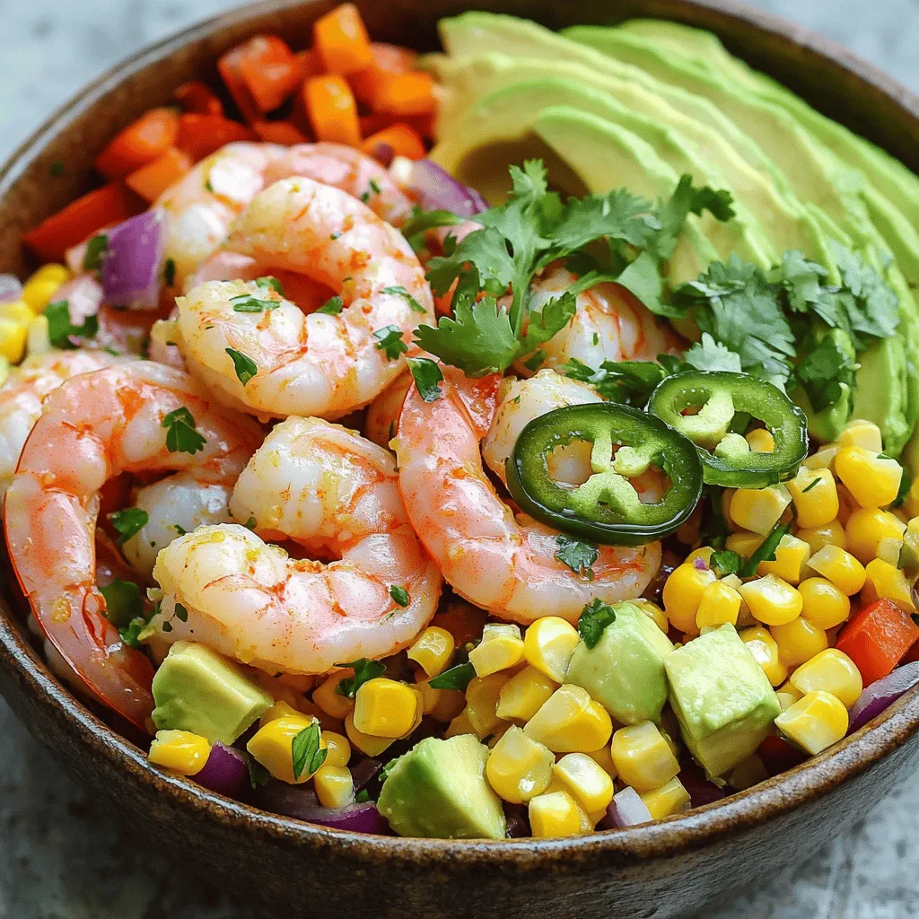 - 1 lb large shrimp, peeled and deveined - 2 tablespoons olive oil - 1 teaspoon chili powder - 1 teaspoon smoked paprika - 1 teaspoon garlic powder - Juice of 2 limes, freshly squeezed - Salt and freshly ground black pepper, to taste - 2 ripe avocados, diced into bite-sized pieces - 1 cup sweet corn (freshly cooked or thawed if frozen) - 1 red bell pepper, finely diced - 1/2 red onion, finely chopped - 1/4 cup fresh cilantro, roughly chopped - 1 jalapeño, finely chopped (optional, for added heat) Gathering these ingredients is your first step to a delicious salad. The shrimp gives a great protein boost. The spices and lime juice add a punch of flavor. Avocados make the salad creamy, while corn adds sweetness. Fresh veggies bring a crisp texture. Don't skip the cilantro, as it brightens every bite. If you like heat, add jalapeño for a spicy kick. This mix of flavors and textures makes the salad fun to eat. You will love how each ingredient plays a role in this dish. You can use fresh corn or frozen; both work well. The lime juice keeps everything fresh and zesty. Prepare to enjoy a delightful and healthy meal! In a medium bowl, whisk together: - 2 tablespoons olive oil - 1 teaspoon chili powder - 1 teaspoon smoked paprika - 1 teaspoon garlic powder - Juice from 2 limes - Salt and black pepper to taste Add 1 pound of peeled and deveined shrimp to the bowl. Mix well to coat the shrimp in the marinade. Cover the bowl and refrigerate for 15 to 20 minutes. This step allows the shrimp to soak up all the tasty flavors. Heat a non-stick skillet over medium-high heat. Once hot, add the marinated shrimp in a single layer. Cook for 2 to 3 minutes on each side. The shrimp should turn pink and opaque. Remove the cooked shrimp from the skillet and transfer them to a plate. Let them cool slightly while you prepare the salad. In a large bowl, combine: - 2 ripe avocados, diced - 1 cup sweet corn (freshly cooked or thawed if frozen) - 1 red bell pepper, finely diced - 1/2 red onion, finely chopped - 1/4 cup fresh cilantro, roughly chopped - 1 jalapeño, finely chopped (optional) Gently toss all the ingredients together. Be careful not to mash the avocados while mixing. Once the shrimp have cooled to room temperature, add them to the salad mixture. Pour any remaining marinade from the shrimp over the top. Toss everything together gently yet thoroughly. Ensure all ingredients are evenly mixed, and the avocados stay intact. Taste the salad and adjust the seasoning as needed. You can add more lime juice, salt, or pepper based on your preference. Serve immediately in bowls or on a platter. For a nice touch, garnish with extra cilantro if desired. - Ideal cooking time for perfect shrimp: Cook shrimp for 2-3 minutes on each side. They should turn pink and opaque. This shows they are done. - How to prevent overcooking: Remove shrimp from heat as soon as they change color. Overcooked shrimp become rubbery and tough. - Tips for selecting ripe avocados: Look for avocados that yield to gentle pressure. If they feel hard, they aren’t ripe yet. Ripe avocados should be dark green and smooth. - How to choose fresh corn: Choose corn with bright green husks. The silks on top should be moist and golden. Fresh corn has a sweet smell and firm kernels. - Suggestions for additional spices: You can add cumin for earthiness or paprika for more smoke. A pinch of cayenne can boost heat without being overwhelming. - Options for a spicier kick: Add diced jalapeños or a splash of hot sauce. You can also try chili flakes for an extra zing. {{image_4}} You can easily change the protein in this salad. If you want to use chicken, simply grill or sauté it with the same spices. Cut the chicken into bite-sized pieces and mix it in. Tofu is another great option. Press it to remove water, then cube and cook it in the same marinade. Other seafood, like scallops or fish, also work well. Just adjust the cooking time based on the protein you choose. Making this salad gluten-free is easy since it doesn't have any gluten ingredients. For a vegan option, swap the shrimp for chickpeas or black beans. These will add protein and texture. If you want a low-carb version, skip the corn or use cauliflower rice instead. This keeps the salad light but still full of flavor. Seasonal changes can make this salad even better. In summer, add fresh tomatoes or cucumbers for a refreshing twist. In fall, try roasted butternut squash instead of corn. You can also use seasonal herbs like basil or parsley. These tweaks keep the salad fresh and exciting all year round. To keep your Chili Lime Shrimp & Corn Avocado Salad fresh, store leftovers properly. Use an airtight container to prevent air from getting in. This helps keep the salad crisp and tasty. Place it in the fridge right away. The salad will stay good for about 2 days. After that, the avocados might brown and the corn may lose its crunch. You can freeze the shrimp but not the whole salad. The avocados and corn do not freeze well. To freeze shrimp, place them in a freezer bag. Remove all air before sealing. The shrimp can last up to 3 months in the freezer. When you are ready to eat, thaw the shrimp in the fridge overnight. After thawing, you can add them to fresh salad ingredients for a delicious meal. Yes, you can prep some parts early. You can marinate the shrimp a few hours in advance. Just keep it in the fridge until you're ready to cook. You can also chop the veggies and store them in an airtight container. This keeps them fresh and ready to mix when it’s time to serve. If you don’t have lime juice, you can use lemon juice. It adds a nice tang too. Another option is to use vinegar, like apple cider vinegar, for a different taste. Just remember, each choice will change the flavor a bit. Marinate the shrimp for 15 to 20 minutes. This time lets the shrimp soak up the flavors well. If you marinate too long, the acid from the lime can make the shrimp tough. So, stick to this time frame for best results. Yes, this salad works great for meal prep. You can prepare the shrimp and store it in the fridge for up to two days. Keep the salad base separate until you are ready to eat. This keeps the ingredients fresh and crunchy. Just mix it all together when you're ready to enjoy your meal! This blog covered how to make a delicious shrimp salad. You learned about ingredients and step-by-step instructions for marinating and cooking shrimp. I shared tips for choosing fresh produce and enhancing flavors. You also explored variations to suit different diets and seasons. Finally, we discussed safe storage practices to keep your salad fresh. Now, you can easily create this tasty dish at home. Enjoy experimenting with flavors and making it your own!