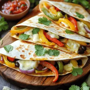 - Fresh Vegetables Required - 1 red bell pepper, sliced into thin strips - 1 yellow bell pepper, sliced into thin strips - 1 green bell pepper, sliced into thin strips - 1 medium red onion, sliced into thin strips - Seasoning and Oils - 2 tablespoons extra virgin olive oil - 1 teaspoon chili powder - 1 teaspoon ground cumin - 1/2 teaspoon garlic powder - Salt and black pepper to taste - Other Essential Ingredients - 8 whole wheat tortillas - 2 cups shredded mozzarella cheese (or cheese of your choice) - 1 cup canned black beans, rinsed and drained - Fresh cilantro leaves for garnish These ingredients create a colorful medley that packs the quesadillas with flavor. The fresh vegetables bring crunch and sweetness, while the spices add warmth. Whole wheat tortillas hold everything together, making this dish both healthy and hearty. Shredded cheese melts beautifully, providing the gooey texture we all love. Finally, black beans boost protein, making this meal satisfying. Remember, you can always adjust the veggies and spices based on what you like! Preheating the Oven Start by setting your oven to 400°F (200°C). This heat helps roast the veggies and makes them sweet. Roasting the Vegetables On a large baking sheet, spread out the sliced bell peppers and red onion. - Use: - 1 red bell pepper - 1 yellow bell pepper - 1 green bell pepper - 1 medium red onion - Drizzle 2 tablespoons of extra virgin olive oil over the veggies. - Sprinkle with: - 1 teaspoon chili powder - 1 teaspoon ground cumin - 1/2 teaspoon garlic powder - Salt and black pepper to taste - Toss everything well to coat. Roast in the oven for 20 minutes. Stir halfway to get even cooking. Assembling the Quesadillas After roasting, let the veggies cool for about 5 minutes. On a clean surface, lay out four tortillas. - Add the roasted veggies, 1 cup of rinsed black beans, and 2 cups of shredded mozzarella cheese to each tortilla. - Place the other four tortillas on top. Press gently to hold the filling inside. Final Baking Process Put the assembled quesadillas back on the baking sheet. Bake for 10-12 minutes. The tortillas should turn golden and crispy, and the cheese will melt. After baking, take them out and let them cool for a few minutes before slicing. Achieving the Right Crispy Texture To get that perfect crispy texture, use whole wheat tortillas. They hold up well and add a nice bite. Make sure to bake them at 400°F (200°C). This high heat helps crisp the tortillas without burning. After baking, let them cool for a few minutes before slicing. This cooling time helps keep them crispy. Choosing the Best Cheese Mozzarella cheese is a great choice because it melts beautifully. You can also try cheddar or pepper jack for a bolder taste. Mixing cheeses can add a fun twist. Just remember to shred the cheese for even melting. A good rule is to use about 1/2 cup of cheese per quesadilla. Flavor Enhancements and Pairings You can boost the flavor of your quesadillas with fresh herbs. Cilantro works well, but you can also try basil or parsley. Adding a squeeze of lime juice brightens the dish. Serve with salsa or creamy guacamole for dipping. These pairings enhance the taste and make your meal even more enjoyable. {{image_4}} You can use different cheeses in this recipe. Try sharp cheddar or pepper jack for a kick. Vegan cheese works well too. Just choose what you love best. Want to make it heartier? Add proteins like chicken, beef, or shrimp. Cook them separately before adding to the quesadillas. Canned beans like pinto or kidney are also great for added protein. Feel free to mix in your favorite veggies. Zucchini, mushrooms, or corn add great flavor. You can also try different spices. Paprika or taco seasoning gives a nice twist. Get creative and make it your own! Best Practices for Refrigeration After you enjoy your sheet pan fajita veggie quesadillas, let them cool. Wrap each quesadilla in plastic wrap or foil. Place them in an airtight container. Store in the fridge for up to three days. This keeps the flavors fresh and the texture nice. Freezing Instructions To freeze your leftovers, wrap the quesadillas tightly in plastic wrap. Then, place them in a freezer-safe bag or container. Make sure to remove as much air as possible. You can freeze them for up to three months. When you're ready to enjoy them, just thaw in the fridge overnight. Reheating Tips for Optimal Taste and Texture To reheat, use an oven or a skillet for the best results. Preheat your oven to 350°F (175°C). Place the quesadillas on a baking sheet. Heat them for about 10-15 minutes, or until warm. If using a skillet, heat it over medium heat. Cook each quesadilla for about 3-4 minutes on each side, until crispy and hot. Enjoy every bite just like when they were fresh! Yes, you can make these quesadillas ahead of time. Prepare the roasted veggies and fill the tortillas. Store them in the fridge for up to 24 hours. When ready, bake them. This saves time for busy days. Whole wheat tortillas work best in this recipe. They hold up well and add a nutty flavor. You can also use corn tortillas for a gluten-free option. Just ensure they are sturdy enough to hold the fillings. To customize spice, adjust the chili powder in the recipe. Use less for a milder taste or add more for heat. You can also add sliced jalapeños or a dash of hot sauce. This way, you control the flavor to suit your taste. In this post, we explored how to make great quesadillas. We covered fresh vegetables, seasonings, and essential ingredients. You learned step-by-step instructions from prep to baking. I shared tips for the perfect crispy texture and tasty pairings. We also discussed variations with different cheeses and proteins. Finally, I provided storage tips to keep your quesadillas fresh. Enjoy experimenting with your quesadillas for fun meals ahead!