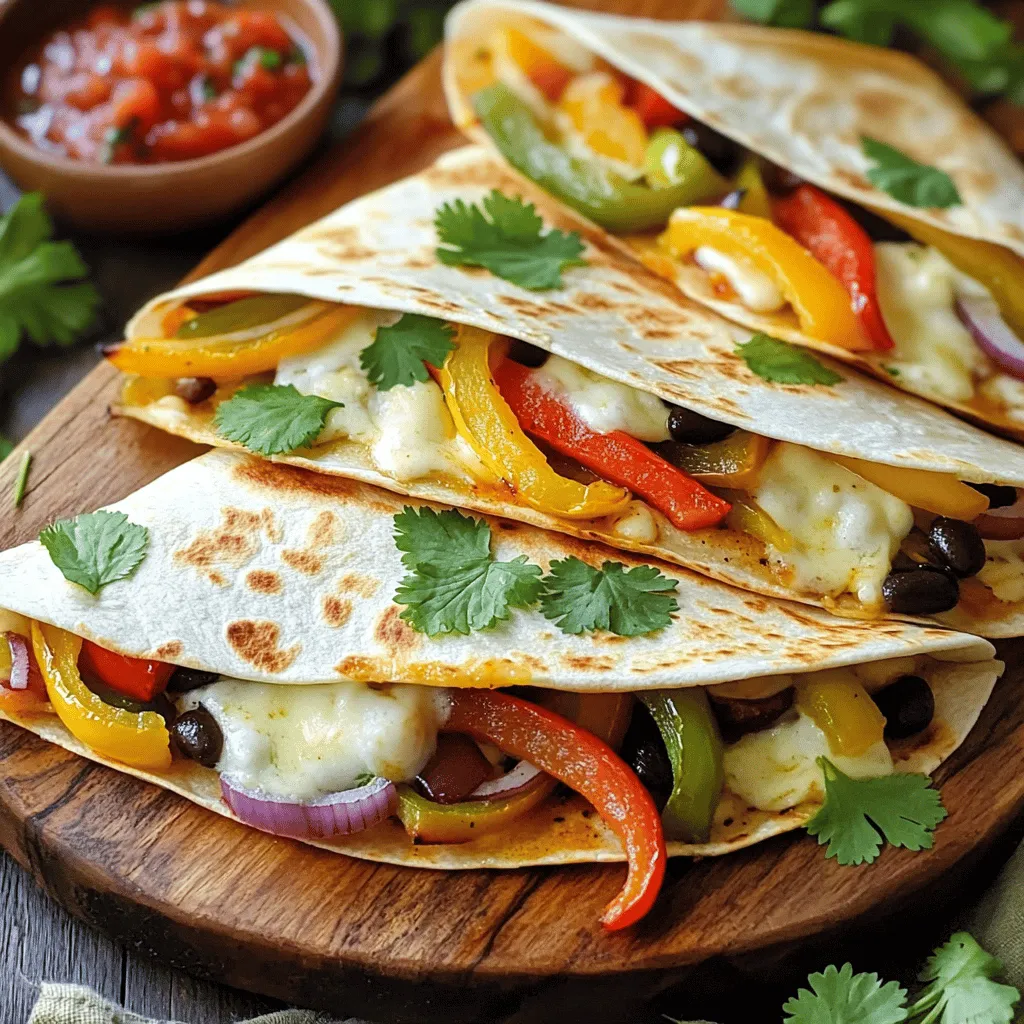 - Fresh Vegetables Required - 1 red bell pepper, sliced into thin strips - 1 yellow bell pepper, sliced into thin strips - 1 green bell pepper, sliced into thin strips - 1 medium red onion, sliced into thin strips - Seasoning and Oils - 2 tablespoons extra virgin olive oil - 1 teaspoon chili powder - 1 teaspoon ground cumin - 1/2 teaspoon garlic powder - Salt and black pepper to taste - Other Essential Ingredients - 8 whole wheat tortillas - 2 cups shredded mozzarella cheese (or cheese of your choice) - 1 cup canned black beans, rinsed and drained - Fresh cilantro leaves for garnish These ingredients create a colorful medley that packs the quesadillas with flavor. The fresh vegetables bring crunch and sweetness, while the spices add warmth. Whole wheat tortillas hold everything together, making this dish both healthy and hearty. Shredded cheese melts beautifully, providing the gooey texture we all love. Finally, black beans boost protein, making this meal satisfying. Remember, you can always adjust the veggies and spices based on what you like! Preheating the Oven Start by setting your oven to 400°F (200°C). This heat helps roast the veggies and makes them sweet. Roasting the Vegetables On a large baking sheet, spread out the sliced bell peppers and red onion. - Use: - 1 red bell pepper - 1 yellow bell pepper - 1 green bell pepper - 1 medium red onion - Drizzle 2 tablespoons of extra virgin olive oil over the veggies. - Sprinkle with: - 1 teaspoon chili powder - 1 teaspoon ground cumin - 1/2 teaspoon garlic powder - Salt and black pepper to taste - Toss everything well to coat. Roast in the oven for 20 minutes. Stir halfway to get even cooking. Assembling the Quesadillas After roasting, let the veggies cool for about 5 minutes. On a clean surface, lay out four tortillas. - Add the roasted veggies, 1 cup of rinsed black beans, and 2 cups of shredded mozzarella cheese to each tortilla. - Place the other four tortillas on top. Press gently to hold the filling inside. Final Baking Process Put the assembled quesadillas back on the baking sheet. Bake for 10-12 minutes. The tortillas should turn golden and crispy, and the cheese will melt. After baking, take them out and let them cool for a few minutes before slicing. Achieving the Right Crispy Texture To get that perfect crispy texture, use whole wheat tortillas. They hold up well and add a nice bite. Make sure to bake them at 400°F (200°C). This high heat helps crisp the tortillas without burning. After baking, let them cool for a few minutes before slicing. This cooling time helps keep them crispy. Choosing the Best Cheese Mozzarella cheese is a great choice because it melts beautifully. You can also try cheddar or pepper jack for a bolder taste. Mixing cheeses can add a fun twist. Just remember to shred the cheese for even melting. A good rule is to use about 1/2 cup of cheese per quesadilla. Flavor Enhancements and Pairings You can boost the flavor of your quesadillas with fresh herbs. Cilantro works well, but you can also try basil or parsley. Adding a squeeze of lime juice brightens the dish. Serve with salsa or creamy guacamole for dipping. These pairings enhance the taste and make your meal even more enjoyable. {{image_4}} You can use different cheeses in this recipe. Try sharp cheddar or pepper jack for a kick. Vegan cheese works well too. Just choose what you love best. Want to make it heartier? Add proteins like chicken, beef, or shrimp. Cook them separately before adding to the quesadillas. Canned beans like pinto or kidney are also great for added protein. Feel free to mix in your favorite veggies. Zucchini, mushrooms, or corn add great flavor. You can also try different spices. Paprika or taco seasoning gives a nice twist. Get creative and make it your own! Best Practices for Refrigeration After you enjoy your sheet pan fajita veggie quesadillas, let them cool. Wrap each quesadilla in plastic wrap or foil. Place them in an airtight container. Store in the fridge for up to three days. This keeps the flavors fresh and the texture nice. Freezing Instructions To freeze your leftovers, wrap the quesadillas tightly in plastic wrap. Then, place them in a freezer-safe bag or container. Make sure to remove as much air as possible. You can freeze them for up to three months. When you're ready to enjoy them, just thaw in the fridge overnight. Reheating Tips for Optimal Taste and Texture To reheat, use an oven or a skillet for the best results. Preheat your oven to 350°F (175°C). Place the quesadillas on a baking sheet. Heat them for about 10-15 minutes, or until warm. If using a skillet, heat it over medium heat. Cook each quesadilla for about 3-4 minutes on each side, until crispy and hot. Enjoy every bite just like when they were fresh! Yes, you can make these quesadillas ahead of time. Prepare the roasted veggies and fill the tortillas. Store them in the fridge for up to 24 hours. When ready, bake them. This saves time for busy days. Whole wheat tortillas work best in this recipe. They hold up well and add a nutty flavor. You can also use corn tortillas for a gluten-free option. Just ensure they are sturdy enough to hold the fillings. To customize spice, adjust the chili powder in the recipe. Use less for a milder taste or add more for heat. You can also add sliced jalapeños or a dash of hot sauce. This way, you control the flavor to suit your taste. In this post, we explored how to make great quesadillas. We covered fresh vegetables, seasonings, and essential ingredients. You learned step-by-step instructions from prep to baking. I shared tips for the perfect crispy texture and tasty pairings. We also discussed variations with different cheeses and proteins. Finally, I provided storage tips to keep your quesadillas fresh. Enjoy experimenting with your quesadillas for fun meals ahead!
