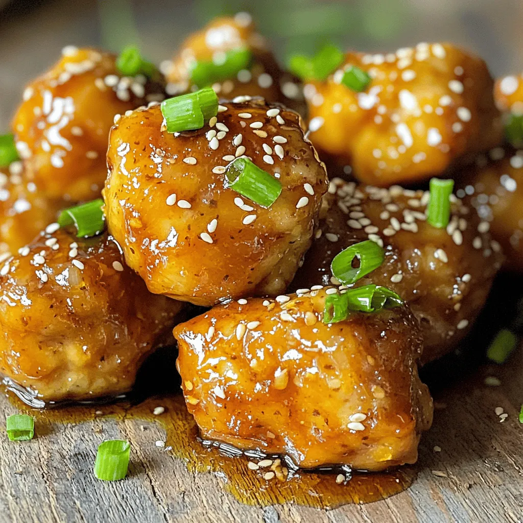 To make these tasty bites, you need: - 1 lb (450g) boneless, skinless chicken breasts, cut into bite-sized pieces - 1/2 cup honey - 1/4 cup low-sodium soy sauce - 3 cloves garlic, finely minced - 1 tablespoon fresh ginger, freshly grated - 2 tablespoons cornstarch - 2 tablespoons extra virgin olive oil - Salt and black pepper to taste These ingredients blend to create a sweet and savory flavor. The chicken bites soak in the honey and soy sauce. This makes them juicy and full of taste. For a beautiful finish, consider these garnishes: - Sesame seeds - Fresh green onions, finely chopped These add a nice crunch and fresh taste. They also make the dish look more appealing. You will need a few basic tools: - A large mixing bowl - A whisk - A large skillet - A spatula These tools help you mix, cook, and serve the chicken bites with ease. Having them ready makes cooking more fun! To make the marinade, grab a large mixing bowl. Add 1/2 cup of honey, 1/4 cup of low-sodium soy sauce, and 3 finely minced garlic cloves. Next, add 1 tablespoon of freshly grated ginger. Finally, include 2 tablespoons of cornstarch. Whisk it all together until you have a smooth mix. This blend will give your chicken a sweet and savory kick. Now, it’s time for the chicken. Take 1 pound of bite-sized boneless, skinless chicken breasts and place them in the bowl with the marinade. Make sure each piece is coated well. Cover the bowl with plastic wrap. Let it marinate in the fridge for at least 30 minutes. If you have more time, marinate for up to 2 hours. This step really helps the chicken soak up those great flavors. Get a large skillet and heat 2 tablespoons of extra virgin olive oil over medium-high heat. Once the oil shimmers, add the marinated chicken pieces. Keep the leftover marinade aside for later. Cook the chicken for about 5 to 7 minutes. Turn the pieces occasionally until they turn golden brown and are cooked through. After that, pour the reserved marinade into the skillet. Lower the heat and let it simmer for 3 to 4 minutes. This thickens the sauce. Taste it, and add salt and black pepper as needed. Once done, remove from heat and let it rest for a minute. Transfer the chicken bites to a serving platter. Drizzle any sauce left in the skillet over them. Finish by sprinkling sesame seeds and chopped green onions on top. Enjoy your honey garlic chicken bites! To cook your chicken bites well, use medium-high heat. This heat gives a nice sear. Sear the chicken for about 5-7 minutes. Turn them often to ensure even cooking. Look for a golden-brown color. This means they are ready. For extra flavor, add a dash of chili flakes to the marinade. You can also mix in some lime juice for a zesty taste. Fresh herbs like cilantro or parsley can brighten the dish. Try using sesame oil instead of olive oil for a nutty flavor. One common mistake is skipping the marinating step. Marinating adds great flavor, so don't rush it. Another mistake is overcrowding the pan. This can steam the chicken instead of browning it. Cook in batches if needed. Lastly, don’t forget to taste before serving. Adjust the salt and pepper to suit your taste. {{image_4}} You can add vegetables to your honey garlic chicken bites. Broccoli and bell peppers work well. Cut them into small pieces. Mix them in with the chicken during the last few minutes of cooking. This adds color and crunch to the dish. You get a healthy boost with each bite! For a spicy version, you can add red pepper flakes. Start with just a pinch and taste. If you want more heat, add more flakes. You can also mix in some sriracha to the marinade for extra spice. This gives your dish a flavorful kick. It's perfect for those who like a bit of heat! You can change the protein if you want. Try using shrimp or tofu instead of chicken. Both options absorb the sweet and savory flavors well. Just remember to adjust the cooking time. Shrimp cooks faster, while tofu may need a bit longer to brown. This way, you can enjoy honey garlic bites in new ways! Store leftover honey garlic chicken bites in an airtight container. This keeps them fresh longer. Place them in the fridge for up to three days. When ready to eat, check for any odd smells or textures. You can freeze these chicken bites for later use. Allow the bites to cool completely first. Then, spread them on a baking sheet and freeze for one hour. After they are firm, transfer them to a freezer bag. They can stay frozen for up to three months. To reheat, take the chicken bites out of the fridge or freezer. If frozen, let them thaw overnight in the fridge. For best results, use a skillet over medium heat. Add a splash of water or broth to keep them moist. Heat until warm, stirring often, for about 5-7 minutes. Enjoy your tasty bites! For the best flavor, marinate the chicken for at least 30 minutes. If you have more time, let it sit for up to 2 hours. This allows the chicken to soak in the honey, soy sauce, garlic, and ginger. The longer it marinates, the more flavor it gains. Yes, you can use chicken thighs. They are juicier and can add more flavor to the dish. Just make sure to cut them into bite-sized pieces like the breasts. This helps with even cooking and flavor absorption. Honey garlic chicken bites pair great with many sides. Here are a few ideas: - Steamed rice - Fried rice - Roasted vegetables - Asian-style coleslaw - Simple green salad These sides balance the sweet and savory taste of the chicken. Yes, this recipe is perfect for meal prep. You can make a big batch and store it in airtight containers. Keep it in the fridge for up to four days. Reheat it in a pan or microwave when you are ready to eat. It stays tasty and easy to enjoy all week. You’ve learned how to make delicious honey garlic chicken bites. We covered the main ingredients, garnishes, and tools needed. Step-by-step instructions helped you prepare, marinate, and cook the chicken. I shared tips for great flavor and common mistakes to avoid. You can even explore variations like adding veggies or spices. Now, you’re ready to impress friends with this tasty dish. Enjoy it fresh or stored for later. Happy cooking!