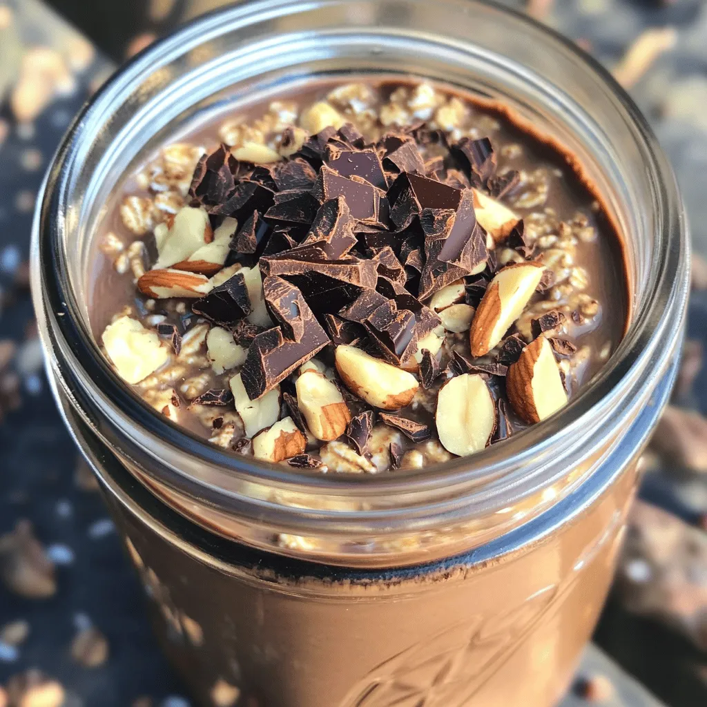 For this delicious breakfast, you will need: - 1 cup rolled oats - 2 cups unsweetened almond milk (or your preferred milk) - 1 tablespoon cocoa powder - 1 tablespoon instant coffee granules - 1 scoop chocolate or vanilla protein powder - 2 tablespoons maple syrup or honey - 1/2 teaspoon vanilla extract - A pinch of salt These main ingredients create a rich and creamy base. The oats soak up the milk and flavors overnight. The cocoa and coffee give it that mocha twist. You can add these for even more delight: - 1/4 cup Greek yogurt (for extra creaminess) - Dark chocolate shavings or chips (for an indulgent topping) - Chopped nuts or seeds (for a delightful crunch) Adding Greek yogurt makes the oats creamier. Toppings like dark chocolate and nuts add fun textures and flavors. Each serving has: - Calories: Approximately 250 - Protein: About 15 grams - Carbohydrates: Around 35 grams - Fiber: Roughly 5 grams - Sugar: About 8 grams (depending on your sweetener) These oats provide a balanced meal. They offer protein for energy and fiber for fullness. Enjoying them in the morning sets a great tone for your day! To start, grab a large mixing bowl. Add 1 cup of rolled oats and 2 cups of unsweetened almond milk. Stir well to soak all the oats. Next, add 1 tablespoon of cocoa powder and 1 tablespoon of instant coffee granules. These will give your oats that rich mocha flavor. Now, mix in 1 scoop of chocolate or vanilla protein powder. This adds a boost of protein. Then, pour in 2 tablespoons of maple syrup or honey for sweetness. If you like a touch of vanilla, add 1/2 teaspoon of vanilla extract. Don’t forget a pinch of salt to balance the flavors. If you want creamier oats, fold in 1/4 cup of Greek yogurt. Stir until everything is smooth and combined. Now, it’s time to portion out your mixture. Carefully divide the creamy blend into 4 mason jars or airtight containers. Make sure each jar has an equal amount for even flavor in each serving. Seal the jars tightly with their lids. Place them in the refrigerator to chill. Let the oats soak overnight for the best texture. If you’re short on time, 4 to 6 hours will also work. When you’re ready to enjoy your oats, take the jars out of the fridge. Give each jar a good stir to mix everything together. If the oats seem too thick, add a splash of milk to loosen them. For a delicious finish, top each serving with dark chocolate shavings or chips. You can also sprinkle chopped nuts or seeds for a nice crunch. Enjoy your mocha protein overnight oats as a quick breakfast or a tasty snack! To get the best creaminess in your mocha protein overnight oats, use rolled oats. They soak up the liquid well and create a nice texture. Adding Greek yogurt makes it even creamier. Just mix it in with the other ingredients for a smooth blend. If you find your oats too thick after soaking, add a splash of your favorite milk. Stir well to reach your desired consistency. Sweetness is key to a tasty breakfast. The base recipe calls for 2 tablespoons of maple syrup or honey. You can start with this amount, then taste and adjust. If you like it sweeter, add more syrup or honey a little at a time. If you want less sweetness, reduce it gradually. Remember, your taste buds guide the perfect level! Toppings can make your oats even better. Dark chocolate shavings or chips add a rich, sweet taste. Chopped nuts or seeds give a nice crunch and extra nutrients. You can also try fresh fruits like bananas or berries for a burst of flavor. A sprinkle of cinnamon can give it a warm touch, too. Experiment with your favorite toppings to make each serving unique! {{image_4}} You can add fun flavors to your mocha oats. Try a scoop of peanut butter for nutty goodness. Swap the cocoa powder for caramel sauce for a sweet twist. If you enjoy fruity flavors, add mashed banana or fresh berries. You can even include a dash of cinnamon for warmth. Each option brings a new taste and keeps breakfast exciting. Selecting the right protein powder can change the flavor. A chocolate protein powder enhances the mocha taste. If you prefer vanilla, it adds a gentle sweetness. For a more plant-based option, try pea protein or hemp protein. Each type of protein brings unique flavors and textures, letting you customize your oats. To make your mocha oats dairy-free, use almond milk or coconut milk. These milks keep the oats creamy and rich. For a vegan option, replace honey with maple syrup. If you want extra protein, skip the Greek yogurt and use silken tofu instead. This keeps your breakfast tasty and aligned with your dietary choices. Enjoy crafting a mocha protein overnight oats recipe that fits your needs! To keep your mocha protein overnight oats fresh, store them in airtight containers. Mason jars work great for this. Make sure to seal each jar tightly. Place them in the fridge right after making them. This helps the oats soak up the flavors. If you keep them sealed, they will stay tasty and creamy. If you want to save some for later, freezing is an option. Pour the oats into freezer-safe containers or bags. Leave some space at the top since the oats will expand when frozen. Label the containers with the date. When ready to eat, move them to the fridge to thaw overnight. This way, you can enjoy a quick breakfast anytime. These oats last for about five days in the fridge. After five days, the oats may lose their taste and texture. When reheating, you can warm them up in the microwave. Add a splash of almond milk to keep them creamy. Stir well to mix everything evenly. Enjoy your delicious mocha protein overnight oats any time you need a quick, energizing meal! Yes, you can use different oats. Rolled oats work best for this recipe. Steel-cut oats are chewier and take longer to soak. Instant oats are quick but may not give the best texture. Stick to rolled oats for a creamy and smooth result. Mocha Protein Overnight Oats last about 4 to 5 days in the fridge. Store them in airtight containers to keep them fresh. You can enjoy them all week, making mornings easy and delicious. Yes, you can make these oats without protein powder. Just skip it and add extra yogurt for creaminess. You can also increase the cocoa powder for a richer taste. Your oats will still be tasty and filling! Mocha Protein Overnight Oats are easy to make and tasty. We explored key ingredients, step-by-step instructions, and helpful tips. You can add your twist with flavor variations or toppings. Proper storage keeps them fresh for days. I hope you feel confident to try these oats for a quick breakfast or snack. Enjoy them any way you like!