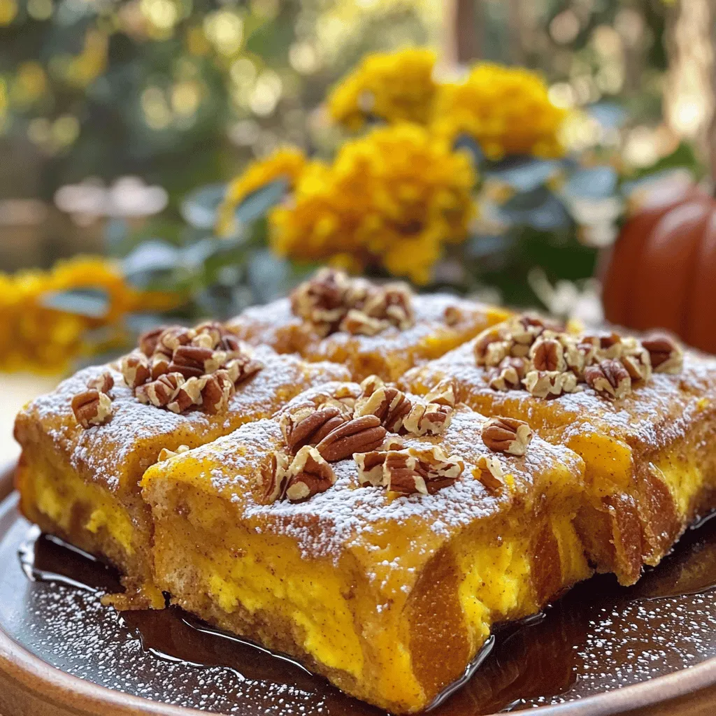 To make this delicious Pumpkin Spice French Toast Casserole, gather these key items: - 1 loaf of challah bread, cut into 1-inch cubes - 4 large eggs - 2 cups milk (or your choice of non-dairy alternative) - 1 cup canned pumpkin puree - 1/2 cup packed brown sugar - 1 teaspoon pure vanilla extract - 1 teaspoon ground cinnamon - 1/2 teaspoon ground nutmeg - 1/4 teaspoon ground ginger - 1/4 teaspoon fine sea salt - 1/2 cup chopped pecans (for optional crunch) These ingredients create a rich and flavorful base for the casserole. The bread absorbs the custard, while the spices give it that warm, cozy taste we love in fall. When serving, consider these tasty toppings to elevate your casserole: - Maple syrup for sweetness - Powdered sugar for a light dusting - Fresh fruit for brightness - Whipped cream for extra indulgence These toppings add fun flavors and textures. You can mix and match to fit your taste. If you prefer non-dairy options, here are some great choices: - Almond milk - Oat milk - Coconut milk - Soy milk Using these alternatives still gives you a creamy texture. They blend well with the pumpkin and spices, ensuring no flavor is lost. Start by preheating your oven to 350°F (175°C). Grab a 9x13-inch baking dish. Grease it well with butter or use non-stick spray. This step helps the casserole come out easily later. In a large bowl, crack open 4 large eggs. Whisk them until they are mixed well. Add 2 cups of milk, or a non-dairy choice if you prefer. Then, stir in 1 cup of canned pumpkin puree and 1/2 cup of brown sugar. Don’t forget 1 teaspoon of vanilla extract and your spices: 1 teaspoon of cinnamon, 1/2 teaspoon of nutmeg, 1/4 teaspoon of ginger, and a pinch of salt. Mix until it is smooth and creamy. Take your loaf of challah bread and cut it into 1-inch cubes. You want them to be bite-sized. Carefully fold the bread cubes into the custard mixture. Make sure each piece is coated well. This is how the bread soaks up all that yummy flavor. If you want a crunch, you can add 1/2 cup of chopped pecans. Now, transfer the mixture into your greased baking dish. Spread it out evenly. If you like, sprinkle a little more cinnamon on top for extra taste. Cover the dish tightly with aluminum foil. Bake it in the oven for 30 minutes. This helps it set. After 30 minutes, remove the foil. Bake for an additional 15 to 20 minutes. You want the top to be golden brown and the center firm. Once done, let it cool for a few minutes. Cut it into squares, serve warm, and drizzle with maple syrup. A dusting of powdered sugar adds a nice touch too! To make your casserole soft and fluffy, let the bread soak well. Allow it to sit in the custard for at least 30 minutes. This step helps the bread absorb the flavors. If you have time, cover and refrigerate it overnight. This makes the dish even better! I love using challah bread for its rich taste and soft texture. You can also try brioche or French bread. These breads soak up the custard well and create a great texture. Avoid using bread that is too dry, as it won’t absorb the mixture properly. You can prepare this casserole a day in advance. Just assemble it, cover it, and place it in the fridge. In the morning, bake it straight from the fridge. You may need to add a few extra minutes to the baking time. This way, you enjoy a warm breakfast without the morning rush! {{image_4}} You can enjoy this dish without nuts. Simply skip the pecans in the recipe. The casserole will still taste great. The creamy pumpkin mix and the soft bread bring enough flavor. If you want crunch, use crushed crackers or seeds instead of nuts. To make this casserole vegan, swap the eggs and milk for plant-based options. Use 1/4 cup of ground flaxseed mixed with 1/2 cup of water for the eggs. For milk, almond, soy, or oat milk works well. Replace brown sugar with coconut sugar for a similar taste. You’ll still get that pumpkin spice flavor everyone loves. Feel free to play with spices. If you like more heat, add a pinch of ground cloves or allspice. For a sweeter touch, try a dash of cardamom. Each mix gives a unique flavor to the dish. Just keep the main spices, like cinnamon and nutmeg, for that classic pumpkin taste. Experiment and find your favorite blend! After baking your Pumpkin Spice French Toast Casserole, let it cool completely. Then, cover it tightly with plastic wrap or foil. Store it in the fridge for up to three days. The flavors will get better as it sits. To freeze, slice the casserole into portions. Wrap each piece in plastic wrap and foil. Place them in a freezer-safe bag or container. The casserole can last in the freezer for up to two months. Just remember to label it with the date. When you’re ready to enjoy the casserole again, take it out of the fridge or freezer. For refrigerated slices, heat them in the oven at 350°F (175°C) for about 15-20 minutes. For frozen slices, thaw them overnight in the fridge first. Then follow the same heating method. You can also microwave individual pieces for quick reheating. Just cover them with a damp paper towel to keep them moist. Enjoy your warm, tasty treat! Yes, you can use many types of bread. Brioche or sourdough works great. Each bread type adds its unique taste. Just ensure it is sturdy enough to soak up the custard. Avoid soft white bread, as it may become too mushy. To make this dish gluten-free, use gluten-free bread. There are many good options at stores. Just check the label to ensure it is truly gluten-free. You can also use gluten-free flour in the custard mix. Absolutely! You can prepare it the night before. Just follow the steps and cover it tightly. Store it in the fridge overnight. In the morning, bake it straight from the fridge, adding a few extra minutes. Leftovers taste great warm or cold. You can reheat them in the oven or microwave. Drizzle some maple syrup on top for extra flavor. Add fresh fruit or whipped cream for a special touch. You now know how to make a tasty Pumpkin Spice French Toast Casserole. We covered the best ingredients and how to prepare them. You learned step-by-step how to bake and assemble, plus tips to improve your dish. Variations like nut-free and vegan options give you more choices. Storing and reheating are easy with the right methods. Enjoy this dish at any time, and make it your own!