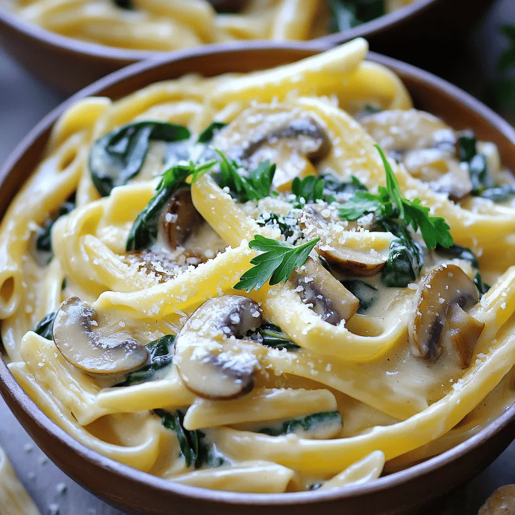 - 12 oz pasta (penne or fettuccine recommended) - 8 oz mushrooms (cremini or button) - 5 oz fresh spinach - 1 cup heavy cream or coconut cream - 1/2 cup grated Parmesan cheese or nutritional yeast - Salt, black pepper, and nutmeg - 2 tablespoons olive oil - 1 medium onion - 3 cloves garlic When you make creamy mushroom spinach pasta, the ingredients play a key role. First, choose your pasta. I love penne or fettuccine for this dish. They both hold sauce well. Next, focus on the mushrooms. You can use cremini or button mushrooms. Both add a rich flavor. The fresh spinach adds a pop of color and nutrition. It wilts down nicely in the sauce. For the sauce, you need heavy cream or coconut cream. This gives the dish its creaminess. If you prefer a vegan option, nutritional yeast can replace Parmesan cheese. It adds a cheesy flavor without dairy. Don’t forget the seasonings. Salt, black pepper, and a touch of nutmeg enhance the taste. Finally, aromatics are important. The olive oil helps cook the onion and garlic. They bring a warm, savory aroma to the dish. Use a medium onion and three cloves of garlic for the best flavor. Gather these ingredients, and you’re ready to create a delicious meal! - Start by boiling a large pot of salted water. - Add the pasta and cook until it is al dente. - Before draining, save 1 cup of the pasta water for later. - In a skillet, heat the olive oil over medium heat. - Add the chopped onion and cook until it is translucent, about 5 minutes. - Next, add the minced garlic and cook for another minute. - Add the sliced mushrooms to the skillet. Cook them until they turn golden, which takes about 5 to 7 minutes. - Toss in the fresh spinach and stir until it wilts, about 2 to 3 minutes. - Lower the heat and pour in the heavy cream. Stir well and let it simmer for 2 minutes. - If the sauce is too thick, mix in some reserved pasta water to adjust the consistency. - Finally, stir in the grated Parmesan cheese until it melts into the sauce. Season with salt, pepper, and nutmeg if you like. To make the cream sauce just right, you want it smooth and thick. Start by adding the cream slowly. Stir as you pour. If it gets too thick, add some reserved pasta water. This helps reach that perfect creamy consistency. Balancing flavors is key. Always taste your sauce. Add salt and black pepper to suit your liking. A touch of nutmeg brings warmth too. Just remember, a little goes a long way! Timing is crucial when cooking pasta. Follow the package instructions closely. You want it cooked until al dente, which means firm to the bite. To prevent overcooking, set a timer. Drain your pasta carefully but remember to save some pasta water! Reserving pasta water is a game-changer. It’s starchy and helps bind your sauce and pasta. When adding the sauce, mix in a bit of this water. It’ll help achieve that smooth, creamy texture. Serving your dish well can make it more appealing. Use warm bowls for your pasta. This keeps it hot longer and looks extra inviting. To garnish, sprinkle fresh parsley on top. It adds a pop of color and flavor. A drizzle of olive oil can enhance the dish even more. For a zesty finish, add lemon zest right before serving. This brightens the flavors beautifully! {{image_4}} To make this dish vegetarian, simply skip the cheese or use nutritional yeast. For a vegan version, swap heavy cream for coconut cream. You can also try almond milk or cashew cream for a lighter touch. Adding extra veggies can boost flavor and nutrition. Consider bell peppers, zucchini, or peas. These add color and taste without changing the creamy goodness. If you want to add protein, chicken, shrimp, or tofu works well. For chicken, use one pound of diced breast. Cook it until golden before adding mushrooms. For shrimp, add them when the mushrooms are almost done. Cook until they turn pink. For tofu, use firm tofu. Cube it and sauté until golden before adding other ingredients. Adjust cooking times based on the protein you choose. You can also make this dish in the oven. After combining the pasta and sauce, transfer it to a baking dish. Top with cheese and bake at 350°F for about 20 minutes. This gives a nice, crispy top! Another method is one-pot cooking. Sauté everything in a large pot, then add the pasta and sauce. This saves time and reduces cleanup. Just ensure you add enough liquid to cook the pasta. To keep your creamy mushroom spinach pasta fresh, store leftovers right away. Allow the dish to cool completely before placing it in the fridge. Use an airtight container for the best results. Make sure to consume it within 3-4 days for the best flavor and safety. When you're ready to enjoy your pasta again, gently reheat it. Place the leftovers in a skillet over low heat. Add a splash of water or cream to keep it moist. Stir often, so it warms evenly. This method helps prevent the dish from drying out. You can also use the microwave, but cover it to keep moisture in. If you want to save your creamy mushroom spinach pasta for later, freezing is a great choice. First, let the dish cool down completely. Then, transfer it to a freezer-safe container. Make sure to leave some space at the top for expansion. It can last up to 2-3 months in the freezer. When you're ready to eat, thaw it in the fridge overnight before reheating. This keeps the flavors intact and the texture just right. Yes, you can use many types of pasta in this dish. Some great alternatives are: - Spaghetti - Fusilli - Rigatoni - Whole wheat pasta Each type will bring a different texture. Pick one that you enjoy most. Just make sure to cook it according to the package instructions. There are several options if you want to skip heavy cream. Here are some good choices: - Coconut cream for a dairy-free option - Cashew cream for a rich, nutty taste - Greek yogurt for a thicker, tangy flavor - Almond milk with a bit of flour to thicken These options will keep your dish creamy and delicious. To make this recipe gluten-free, use gluten-free pasta. You can find many types at the store. Here are a few tips: - Cook the gluten-free pasta according to package directions. - Keep an eye on the cooking time, as it can vary. - Use gluten-free flour if you need to thicken the sauce. With these adjustments, you can enjoy this creamy mushroom spinach pasta without gluten. In this blog post, I've detailed how to make a creamy pasta dish with fresh ingredients. You learned about the main ingredients, the steps for cooking, and tips for perfecting the sauce. We covered variations to suit different diets and how to store leftovers. It’s all about making your meal enjoyable and stress-free. Try these tips next time you cook. Enjoy your pasta creation and make it your own!