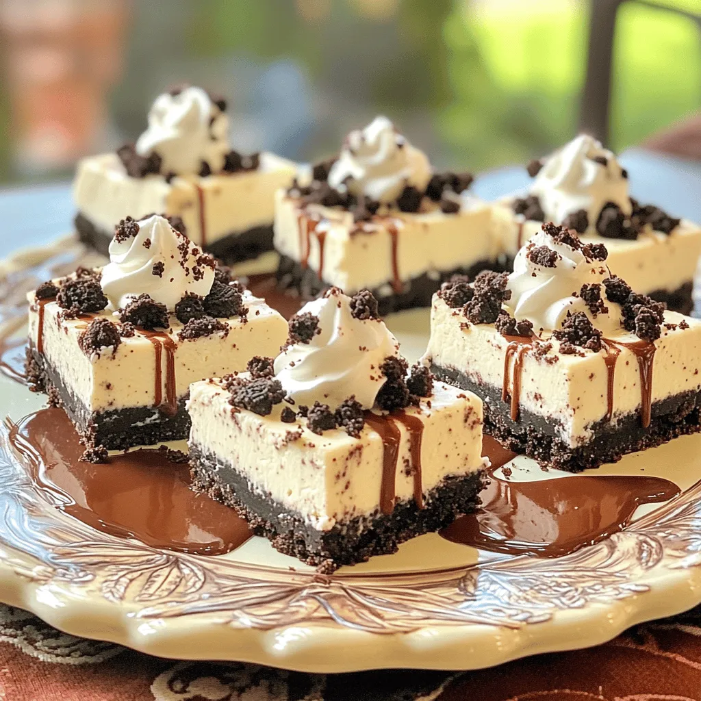To make No-Bake Oreo Cheesecake Bars, you need the following ingredients: - 24 Oreo cookies (plus extra for garnish) - 1/4 cup unsalted butter, melted - 16 oz cream cheese, softened - 1 cup powdered sugar, sifted - 1 teaspoon vanilla extract - 1 cup heavy whipping cream, chilled - 1/4 cup chocolate sauce (optional) These ingredients create a rich and creamy cheesecake that pairs perfectly with the crunchy Oreo crust. The cream cheese gives it a smooth texture, while the whipped cream adds lightness. The melted butter helps bind the crust, making it sturdy. Don't forget the chocolate sauce, if you want an extra touch of sweetness! Using quality ingredients makes a big difference. I always choose fresh cream cheese and real vanilla extract for the best flavor. If you can't find Oreo cookies, you can use any chocolate cookie as a base. Just make sure it has a similar texture. This treat is simple to make and a delight to share! To start, we need to crush the Oreo cookies. Place 24 Oreo cookies in a food processor. Pulse them until they look like fine sand. This step is key for a great crust. Next, melt 1/4 cup of unsalted butter. Pour the melted butter into the crushed cookies. Pulse again until the mix is moist and well combined. Now, take the Oreo mixture and press it firmly into a 9x9 inch baking dish. Use your hands or the back of a spoon to make it even. Make sure the crust is compact. This helps it hold together well. Once you finish, place the dish in the fridge. Let it chill while you prepare the filling. In a large bowl, beat 16 oz of softened cream cheese with an electric mixer. Mix until it's totally smooth. This makes a creamy filling. Gradually add in 1 cup of sifted powdered sugar and 1 teaspoon of vanilla extract. Keep mixing until the mixture is lump-free and blended. In a separate bowl, pour in 1 cup of chilled heavy whipping cream. Use an electric mixer on high speed. Beat it until stiff peaks form. This step is very important. It gives your cheesecake a light and fluffy texture. Now, gently fold the whipped cream into the cream cheese mixture. Use a spatula and be careful not to over-mix. You want to keep that airy texture. Once combined, pour the cheesecake filling over the chilled Oreo crust. Use a spatula to spread it evenly across the top. For the final touch, crush a few extra Oreo cookies. Sprinkle these crumbs on top of the cheesecake filling. If you like, drizzle some chocolate sauce too. It adds a nice touch. Cover the dish tightly with plastic wrap. Chill it in the fridge for at least 4 hours. This helps the cheesecake set properly. Softening cream cheese is key. If it's too cold, it clumps. Leave it out for an hour. This makes mixing easy. I recommend using a mixer to beat it until smooth. This step helps create a creamy filling. Whipping cream is also crucial. Start with chilled heavy cream. Beat it on high speed until stiff peaks form. This adds air and lightness. Don’t rush! If you beat it too long, it can turn into butter. You can present cheesecake bars in fun ways. Try cutting them into fun shapes. A heart or star can make it special. Adding a dollop of whipped cream on top is always a hit. You can also sprinkle extra Oreo crumbs for a nice touch. Pair these bars with drinks like coffee or milk. A sweet red wine can work too. This creates a delightful balance of flavors. If your cheesecake does not set, it may need more chilling time. Chill it longer, then check again. You can also try adding gelatin next time for a firmer texture. Grainy filling happens if the cream cheese is not smooth enough. Make sure to beat it well. If it still seems grainy, avoid over-mixing the whipped cream. Gently fold it in to keep the air. {{image_4}} You can easily change the flavor of these cheesecake bars. Adding fruit gives a fresh twist. Fresh strawberries, raspberries, or blueberries work well. Just fold in fruit before pouring the filling. You can also use flavored cream cheese to add unique tastes. Using different cookies for the crust can change the whole vibe. Try chocolate sandwich cookies or graham crackers. Each type brings its own flavor and texture. Mix and match to find your favorite. If you want a gluten-free version, just use gluten-free Oreo cookies. These cookies taste great and keep the same yummy flavor. You can also use almond flour for the crust if you need a grain-free option. For a low-sugar version, try using stevia or erythritol. These sweeteners give you the sweetness without the calories. Make sure to adjust the amount to taste. Incorporating seasonal flavors can make these bars even more special. For fall, add pumpkin puree and spices like cinnamon. This gives the bars a warm, cozy flavor. For winter, consider peppermint extract. Just a tiny bit can create a festive treat. To keep your cheesecake bars fresh, you should store them in the fridge. Place the bars in an airtight container. This helps prevent them from absorbing odors from other foods. You can also cover the dish tightly with plastic wrap. If you want to save some for later, freezing works well too. Cut the bars into portions and wrap each piece in plastic wrap. Then place them in a freezer-safe bag or container. This way, you can enjoy them even after a few weeks. These cheesecake bars last about 5 days in the fridge. Make sure to keep them covered. If they start to look dry or change color, it’s best to toss them. Signs of spoilage include a sour smell or any mold growth. Always trust your senses when deciding if food is still good. If you see, smell, or taste anything off, it’s safer to discard the dessert. Yes, you can. Here are some great options: - Chocolate sandwich cookies - Graham crackers - Digestive biscuits - Peanut butter cookies Experimenting with other cookies can change the flavor. Use what you love! You can make it dairy-free easily. Try these swaps: - Use dairy-free cream cheese - Replace heavy cream with coconut cream - Use almond milk or oat milk instead of regular milk These options keep it creamy and delicious. Sure! Here are some tips: - Prepare and chill them the night before. - Cover them well so they stay fresh. - Serve within three days for best taste. Making them in advance saves time for your celebration! You learned how to make delicious Oreo cheesecake bars from start to finish. We covered the key ingredients, step-by-step instructions, and helpful tips. You can get creative with flavors and variations too. Enjoy making these treats just how you like them. With practice, you'll bake perfect cheesecake bars every time. Now, gather your ingredients and impress your friends and family with your new skills!