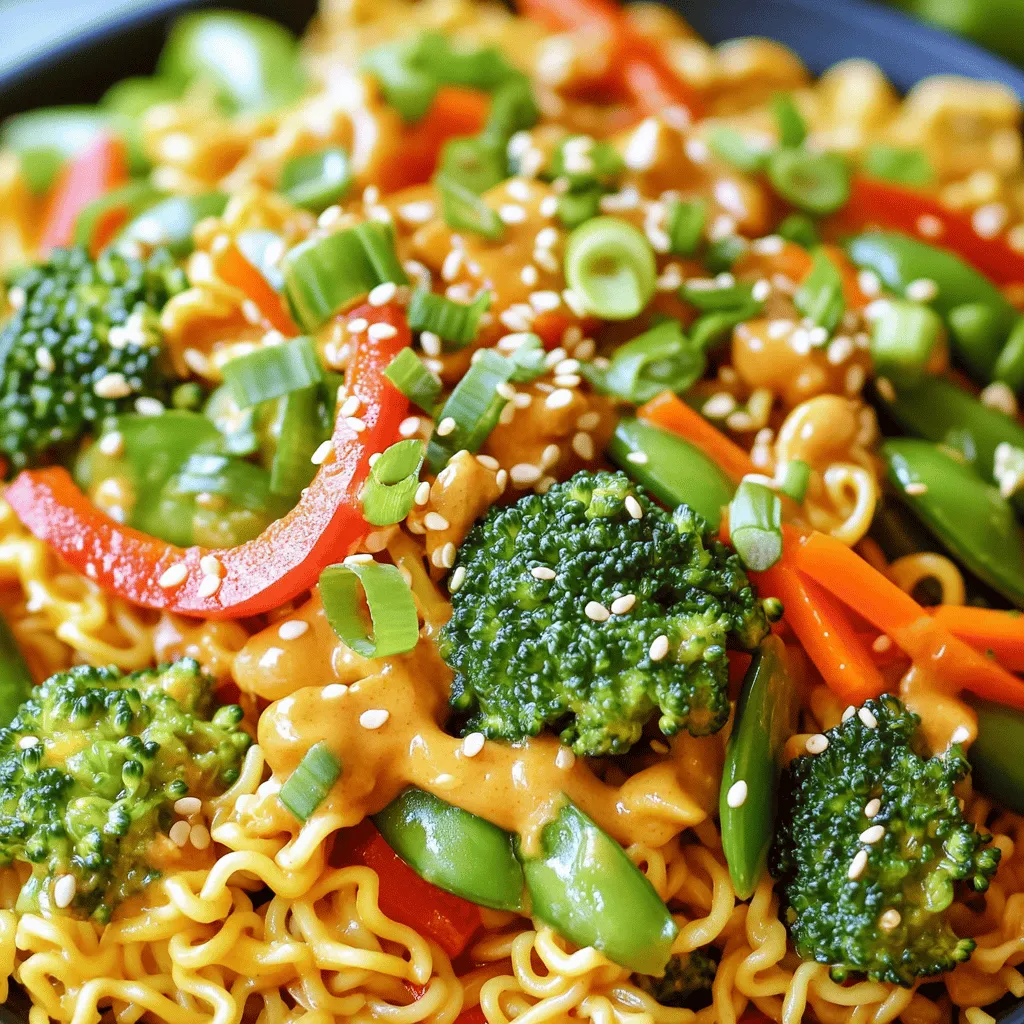 - 2 packs of instant ramen noodles (discard the seasoning packets) - 1 cup broccoli florets - 1 red bell pepper, thinly sliced - 1 medium carrot, julienned - 1 cup snap peas - 3 green onions, chopped (separating the white and green parts) - 2 tablespoons vegetable oil - 3 tablespoons creamy peanut butter - 2 tablespoons soy sauce (or tamari for a gluten-free option) - 1 tablespoon sriracha (adjust based on your spice preference) - 1 tablespoon sesame oil - Salt and pepper to taste - Toasted sesame seeds for garnish You can swap the instant ramen for soba noodles or rice noodles for a different taste. If you do not have broccoli, use spinach or bok choy. Instead of red bell pepper, try yellow or green peppers. You can replace snap peas with green beans or edamame. Use any other nut butter if peanut butter is not available. Always choose bright and crisp vegetables. Look for broccoli with tight florets and vibrant green color. For bell peppers, pick ones that feel firm and heavy. Fresh snap peas should snap easily when bent. Use green onions that are bright green and not wilted. This ensures your stir fry tastes fresh and crunchy. Start by boiling water in a pot. Once it’s boiling, add the ramen noodles. Cook them for about 3 minutes. Drain the noodles well and place them in a bowl. Set them aside, but keep them warm. In a large skillet or wok, pour in the vegetable oil. Heat it over medium-high heat until it shimmers. Next, add the white parts of the green onions, broccoli, red bell pepper, carrot, and snap peas. Stir-fry these for 3 to 4 minutes. You want them to be soft but still crunchy. This keeps the flavors bright and fresh. While the veggies cook, grab a small bowl. In it, whisk together creamy peanut butter, soy sauce, sriracha, and sesame oil. Mix until smooth and consistent. This sauce adds a rich and spicy kick to your dish. Once the veggies are ready, add the drained ramen to the skillet. Pour in the peanut sauce. Use tongs or a spatula to toss everything together gently. Cook for about 2 minutes until everything is heated through. Taste and add salt and pepper as needed. Finally, serve the stir fry in bowls. Top with the green onion greens and a sprinkle of toasted sesame seeds. Enjoy your meal! To get the best texture in your stir fry, cook the ramen noodles just right. Boil them for about 3 minutes. Drain them well to avoid sogginess. When stir-frying, keep the vegetables crisp. Cook them for only 3-4 minutes. This way, they stay crunchy and add a nice bite to your dish. If you love heat, add more sriracha! Start with 1 tablespoon and taste it. You can always add more. For a milder dish, use less sriracha. You can also add red pepper flakes or fresh chili slices for extra spice. Adjust the heat level to match your taste. Presentation makes your dish pop! Serve the stir fry in a large bowl. Weave the noodles and veggies nicely. Sprinkle toasted sesame seeds on top. Add chopped green onions for color. For extra flair, add thinly sliced chili peppers. This makes your dish look as good as it tastes! {{image_4}} You can easily add protein to your Minute Spicy Peanut Ramen Stir Fry. Tofu, chicken, or shrimp works great. - Tofu: Use firm or extra-firm tofu. Cut it into cubes and pan-fry until golden. Add it when you toss the noodles. - Chicken: Slice chicken breast thinly. Cook it in the skillet for about 5-6 minutes until fully cooked. Then add the noodles and sauce. - Shrimp: Use raw shrimp, peeled and deveined. Cook shrimp for 2-3 minutes until pink. Mix with noodles and sauce. You can switch up the veggies based on what you have. This dish is very flexible. - Zucchini: Slice it thin. Add it when you stir-fry the other veggies. - Mushrooms: Use shiitake or button mushrooms. Slice them and add them for a nice umami flavor. - Spinach: Stir in fresh spinach at the end. It wilts quickly and adds color. Want a gluten-free version? No problem! Just make a few easy changes. - Noodles: Use rice noodles instead of ramen. They cook quickly and taste great. - Soy Sauce: Switch to tamari. It is gluten-free and has a similar taste. - Check Labels: Make sure all other ingredients are gluten-free, especially sauces. Feel free to mix and match with these variations to make your own perfect bowl! To store leftovers, let the stir fry cool first. Then, place it in an airtight container. Make sure to separate any toppings, like sesame seeds. This helps keep them crunchy. You can store the dish in the fridge for up to three days. For longer storage, consider freezing it. When you're ready to eat, you can reheat the stir fry. The best method is to use a skillet. Heat it over medium heat. Add a splash of water to keep it moist. Stir it for about five minutes until it's warmed through. You can also use a microwave. Just cover the dish and heat it in 30-second bursts. Stir between each burst to heat evenly. The shelf life of Minute Spicy Peanut Ramen Stir Fry varies. In the fridge, it lasts about three days. If you freeze it, you can enjoy it for up to three months. Just remember that freezing may change the texture slightly. It takes about 20 minutes to make this dish. You spend 10 minutes prepping the ingredients and 10 minutes cooking. The quick cooking time makes this meal perfect for busy days. Yes, you can make this dish ahead. Prepare the noodles and sauce, then store them separately. When you’re ready to eat, just stir-fry the veggies and mix everything together. This way, you save time during busy nights. You can serve this stir fry with a side salad or some fresh spring rolls. They add a nice crunch and freshness. You can also enjoy it with crispy tofu for added protein. Yes, this recipe is vegan-friendly! All the ingredients, including the peanut butter and soy sauce, are plant-based. You can enjoy this dish without any animal products, making it great for vegans and vegetarians. In this article, we covered how to make a tasty Minute Spicy Peanut Ramen Stir Fry. We reviewed the key ingredients and discussed substitutions and fresh tips. You learned step-by-step instructions, from cooking noodles to making peanut sauce. We also shared valuable tips for great texture and spice levels. Plus, we explored variations and storage info. Try these simple methods for a fulfilling meal. Enjoy your cooking adventure with this dish!