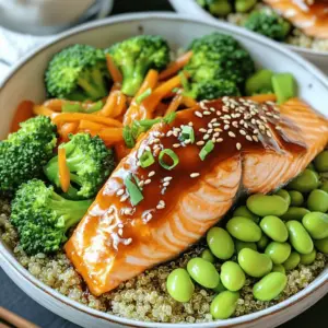 - 2 salmon fillets (approximately 6 oz each) - 1/3 cup low-sodium soy sauce - 2 tablespoons honey - 1 tablespoon rice vinegar - 1 tablespoon sesame oil - 1 teaspoon fresh ginger, grated - 2 cloves garlic, minced - 1 cup quinoa, thoroughly rinsed - 2 cups water or vegetable broth - 1 cup broccoli florets - 1 carrot, julienned - 1/2 cup shelled edamame In this recipe, salmon is the star. It’s rich in omega-3 fats and full of flavor. We use low-sodium soy sauce for a balanced taste that won’t overpower the dish. Honey adds natural sweetness, while rice vinegar gives a touch of tang. Sesame oil brings a nutty flavor that pairs well with the fish. Quinoa is a great base for this bowl. It is high in protein and easy to cook. Fresh vegetables like broccoli, carrots, and edamame not only add color but also nutrients. They give the dish a nice crunch and freshness. - Salt and pepper - 1 tablespoon sesame seeds - 2 green onions, finely sliced for garnish Salt and pepper are key for enhancing flavors. They help to bring out the best in our salmon and veggies. After cooking, we sprinkle sesame seeds on top. They add a lovely crunch. Sliced green onions finish the dish with a fresh bite. Their bright color makes the bowls look inviting. This simple mix of ingredients creates a meal that is healthy and satisfying. You can enjoy it any day of the week. To make the teriyaki sauce, start by mixing these ingredients in a small saucepan: - 1/3 cup low-sodium soy sauce - 2 tablespoons honey - 1 tablespoon rice vinegar - 1 tablespoon sesame oil - 1 teaspoon fresh ginger, grated - 2 cloves garlic, minced Place the saucepan over medium heat. Stir the mixture until the honey dissolves. Allow it to simmer gently for 5 to 7 minutes. This thickens the sauce just right. Once done, remove the pan from heat and let the sauce cool. Next, cook the quinoa. In a medium pot, combine: - 1 cup quinoa, thoroughly rinsed - 2 cups water or vegetable broth Bring this mixture to a boil. After boiling, reduce the heat to low. Cover the pot with a lid and let it simmer for about 15 minutes. The quinoa absorbs all the liquid and becomes fluffy. Remove it from heat and let it sit, covered, for a few minutes. While the quinoa cooks, prepare the veggies. Steam 1 cup of broccoli florets for about 5 minutes until they turn tender and bright green. In a separate skillet, drizzle a little oil and sauté: - 1 carrot, julienned - 1/2 cup shelled edamame Sauté these for 2 to 3 minutes until warmed through. Add a pinch of salt and pepper for extra flavor. Now, it’s time to glaze the salmon. Preheat your grill or non-stick skillet over medium-high heat. Season the two salmon fillets (about 6 oz each) with salt and pepper on both sides. If you use a skillet, place the fillets skin-side down. Brush a good amount of the teriyaki sauce over the top. Cook for 4 to 5 minutes, then flip the salmon. Brush more sauce on the other side. Cook for an additional 4 to 5 minutes. The salmon is done when it reaches an internal temperature of 145°F. To assemble your bowls, start with a scoop of quinoa at the bottom of each bowl. Arrange the steamed broccoli, sautéed carrots, and edamame on top. Place a piece of glazed salmon on each. Drizzle any remaining teriyaki sauce over everything. Don’t forget to garnish! Sprinkle sesame seeds and sliced green onions over each bowl for added flavor and a nice look. Enjoy your teriyaki glazed salmon bowls! To cook salmon just right, check for doneness by looking at the color. The fish should change from bright pink to a light, opaque color. You can use a fork to flake a piece and see if it breaks apart easily. When choosing fillets, you may wonder about skin-on versus skinless. Skin-on fillets keep the moisture in and add flavor. Skinless fillets are easier to eat, but they can dry out faster. Choose based on your taste and preference. Rinsing quinoa is key. It washes away a bitter coating called saponin. Rinse it under cold water until the water runs clear. This step makes for a better taste. After cooking, fluff the quinoa with a fork. This lightens it up and makes it more appealing. For added flavor, cook quinoa in vegetable broth instead of water. This simple swap adds depth to your dish. You can also try mixing in herbs or spices as it cooks for even more flavor. To boost the teriyaki flavor, consider adding spices like garlic powder or crushed red pepper. You can also use alternative sweeteners like maple syrup or agave nectar. This keeps the meal interesting and tailored to your taste. You can choose between homemade or store-bought teriyaki sauce. Homemade is fresh and allows you to control the sweetness and saltiness. Store-bought saves time and often tastes great. Both options work well in your salmon bowls, so pick what suits you best. {{image_4}} You can swap out salmon for chicken, tofu, or shrimp. Each protein brings its own flavor. For chicken, use boneless thighs or breasts. Cook them until they are juicy and tender. For tofu, choose firm or extra-firm. Marinate it in the teriyaki sauce and pan-fry until golden. Shrimp cooks fast and pairs well with the sauce. Just sauté them for a few minutes until they turn pink. Mix in seasonal vegetables for a fresh twist. Try zucchini, bell peppers, or snap peas. They add color and crunch. Leafy greens like spinach or kale make a great addition. Just sauté or steam them to keep nutrients. You can also toss in some roasted sweet potatoes for a sweet touch. This makes each bowl unique and tasty. If you need a gluten-free option, use tamari or coconut aminos. These alternatives taste great and work well in the teriyaki sauce. They keep the flavor while making it safe for those with gluten sensitivities. Always check labels to ensure they are gluten-free. This way, everyone can enjoy their teriyaki glazed salmon bowls! To keep your teriyaki glazed salmon bowls fresh, store leftovers in airtight containers. Refrigerate them within two hours after cooking. This helps prevent bacteria growth. The meal will stay good for up to three days. If you want to keep it longer, consider freezing it. However, the texture may change when thawed. When reheating, aim to keep the salmon and quinoa moist. You can use a microwave or stovetop for this. For the microwave, place the bowl in and cover it with a damp paper towel. Heat for about 1-2 minutes. On the stovetop, warm the quinoa and vegetables in a pan over low heat. Add a splash of water to keep things from drying out. Check the salmon after about 3-4 minutes. Make sure it reaches a safe internal temperature of 145°F again. Yes, you can use frozen salmon. Just make sure to thaw it properly. Tips for thawing frozen salmon: - Place the frozen salmon in the fridge overnight. - For quick thawing, seal the salmon in a bag and submerge it in cold water for about an hour. The salmon is done when it reaches an internal temperature of 145°F. Recommended internal temperature and visual cues: - Look for the salmon to be opaque and flaky. - The flesh should easily separate with a fork. If you want to switch it up, you can use other grains. Alternative grains and their cooking methods: - Brown rice: Cook for about 45 minutes. - Farro: Cook for 25-30 minutes in boiling water. - Couscous: Just add boiling water and let it sit for 5 minutes. Yes, this recipe is great for meal prep. Meal prep strategies and timing considerations: - Cook the salmon and veggies ahead of time. - Store in airtight containers in the fridge for up to three days. - Reheat gently to keep the salmon tender. This blog post covered a delicious recipe that combines salmon, teriyaki sauce, quinoa, and vegetables. I shared step-by-step instructions for preparing each component, plus tips for perfecting the dish. You can experiment with different proteins and veggies, or modify for gluten-free needs. With proper storage and reheating methods, you can enjoy leftovers too. Use this recipe as a base for your culinary adventures. Cooking can be fun, and I hope you find joy in trying it out.