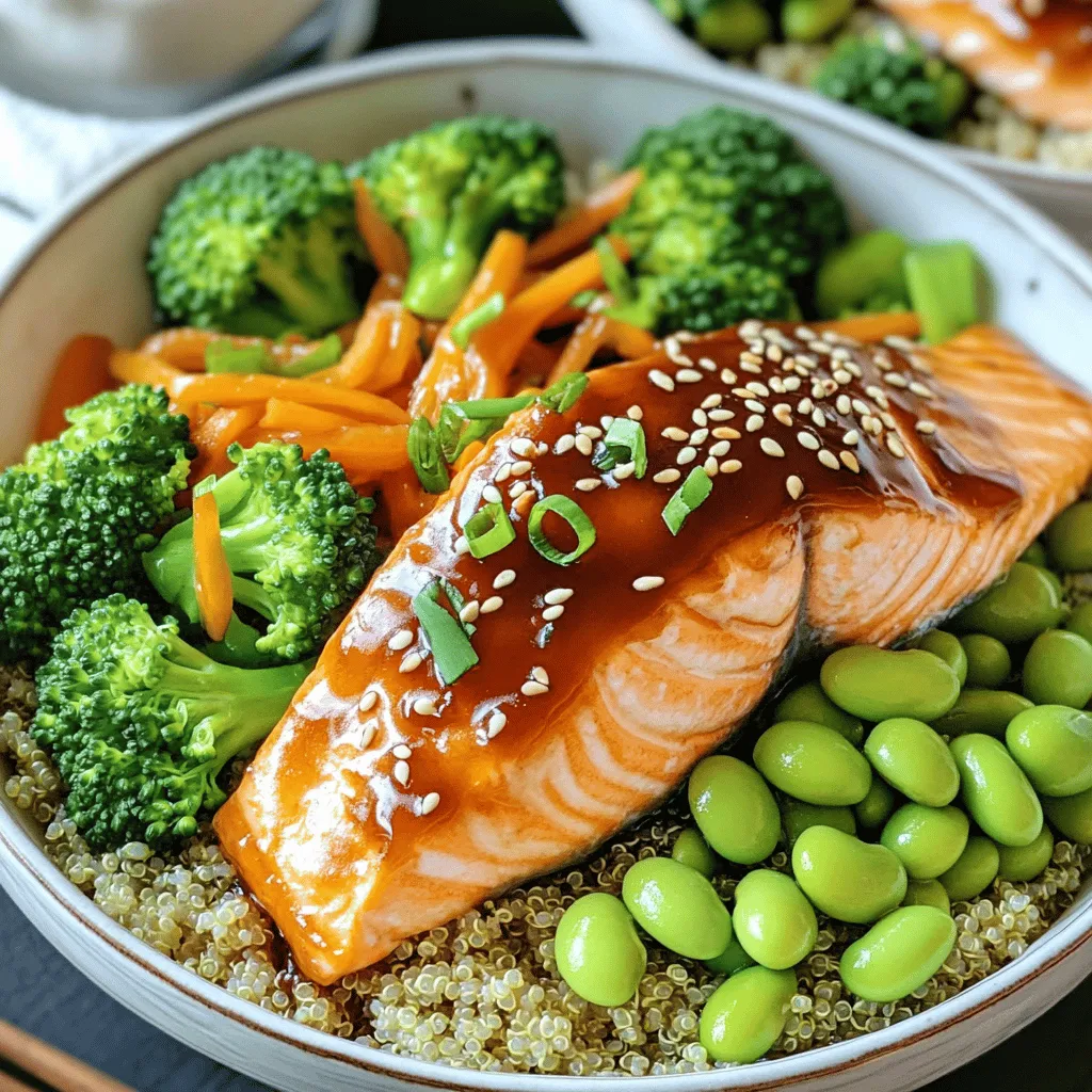 - 2 salmon fillets (approximately 6 oz each) - 1/3 cup low-sodium soy sauce - 2 tablespoons honey - 1 tablespoon rice vinegar - 1 tablespoon sesame oil - 1 teaspoon fresh ginger, grated - 2 cloves garlic, minced - 1 cup quinoa, thoroughly rinsed - 2 cups water or vegetable broth - 1 cup broccoli florets - 1 carrot, julienned - 1/2 cup shelled edamame In this recipe, salmon is the star. It’s rich in omega-3 fats and full of flavor. We use low-sodium soy sauce for a balanced taste that won’t overpower the dish. Honey adds natural sweetness, while rice vinegar gives a touch of tang. Sesame oil brings a nutty flavor that pairs well with the fish. Quinoa is a great base for this bowl. It is high in protein and easy to cook. Fresh vegetables like broccoli, carrots, and edamame not only add color but also nutrients. They give the dish a nice crunch and freshness. - Salt and pepper - 1 tablespoon sesame seeds - 2 green onions, finely sliced for garnish Salt and pepper are key for enhancing flavors. They help to bring out the best in our salmon and veggies. After cooking, we sprinkle sesame seeds on top. They add a lovely crunch. Sliced green onions finish the dish with a fresh bite. Their bright color makes the bowls look inviting. This simple mix of ingredients creates a meal that is healthy and satisfying. You can enjoy it any day of the week. To make the teriyaki sauce, start by mixing these ingredients in a small saucepan: - 1/3 cup low-sodium soy sauce - 2 tablespoons honey - 1 tablespoon rice vinegar - 1 tablespoon sesame oil - 1 teaspoon fresh ginger, grated - 2 cloves garlic, minced Place the saucepan over medium heat. Stir the mixture until the honey dissolves. Allow it to simmer gently for 5 to 7 minutes. This thickens the sauce just right. Once done, remove the pan from heat and let the sauce cool. Next, cook the quinoa. In a medium pot, combine: - 1 cup quinoa, thoroughly rinsed - 2 cups water or vegetable broth Bring this mixture to a boil. After boiling, reduce the heat to low. Cover the pot with a lid and let it simmer for about 15 minutes. The quinoa absorbs all the liquid and becomes fluffy. Remove it from heat and let it sit, covered, for a few minutes. While the quinoa cooks, prepare the veggies. Steam 1 cup of broccoli florets for about 5 minutes until they turn tender and bright green. In a separate skillet, drizzle a little oil and sauté: - 1 carrot, julienned - 1/2 cup shelled edamame Sauté these for 2 to 3 minutes until warmed through. Add a pinch of salt and pepper for extra flavor. Now, it’s time to glaze the salmon. Preheat your grill or non-stick skillet over medium-high heat. Season the two salmon fillets (about 6 oz each) with salt and pepper on both sides. If you use a skillet, place the fillets skin-side down. Brush a good amount of the teriyaki sauce over the top. Cook for 4 to 5 minutes, then flip the salmon. Brush more sauce on the other side. Cook for an additional 4 to 5 minutes. The salmon is done when it reaches an internal temperature of 145°F. To assemble your bowls, start with a scoop of quinoa at the bottom of each bowl. Arrange the steamed broccoli, sautéed carrots, and edamame on top. Place a piece of glazed salmon on each. Drizzle any remaining teriyaki sauce over everything. Don’t forget to garnish! Sprinkle sesame seeds and sliced green onions over each bowl for added flavor and a nice look. Enjoy your teriyaki glazed salmon bowls! To cook salmon just right, check for doneness by looking at the color. The fish should change from bright pink to a light, opaque color. You can use a fork to flake a piece and see if it breaks apart easily. When choosing fillets, you may wonder about skin-on versus skinless. Skin-on fillets keep the moisture in and add flavor. Skinless fillets are easier to eat, but they can dry out faster. Choose based on your taste and preference. Rinsing quinoa is key. It washes away a bitter coating called saponin. Rinse it under cold water until the water runs clear. This step makes for a better taste. After cooking, fluff the quinoa with a fork. This lightens it up and makes it more appealing. For added flavor, cook quinoa in vegetable broth instead of water. This simple swap adds depth to your dish. You can also try mixing in herbs or spices as it cooks for even more flavor. To boost the teriyaki flavor, consider adding spices like garlic powder or crushed red pepper. You can also use alternative sweeteners like maple syrup or agave nectar. This keeps the meal interesting and tailored to your taste. You can choose between homemade or store-bought teriyaki sauce. Homemade is fresh and allows you to control the sweetness and saltiness. Store-bought saves time and often tastes great. Both options work well in your salmon bowls, so pick what suits you best. {{image_4}} You can swap out salmon for chicken, tofu, or shrimp. Each protein brings its own flavor. For chicken, use boneless thighs or breasts. Cook them until they are juicy and tender. For tofu, choose firm or extra-firm. Marinate it in the teriyaki sauce and pan-fry until golden. Shrimp cooks fast and pairs well with the sauce. Just sauté them for a few minutes until they turn pink. Mix in seasonal vegetables for a fresh twist. Try zucchini, bell peppers, or snap peas. They add color and crunch. Leafy greens like spinach or kale make a great addition. Just sauté or steam them to keep nutrients. You can also toss in some roasted sweet potatoes for a sweet touch. This makes each bowl unique and tasty. If you need a gluten-free option, use tamari or coconut aminos. These alternatives taste great and work well in the teriyaki sauce. They keep the flavor while making it safe for those with gluten sensitivities. Always check labels to ensure they are gluten-free. This way, everyone can enjoy their teriyaki glazed salmon bowls! To keep your teriyaki glazed salmon bowls fresh, store leftovers in airtight containers. Refrigerate them within two hours after cooking. This helps prevent bacteria growth. The meal will stay good for up to three days. If you want to keep it longer, consider freezing it. However, the texture may change when thawed. When reheating, aim to keep the salmon and quinoa moist. You can use a microwave or stovetop for this. For the microwave, place the bowl in and cover it with a damp paper towel. Heat for about 1-2 minutes. On the stovetop, warm the quinoa and vegetables in a pan over low heat. Add a splash of water to keep things from drying out. Check the salmon after about 3-4 minutes. Make sure it reaches a safe internal temperature of 145°F again. Yes, you can use frozen salmon. Just make sure to thaw it properly. Tips for thawing frozen salmon: - Place the frozen salmon in the fridge overnight. - For quick thawing, seal the salmon in a bag and submerge it in cold water for about an hour. The salmon is done when it reaches an internal temperature of 145°F. Recommended internal temperature and visual cues: - Look for the salmon to be opaque and flaky. - The flesh should easily separate with a fork. If you want to switch it up, you can use other grains. Alternative grains and their cooking methods: - Brown rice: Cook for about 45 minutes. - Farro: Cook for 25-30 minutes in boiling water. - Couscous: Just add boiling water and let it sit for 5 minutes. Yes, this recipe is great for meal prep. Meal prep strategies and timing considerations: - Cook the salmon and veggies ahead of time. - Store in airtight containers in the fridge for up to three days. - Reheat gently to keep the salmon tender. This blog post covered a delicious recipe that combines salmon, teriyaki sauce, quinoa, and vegetables. I shared step-by-step instructions for preparing each component, plus tips for perfecting the dish. You can experiment with different proteins and veggies, or modify for gluten-free needs. With proper storage and reheating methods, you can enjoy leftovers too. Use this recipe as a base for your culinary adventures. Cooking can be fun, and I hope you find joy in trying it out.