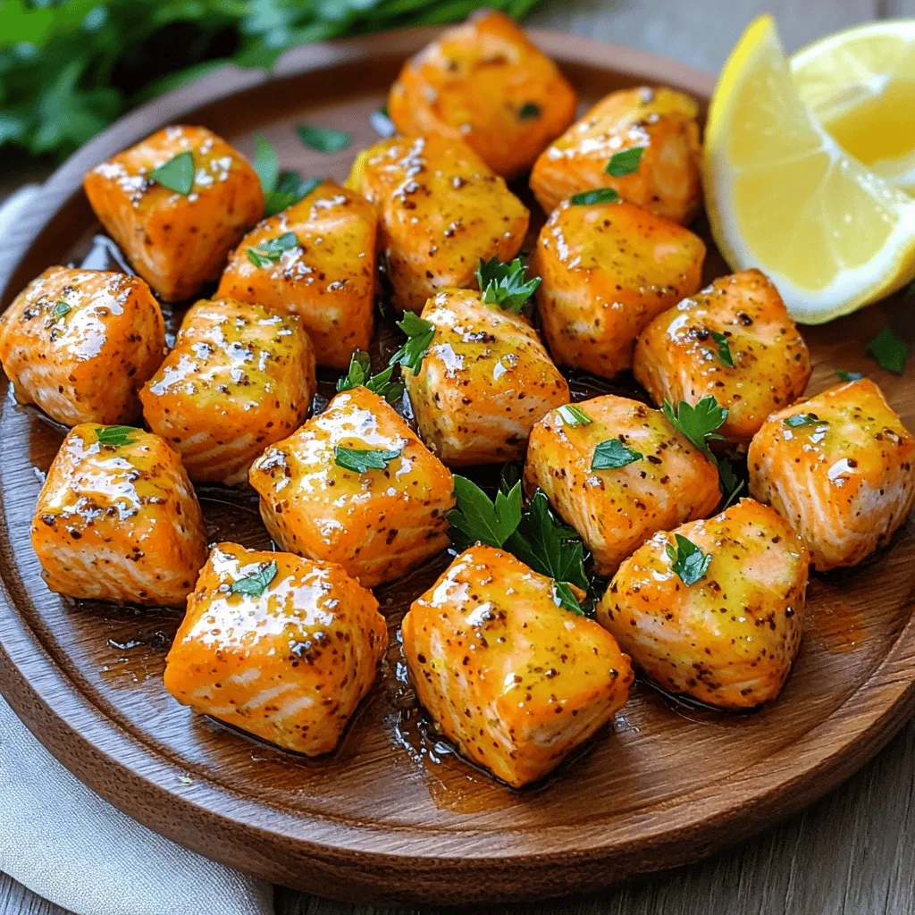 - 1 lb skinless salmon fillet, cut into bite-sized cubes - 2 tablespoons extra virgin olive oil - Zest of 1 lemon - 2 tablespoons fresh lemon juice I love using skinless salmon for this dish. It cooks quickly and stays moist. Cut the salmon into bite-sized cubes. This shape helps the salmon cook evenly and makes it easy to eat. The fresh lemon juice and zest bring a bright flavor that pairs perfectly with the salmon. - 1 teaspoon freshly cracked black pepper - 1 teaspoon garlic powder - 1 teaspoon onion powder - 1/2 teaspoon sea salt These seasonings are key to making this dish pop. The black pepper adds heat, while garlic and onion powders give it depth. The sea salt enhances all the flavors. Mix these with the olive oil and lemon juice to make a tasty marinade. This step is vital for that zesty kick. - Fresh parsley, finely chopped (for garnish) - Lemon wedges (for serving) Garnishing is the finishing touch that makes your dish look amazing. I like to sprinkle fresh parsley on top. It adds a nice color and fresh taste. Serve lemon wedges on the side for an extra zing. Squeezing fresh lemon juice over the salmon bites right before eating elevates the flavor. Enjoy these bites hot for the best taste! To make the marinade, grab a medium bowl. Add 2 tablespoons of extra virgin olive oil. Then, zest one lemon into the bowl. This adds a bright, fresh taste. Next, squeeze in 2 tablespoons of fresh lemon juice. The juice will make the salmon juicy and flavorful. Add 1 teaspoon of freshly cracked black pepper for a kick. Then, sprinkle in 1 teaspoon of garlic powder and 1 teaspoon of onion powder. These spices give the salmon depth. Finally, add 1/2 teaspoon of sea salt. Whisk all the ingredients together until everything blends well. The marinade will smell amazing! Now, take 1 pound of skinless salmon fillet and cut it into bite-sized cubes. Carefully place the salmon cubes into the bowl with your marinade. Gently toss the salmon to coat each piece. Make sure every cube is covered with the marinade. This step is key for flavor. Let the salmon sit at room temperature for about 15 minutes. This lets the flavors soak in and makes every bite taste great. Preheat your air fryer to 400°F (200°C). This should take about 3-5 minutes. A hot air fryer cooks the salmon evenly. After preheating, arrange the marinated salmon bites in a single layer in the air fryer basket. Make sure to leave space between each piece. This helps them cook properly and become crispy. Cook the salmon bites for 8-10 minutes. Halfway through, gently shake the basket. This ensures even cooking. When done, the salmon should look cooked through and have a nice golden edge. Carefully take the salmon bites out and place them on a serving plate. Enjoy your flavorful salmon bites! To get the best salmon bites, start with fresh salmon. I use skinless fillets for a tender texture. Cut the salmon into even, bite-sized cubes. This helps them cook evenly. Marinate the salmon for at least 15 minutes. This gives the flavors time to soak in. If you can, let it sit longer, but 15 minutes works great! For crispy salmon, use the right oil. I recommend extra virgin olive oil. It helps brown the salmon and adds flavor. Arrange the pieces in a single layer in the air fryer basket. Avoid overcrowding; this is key for crispiness. Shake the basket halfway through cooking. This promotes even cooking and helps achieve that delightful crunch. Set your air fryer to 400°F (200°C). Preheat it for 3-5 minutes before adding the salmon. Cook the salmon bites for 8-10 minutes. Check for doneness; they should look golden and slightly crispy. If you prefer your salmon a bit more done, add an extra minute or two. {{image_4}} You can change the taste of your salmon with different herbs and spices. Try adding dill for a fresh, herby flavor. A touch of smoked paprika can give a nice kick. You might enjoy using cumin for a warm, earthy taste. Experiment with fresh herbs like basil or cilantro for a twist. Each herb can bring a unique touch to your lemon pepper salmon bites. You can cook your salmon bites in an oven if you don't have an air fryer. Preheat the oven to 425°F (220°C). Arrange the salmon bites on a baking sheet lined with parchment paper. Bake for 12-15 minutes or until cooked through. The oven gives a different texture, but it still tastes great. The air fryer offers a crispier finish, while the oven provides a more gentle cook. Consider serving your salmon bites with a variety of sides. A fresh salad with mixed greens is a great choice. You can also serve them with roasted veggies for added flavor. For dips, try a simple yogurt sauce or a zesty garlic aioli. These options will enhance the meal and give you different tastes with every bite. Enjoy crafting your perfect plate! After cooking, let the salmon bites cool down. Place them in an airtight container. You can keep them in the fridge for up to three days. If you want to save them longer, freezing is a great option. To reheat salmon bites, use an air fryer or oven. Preheat the air fryer to 350°F (175°C). Heat for about 5-7 minutes. This keeps them crispy. If using an oven, set it to 350°F (175°C) and heat for about 10 minutes. Avoid the microwave to keep texture. You can freeze marinated salmon bites before cooking. Lay them on a tray and freeze until firm. Then, transfer to a freezer bag. They can last up to three months. When ready to cook, thaw in the fridge overnight. Cook as normal after thawing. Yes, you can use skin-on salmon. The skin adds flavor and texture. Just be sure to remove the skin after cooking if you prefer skinless bites. Skin-on salmon may take a bit longer to cook, so check it closely. These salmon bites taste great with many sides. Here are some ideas: - Steamed broccoli - Garlic mashed potatoes - Quinoa salad - Roasted asparagus - Garden salad These sides balance the lemony flavor of the salmon. You should air fry salmon for 8 to 10 minutes. This timing works well for bite-sized pieces. Remember to shake the basket halfway through cooking. This helps ensure even cooking. Yes, marinating the salmon overnight is fine. It allows the flavors to deepen. Just keep it in the fridge. When ready to cook, take it out and let it sit at room temperature for about 15 minutes. This helps with even cooking. If you don’t have an air fryer, you can bake the salmon bites. Preheat your oven to 400°F (200°C). Place the salmon bites on a baking sheet. Bake for about 12 to 15 minutes. Make sure to watch them closely for doneness. In this article, we explored how to make delicious air fryer lemon pepper salmon bites. You learned about the main ingredients, seasonings, and serving options. I shared step-by-step instructions for marinating and cooking the bites. Tips helped ensure your salmon turns out perfect and crispy every time. We also discussed variations, storage, and FAQs to clear up any doubts. Enjoy making this tasty dish! You now have all the tools to impress everyone at your next meal.