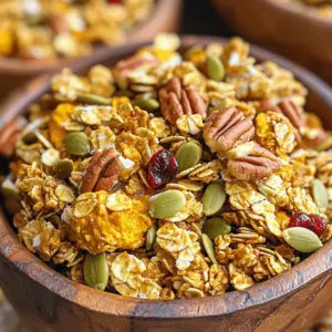 - 3 cups rolled oats - 1 cup chopped pecans - 1 cup pumpkin seeds These main ingredients give your granola a hearty base. Rolled oats provide fiber and crunch. Chopped pecans add a nutty flavor and healthy fats. Pumpkin seeds, or pepitas, offer extra protein and a nice crunch. - 1/2 cup pure maple syrup - 1/4 cup coconut oil, melted - 1 tablespoon pumpkin pie spice Pure maple syrup adds natural sweetness. Coconut oil helps bind the granola and adds a light flavor. Pumpkin pie spice brings that warm, fall vibe with hints of cinnamon and nutmeg. - 1/2 cup unsweetened coconut flakes - 1/2 cup dried cranberries or raisins (optional) - 1/2 teaspoon vanilla extract You can add unsweetened coconut flakes for extra texture. Dried cranberries or raisins introduce a chewy sweetness. A touch of vanilla extract enhances all the flavors. Feel free to mix and match based on what you like! 1. Preheat your oven to 350°F (175°C). This step is key to getting a nice crunch. 2. Prepare a large baking sheet. Line it with parchment paper. This will stop the granola from sticking. 1. In a big bowl, combine the dry ingredients. Add the rolled oats, chopped pecans, pumpkin seeds, and coconut flakes. Mix them well. 2. In another bowl, whisk together the wet ingredients. Combine maple syrup, melted coconut oil, pumpkin puree, pumpkin pie spice, vanilla extract, and salt. Make sure it is smooth. 1. Pour the wet mixture over the dry ingredients. Use a spatula to stir everything together. Ensure all the dry bits get coated well. 2. Spread the granola mixture evenly on the baking sheet. This helps it cook evenly. 3. Bake in the oven for 25-30 minutes. Stir halfway through to promote even toasting. Watch it carefully. You want it golden brown and fragrant. 4. Let the granola cool completely on the baking sheet. This helps it firm up and form clusters. If you like, mix in dried cranberries or raisins after cooling. 5. Store the cooled granola in an airtight container. It stays fresh for up to two weeks. Enjoy it anytime! To get that perfect crunch, stir your granola halfway through baking. This step helps it cook evenly. Without stirring, some parts might burn while others stay soft. After baking, let your granola cool completely on the baking sheet. This cooling time is key. It helps the granola firm up and form those tasty clusters we all love. You can boost the flavor of your granola in many ways. Try adding extra spices, like cinnamon or nutmeg. You can also mix in extracts, such as almond or maple, for a different twist. If you want it sweeter, feel free to adjust the amount of pure maple syrup. A little more or less can change the flavor profile entirely! Serving your pumpkin spice granola can be fun and creative. I love to serve it in bowls with creamy yogurt and fresh fruit. Banana slices or berries make great toppings. You can also sprinkle granola over your salads. It adds a nice crunch and makes your dish more exciting. {{image_4}} You can swap out nuts or seeds in your granola. Try almonds or sunflower seeds instead of pecans or pumpkin seeds. This change adds different textures and flavors. You can also mix in dried fruits. Dried cranberries, raisins, or even chopped apricots work well. These fruits add sweetness and chewiness to the crunch. Want to change the flavor? You can add chocolate or cocoa. Chopped dark chocolate adds richness. Cocoa powder gives a deep, chocolatey taste. You can also play with seasonal spices. Try cinnamon, nutmeg, or even cardamom for a twist. These spices keep your granola fresh and exciting. If you need gluten-free options, choose certified gluten-free oats. They keep the flavor but fit your diet. For vegan substitutions, use maple syrup instead of honey. You can also skip any dairy toppings. Enjoy your granola with almond milk or coconut yogurt. These changes ensure everyone can enjoy this fall treat! To keep your pumpkin spice granola fresh, store it in an airtight container. This helps to keep moisture out and maintains its crispness. You can use glass jars or plastic containers with tight lids. Make sure to let the granola cool fully before storing it. This prevents steam from building up inside the container. Your granola will stay fresh for up to two weeks. To tell if your granola is still good, check for changes in smell and texture. Fresh granola smells sweet and nutty. If it smells off or stale, it’s time to toss it. Also, look for signs of moisture. If you see clumps or it feels soggy, discard it. Fresh granola should be crunchy and flavorful. If your granola has lost its crunch, you can revive it. Spread the granola on a baking sheet in a thin layer. Preheat your oven to 300°F (150°C). Bake for about 5-10 minutes, stirring halfway through. This helps to bring back the crispy bits. Let it cool before eating. Enjoy your snack again! Pumpkin spice granola is a tasty mix of oats, nuts, and pumpkin flavors. It has warm spices like cinnamon and nutmeg. This blend gives it a cozy, fall vibe. You can enjoy it as a snack, breakfast, or topping for yogurt. The mix is crunchy and sweet, perfect for any time of the day. Yes, you can make this recipe nut-free! Just leave out the pecans. You can add more pumpkin seeds or even sunflower seeds instead. This way, you keep the crunch while making it safe for those with nut allergies. Homemade granola can last up to two weeks when stored well. Keep it in an airtight container to keep it fresh. If you notice it losing crunch or flavor, it might be time to toss it out. Always check for signs of spoilage. You can use fresh pumpkin! Just make sure to cook and puree it first. This means baking or steaming the pumpkin until soft, then blending it until smooth. Fresh pumpkin can add a different texture and taste to your granola. To make your granola crunchier, stir it halfway through baking. This helps it brown evenly. Also, let it cool completely on the baking sheet. Cooling helps the granola form clumps, giving it that desirable crunch. This blog post shared how to make delicious pumpkin spice granola. We covered key ingredients like oats, nuts, and sweeteners. You learned about the simple steps to prepare, mix, and bake. I also gave tips for perfect crunch and options for variations. Remember, granola can be fun and healthy. You can change flavors or make it fit your diet. Enjoy your homemade granola and try new ideas for serving it. Happy baking!