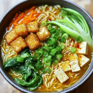- 4 cups vegetable broth - 3 tablespoons miso paste (white or yellow) - 1 tablespoon soy sauce - 1 tablespoon grated ginger - 2 cloves garlic, minced - 150g ramen noodles - 200g firm tofu, cubed - 2 tablespoons cornstarch - 3 tablespoons vegetable oil (for frying) - 1 cup bok choy, chopped - 1 carrot, julienned - Chili oil, for a spicy kick - Sesame seeds, for garnish - Green onions, sliced Gather these ingredients to create a rich bowl of miso ginger ramen. Each item plays a role in the dish’s flavor and texture. The vegetable broth forms the base, while miso paste adds depth. Ginger and garlic bring warmth and zest. Firm tofu provides protein, and the ramen noodles add heartiness. If you like it spicy, consider adding chili oil for a nice kick. Garnish with sesame seeds and green onions for extra flavor and crunch. This combination makes for a well-rounded and satisfying meal. - To start, press the tofu to remove moisture. Wrap it in a clean kitchen towel. Place a heavy object on top, like a cast-iron skillet. Let it rest for about 15 minutes. - When the tofu is pressed, cut it into bite-sized cubes. Make sure the pieces are even for cooking. - Next, coat the tofu with cornstarch. Place the cubes in a mixing bowl. Sprinkle cornstarch over them and toss gently. This makes the tofu crispy when fried. - Heat 3 tablespoons of vegetable oil in a non-stick skillet over medium-high heat. Add the coated tofu in a single layer. Fry for about 3-4 minutes on each side until golden brown. After frying, put the tofu on a paper towel-lined plate to drain excess oil. - In a large pot, combine the broth ingredients. Add 4 cups of vegetable broth, 3 tablespoons of miso paste, 1 tablespoon of soy sauce, 1 tablespoon of grated ginger, and 2 minced garlic cloves. - Heat this mixture over medium heat. Stir until the miso dissolves. Let it reach a gentle simmer for great flavor. - Now, add the ramen noodles to the simmering broth. Cook according to the package instructions, usually about 4-5 minutes. - In the last 2 minutes, throw in the chopped bok choy and julienned carrots. This lets the veggies soften just right. - Once the noodles and veggies are ready, divide everything into bowls. Ladle the rich miso ginger broth over the noodles. - Top each bowl with the crispy tofu. Garnish with sliced green onions, sesame seeds, and chili oil if you want extra heat. Enjoy your delicious bowl of ramen! To get the best crispy tofu, pressing it is key. Pressing removes extra moisture. This helps the tofu get crispy when cooked. Wrap the tofu in a clean towel. Place something heavy on top, like a skillet. Let it sit for about 15 minutes. After pressing, cut the tofu into cubes. For a great crunch, coat the tofu with cornstarch. Put the cubed tofu in a bowl. Sprinkle cornstarch over it. Toss gently until all pieces are coated. This step ensures each piece has a crispy layer when fried. You can adjust the broth to fit your taste. If you want more flavor, add more miso paste. A little extra soy sauce can enhance the taste. For a spicier broth, add chili oil. Just a drizzle can add a nice kick. If you like it richer, add a splash of sesame oil for depth. Pair your ramen with tasty side dishes. A simple cucumber salad can add a refreshing crunch. You might enjoy some edamame for extra protein. A light sake or green tea can complement the flavors well. For a fun twist, try serving with pickled vegetables. They add a tangy bite that contrasts nicely with the ramen. {{image_4}} You can switch up the protein in your ramen. Tempeh or seitan work great. Both are tasty and filling. Tempeh has a nutty flavor, while seitan has a chewy texture. They can absorb the miso ginger broth well. If you prefer tofu, try marinating it first. Use soy sauce, sesame oil, or ginger to add extra flavor. You can also bake the tofu for a different texture. Using seasonal veggies adds freshness to your dish. Think about adding mushrooms, bell peppers, or zucchini. These options boost the taste and nutrition. You could also use leafy greens like spinach or kale. They cook quickly and add color. Root veggies like sweet potatoes or radishes can add sweetness and crunch. It's a fun way to make each bowl unique. If you need a gluten-free version, substitute the ramen noodles. Use rice noodles or zucchini noodles instead. They cook fast and soak up flavor. You can also use gluten-free soy sauce in the broth. For thickening, consider arrowroot powder or gluten-free cornstarch. These keep the broth rich and smooth without gluten. Enjoy your ramen without worry! To keep your miso ginger ramen fresh, follow these steps: - Cool before storing: Let the ramen cool down to room temperature. - Use airtight containers: Place leftovers in a clean, airtight container. - Refrigerate: Store the container in the fridge. Prepared ramen lasts about 3 days in the fridge. The flavors will blend nicely over time. Just remember, keep the tofu separate if you want it crispy later. When reheating, you want to keep everything tasty. Here are some great methods: - On the stove: Pour the ramen into a pot. Heat it over low heat, stirring gently. - Microwave: Place ramen in a microwave-safe bowl. Cover it with a damp paper towel. Heat in short bursts, stirring in between. To ensure your tofu stays crispy, you can reheat it separately. Just warm it in a skillet for a few minutes. This keeps the crunch intact and makes your bowl delightful again. Yes, you can make this ramen vegan! To do this, follow these easy swaps: - Use vegetable broth instead of chicken broth. - Replace the soy sauce with tamari for a gluten-free option. - Ensure your miso paste is vegan; most are, but check the label. - You can add more veggies or use plant-based proteins like tempeh. If you can't find miso paste, don't worry! Here are some options: - Use tahini or peanut butter mixed with soy sauce for a similar flavor. - You can make a homemade version by blending nuts, seeds, and salt. - Some use nutritional yeast for a umami taste, though it won’t be the same. This recipe is mild by default. If you want more heat, try these tips: - Add chili oil when serving for a spicy kick. - Mix in Sriracha or red pepper flakes to the broth. - Adjust the spice to your taste; start small and add more. Yes, you can prepare parts of the ramen ahead! Here’s how: - Cook the broth and store it in the fridge for up to 3 days. - Cook the tofu and keep it crispy until serving. - You can also prep the veggies and noodles a day in advance. - Just heat everything up when you’re ready to eat! This ramen recipe combines healthy ingredients like tofu, vegetables, and flavorful broth. You learned how to prepare crispy tofu, make a tasty broth, and assemble a beautiful bowl. Remember to customize your broth and veggies for your taste. Enjoy experimenting with different proteins and spices. Each bowl can be your own creation. Store leftovers wisely to enjoy later. With this guide, you can create delightful ramen that satisfies. Dive in and make a bowl today!